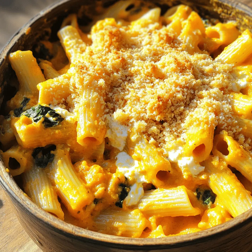 - 12 ounces pasta (penne or rotini) - 2 cups pumpkin puree (canned or homemade) - 1 cup ricotta cheese - 1 cup shredded mozzarella cheese - 1/2 cup grated Parmesan cheese - 1 teaspoon garlic powder - 1 teaspoon onion powder - 1/2 teaspoon Italian seasoning - 1/4 teaspoon nutmeg - Salt and pepper to taste - 2 cups vegetable broth - 1 tablespoon olive oil - 1 cup fresh spinach or kale, roughly chopped - 1/2 cup breadcrumbs (optional for topping) The key to a great cheesy pumpkin pasta bake is in the ingredients. First, I go with pasta like penne or rotini. These shapes hold the sauce well. Pumpkin puree gives the dish a rich, creamy texture. You can use canned or homemade. I love using ricotta cheese for a smooth base. Adding mozzarella gives that gooey, cheesy layer we all crave. Finally, Parmesan adds a nice sharpness. Next, the seasonings bring everything together. Garlic powder and onion powder add depth. Italian seasoning adds a lovely herbal note. A hint of nutmeg enhances the pumpkin flavor. Don’t forget to season with salt and pepper to taste. Vegetable broth adds moisture and a touch of flavor. For a little extra, I like to toss in fresh spinach or kale. They add color and nutrition. If you want a crunchy top, sprinkle breadcrumbs before baking. This mix of ingredients makes your one-pot dish a true delight. - Preheat to 350°F (175°C). - Heat one tablespoon of olive oil in a large pot. - Mix in two cups of pumpkin puree and two cups of vegetable broth. - Add one teaspoon of garlic powder, one teaspoon of onion powder, half a teaspoon of Italian seasoning, and one-fourth teaspoon of nutmeg. - Season with salt and pepper to taste. - Stir until everything is well mixed and warm. - Add twelve ounces of uncooked pasta to the pot. - Stir the pasta into the pumpkin mix. - Cover the pot with a lid and let it simmer for ten to twelve minutes. - Stir occasionally to keep the pasta from sticking. - The pasta should be al dente when done. - Remove the pot from heat after cooking the pasta. - Fold in one cup of ricotta cheese. - Add half of the shredded mozzarella and half of the grated Parmesan cheese. - Mix in one cup of chopped spinach or kale until evenly spread. - Sprinkle the rest of the mozzarella and Parmesan cheese on top. - If you like, add half a cup of breadcrumbs for a crunchy topping. - Place the pot in the preheated oven. - Bake for about twenty to twenty-five minutes. - Wait until the cheese is melted, bubbly, and the top is golden brown. Stirring your pasta bake is key. This step helps keep the pasta from sticking. I suggest stirring every few minutes while it cooks. This way, every piece of pasta gets coated in the tasty sauce. The right pasta texture is important too. Cook it just until it's al dente. This means it should be firm but not hard. When you bake it, the pasta will continue to cook in the oven. If you don't have ricotta cheese, you can use cottage cheese. It has a similar texture and flavor. For mozzarella, try using provolone or gouda. These cheeses melt well and add a new twist to the dish. If you want to switch up the Parmesan, consider using Pecorino Romano. It has a sharper taste and will add depth to your bake. To make your dish even tastier, think about adding fresh herbs. Basil or thyme can boost the flavor. You might also try adding a pinch of red pepper flakes for a little heat. Other spices can also enhance your bake. A sprinkle of smoked paprika will add a nice, warm flavor. Nutmeg is great too, as it pairs well with pumpkin. {{image_2}} You can boost the dish by adding protein. Chicken, sausage, or plant-based proteins work well. - Chicken: Cook diced chicken in olive oil before adding it to the pasta. - Sausage: Use sliced sausage for a hearty flavor. - Plant-Based Proteins: Try using lentils or chickpeas for a veggie twist. These options make the dish filling and delicious. To make this dish vegan, swap out dairy. Use cashew cheese instead of ricotta. - Cashew Cheese: Blend soaked cashews with nutritional yeast for a creamy texture. - Plant-Based Broth: Replace vegetable broth with a vegan option. This keeps the dish rich and tasty without animal products. Seasonal veggies add freshness. You can switch up the squash types too. - Seasonal Veggies: Try zucchini, bell peppers, or mushrooms for added flavor. - Different Squash: Butternut or acorn squash can replace pumpkin puree. This keeps your pasta bake exciting all year round! You can store leftovers in the fridge for up to three days. Place them in a sealed container. This keeps the dish fresh and tasty. To freeze the cheesy pumpkin pasta bake, let it cool first. Transfer it to an airtight container or freezer bag. Make sure to remove as much air as possible. This helps keep the flavors intact. You can freeze it for up to three months. For the best texture, reheat in the oven. Preheat to 350°F (175°C). Cover the dish with foil to keep it moist. Bake for about 20 minutes, or until heated through. You can also microwave it, but the oven gives a better result. If using a microwave, heat in short bursts, stirring in between. Enjoy your delicious cheesy pumpkin pasta bake! Yes, you can! Here are some options for alternative pasta shapes: - Fusilli - Farfalle - Ziti - Shells These shapes hold the cheesy sauce well. Choose any pasta you like! You can use several alternatives. Here are a few: - Butternut squash puree - Sweet potato puree - Carrot puree These options will give a similar taste and texture. They also add nutrition! To add some heat, try these suggestions: - Add red pepper flakes - Use spicy Italian sausage - Mix in jalapeños These will give your dish a nice kick, perfect for spice lovers! Yes, this dish is great for meal prep! Here are some tips: - Cook it in advance and let it cool. - Store in airtight containers in the fridge for up to four days. - Reheat in the oven or microwave. This makes it easy to enjoy later! This dish combines rich pumpkin, creamy cheeses, and tasty spices to create a warm meal. You can customize it with fresh greens or proteins for extra flavor. Remember to stir the pasta well and check texture for the best results. Store leftovers in the fridge or freezer for later enjoyment. I hope you feel inspired to try this easy recipe and make it your own! Enjoy every bite and happy cooking!