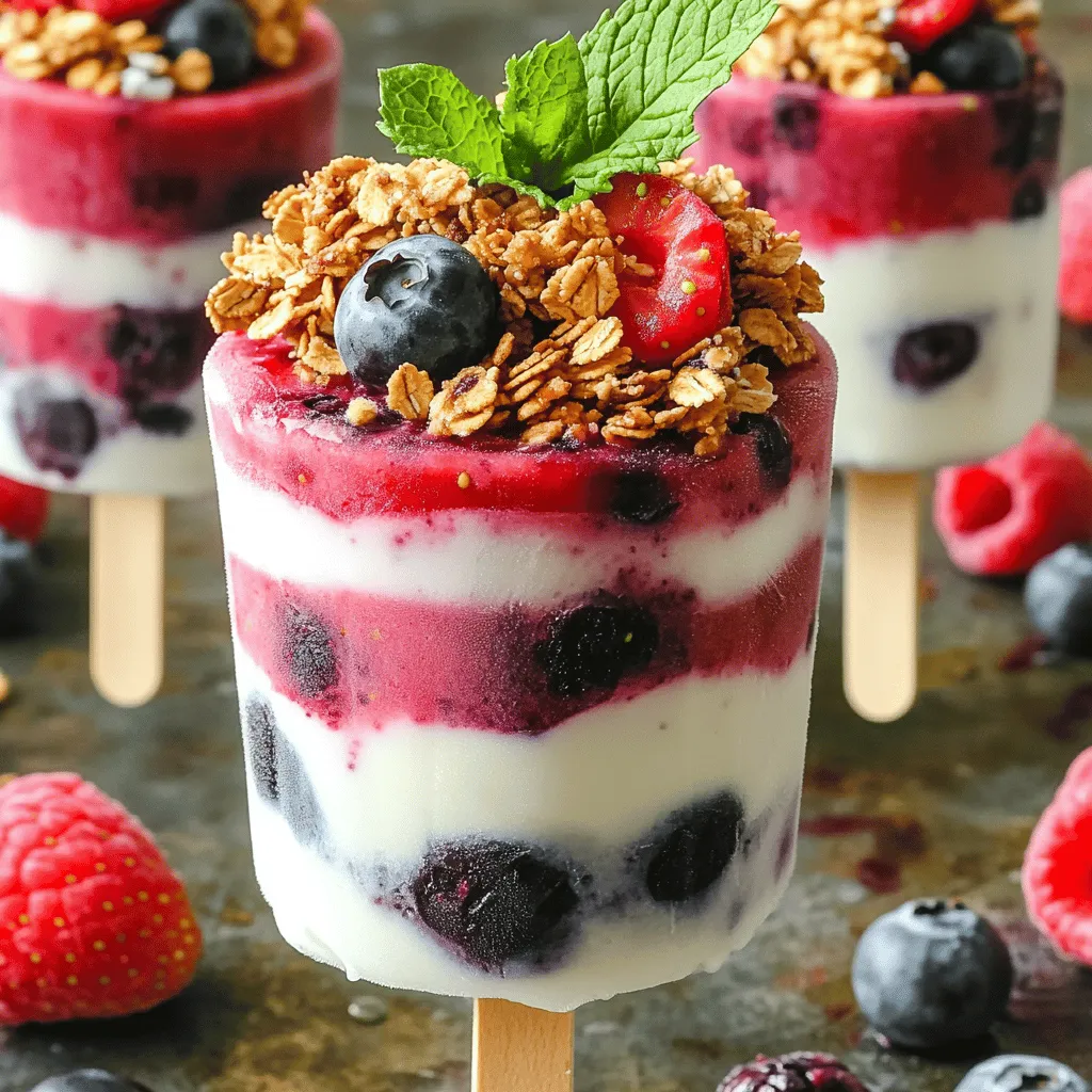 Here are the key ingredients you need for your Berry Yogurt Parfait Popsicles: - 2 cups Greek yogurt (plain or vanilla) - 1 cup mixed berries (strawberries, blueberries, raspberries) - 2 tablespoons honey or maple syrup - 1 teaspoon vanilla extract - 1/4 cup granola (optional) - Fresh mint leaves (optional) These ingredients come together to create a refreshing treat. Greek yogurt serves as the creamy base, while the mixed berries add vibrant color and flavor. You can choose honey or maple syrup to sweeten the yogurt, giving it a delightful taste. Vanilla extract adds a warm note. If you want some crunch, granola makes a great layer. Fresh mint leaves can brighten the popsicles and make them look lovely. Using fresh ingredients will give you the best flavor. If you like a bit more sweetness, adjust the honey or maple syrup to your taste. Enjoy creating this fun and fruity treat! To start, you need to blend the berries. I use a blender for this. Take half of your mixed berries and place them in the blender. Blend until the mix is smooth. If you want it sweeter, add a little honey or maple syrup to the berries. This adds a nice touch to the berry puree. You can adjust the sweetness based on your taste. Set the puree aside once it's smooth and ready. Next, it’s time to mix the yogurt. In a medium bowl, combine the Greek yogurt, honey or maple syrup, and vanilla extract. Stir well until it becomes smooth and creamy. This step is key for a great texture. You can taste the mixture to check if it’s sweet enough for you. Adjust the sweetness by adding more honey if needed. Now, let’s layer our popsicle mixture. Grab your popsicle molds and start with a layer of the yogurt mixture. Next, add a layer of the berry puree. If you want, sprinkle some granola on top for crunch. Repeat these layers until you fill the molds. Finish with a final layer of yogurt on top. This creates a nice look and taste when you eat them. It’s time to freeze your popsicles. Place the molds in the freezer for at least 4 to 6 hours. This time is important to ensure they freeze solid. Once they are frozen, removing them can be tricky. To de-mold, run warm water over the outside of the molds for a few seconds. This helps loosen them. Then, gently pull on the popsicle sticks to release your delicious treats. Enjoy! To make these popsicles your own, feel free to change the fruit. You can use: - Mango - Peaches - Pineapple You can also swap out Greek yogurt. Try using: - Coconut yogurt - Almond yogurt - Regular yogurt Each option gives a unique taste and texture. Make your popsicles look fun and tasty! Here are some ideas: - Add fresh mint leaves on top for a pop of green. - Drizzle with honey or maple syrup before serving. - Sprinkle extra granola on top for crunch. These small touches make a big difference. To avoid spills while freezing, fill your molds carefully. Don't overfill them. Leave a bit of space at the top. Make sure your popsicles freeze completely. Wait at least 4-6 hours. If they are not solid, they won't come out easily. Run warm water on the outside of the molds to help remove them. {{image_2}} You can make Berry Yogurt Parfait Popsicles even better. Use low-fat or dairy-free yogurt. This option keeps the creaminess and cuts down on calories. You can also try natural sweeteners like agave or stevia. These choices help you control the sugar while keeping the flavor. Change it up with seasonal fruits. In summer, add peaches or cherries. In fall, try pumpkin puree or apples. You can also make festive twists for holidays. For example, use crushed candy canes for winter pops or orange zest for Halloween. Want to serve this in another way? Turn the recipe into parfaits. Layer yogurt and berry puree in cups for a fun dessert. You can also make smoothie bowls with the same flavors. Just blend the mixture and top with granola and fruit. These options keep your treats fresh and exciting! To keep your Berry Yogurt Parfait Popsicles fresh, store them in an airtight container. This helps prevent freezer burn and keeps the flavors intact. If you use a popsicle mold, wrap it with plastic wrap before placing it in the freezer. - Make sure the container seals tight. - Place a piece of parchment paper on top before sealing, if desired. - Avoid stacking heavy items on top of your popsicles. For best flavor, eat them within two weeks. If you must keep them longer, check the temperature of your freezer. It should be at 0°F (-18°C) or lower. These popsicles can last about two to three weeks in the freezer. After that, the taste and texture might change. When they start to develop ice crystals or a dull color, it’s a sign they may not taste fresh. Look for these signs to know if they have gone bad: - Off or sour smell - Change in texture, becoming icy or grainy - Discoloration that was not present before If you notice any of these signs, it’s best to toss them. Enjoy your popsicles while they are fresh and tasty! You can use regular yogurt or plant-based yogurt as a substitute. If you prefer a dairy-free option, try coconut yogurt or almond yogurt. These alternatives still give a nice texture. However, they may change the flavor slightly. Yes, you can use frozen berries! They work great for the puree. Just remember to let them thaw a bit before blending. Frozen berries might be a bit softer than fresh ones. This can create a smoother texture in your popsicles. To make your popsicles creamier, use full-fat Greek yogurt. You can also blend in a banana or a bit of cream. These will add extra richness and make your popsicles super smooth. Absolutely! These popsicles are a fun and healthy treat for kids. The yogurt provides protein and calcium, while the berries add vitamins. You can adjust the sweetness to your child's taste, making them a great snack. Cleaning popsicle molds is easy. Fill the molds with warm, soapy water and let them soak for a few minutes. Then, use a soft brush to scrub any stuck bits. Rinse them well and let them air dry. Making berry yogurt pops is fun and simple. You blend berries, mix them with yogurt, and layer them to freeze. Use fresh or frozen fruit and adjust sweetness to your taste. You can even switch yogurt types for your dietary needs. Incorporate seasonal flavors or create parfaits for variety. Avoid common mistakes for best results. Store popsicles properly to keep them tasty. With these tips, you’re ready to enjoy your refreshing treats!