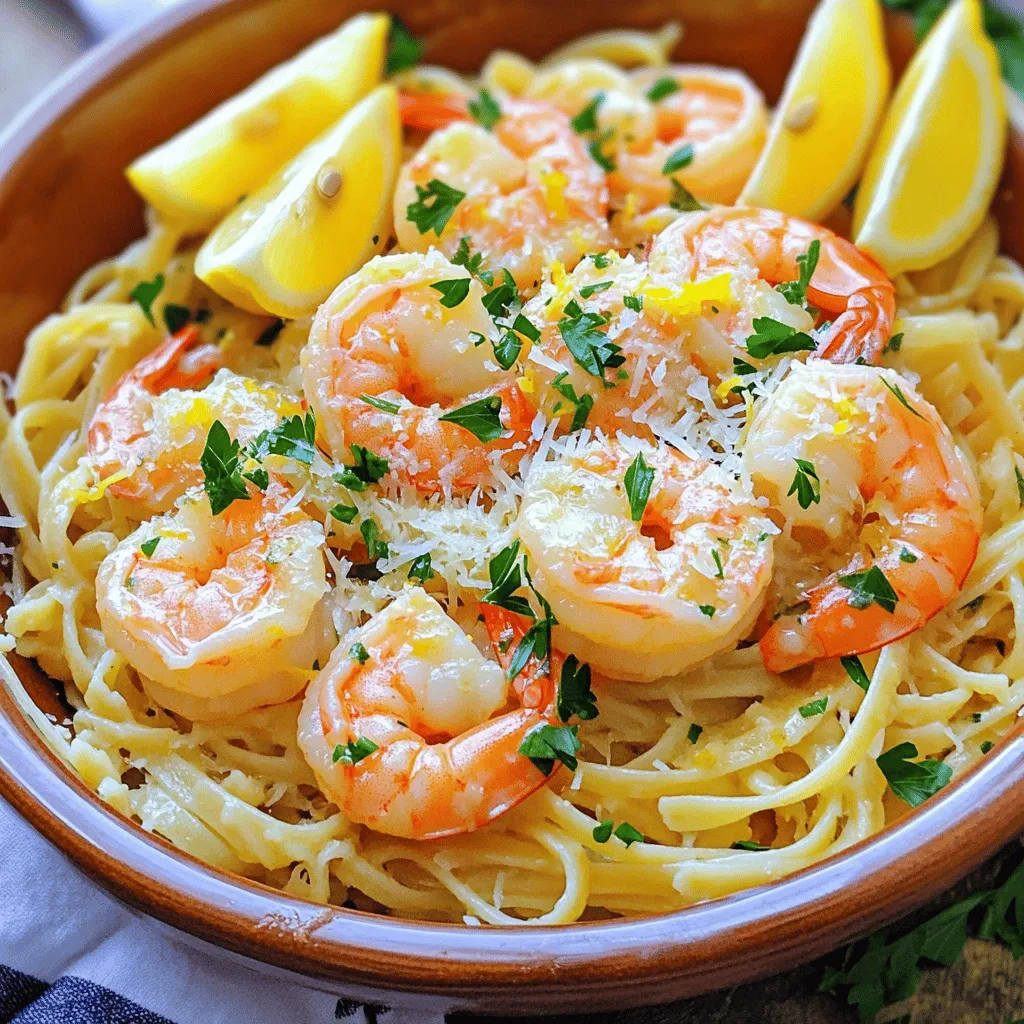 To make a tasty Lemon Garlic Shrimp Scampi, gather these ingredients: - 1 pound large shrimp, peeled and deveined - 4 tablespoons unsalted butter - 2 tablespoons olive oil - 6 cloves garlic, minced - 1 teaspoon red pepper flakes - Zest of 1 lemon - 1/4 cup fresh lemon juice - Salt and pepper to taste - 1/4 cup fresh parsley, chopped - 8 ounces linguine or spaghetti - Grated Parmesan cheese (optional, for topping) You can swap shrimp for other seafood like scallops or lobster. For a plant-based option, use chickpeas or tofu. Instead of unsalted butter, you can use ghee or a vegan butter alternative. If you prefer a lighter dish, use only olive oil. Fresh ingredients make a big difference in your dish. Fresh shrimp taste sweeter and more tender. Fresh garlic gives a strong, bold flavor. Using a fresh lemon adds bright notes that elevate the dish. Always choose fresh herbs for a fragrant finish. These choices create a dish that is not only tasty but also full of life! To start, cook the pasta. Use a big pot of salted boiling water. Add 8 ounces of linguine or spaghetti. Cook it until al dente, as the package says. Save 1/2 cup of pasta water. Then, drain the pasta and set it aside. Next, grab a large skillet. Set it over medium heat. Melt 2 tablespoons of butter and 2 tablespoons of olive oil. Once melted, add 6 minced garlic cloves and 1 teaspoon of red pepper flakes. Cook for about 1 minute. You want it to smell good. Now, add 1 pound of shrimp to the skillet. Cook the shrimp for 2-3 minutes per side until they turn pink and opaque. Season with salt and pepper to taste. After that, it’s time for the sauce. Add the zest of 1 lemon and 1/4 cup of fresh lemon juice to the skillet. Stir well. Then, add the rest of the butter. Let it melt and blend into the sauce. Combine the pasta with the sauce in the skillet. Toss everything to coat the spaghetti evenly. If it seems dry, add some reserved pasta water until it looks good. Finally, stir in 1/4 cup of chopped parsley. Taste and adjust the seasoning if needed. Serve the pasta in bowls with shrimp on top. If you like, sprinkle some grated Parmesan cheese over it. To achieve al dente pasta, follow these simple tips: - Use plenty of salted water. This helps the pasta cook evenly. - Follow the package cooking time closely. Check the pasta a minute or two before the time is up. - Taste the pasta. It should be firm but not hard when you bite into it. - If you plan to mix it with sauce, take it off the heat a minute early. It will cook a bit more when combined. To cook shrimp safely and avoid overcooking: - Use fresh or properly thawed shrimp. Frozen shrimp can be used but ensure it’s fully thawed first. - Heat your skillet over medium heat. Too high a heat can cook the shrimp too fast. - Cook the shrimp for just 2-3 minutes per side. Look for them to turn pink and opaque. - Remove the shrimp from heat immediately once cooked. This stops the cooking process. To make your Lemon Garlic Shrimp Scampi shine, focus on freshness. Use fresh lemon juice and zest for bright flavor. Fresh parsley adds a nice touch; chop it right before serving. For a flavor boost, try adding a splash of white wine to the sauce. It enhances the taste of the shrimp. Serve in shallow bowls and add extra lemon wedges on the side. This makes for a lovely presentation. A sprinkle of grated Parmesan cheese can also elevate your dish. One common mistake is overcooking the shrimp. They cook quickly, so watch them closely. Aim for a pink and opaque color, about 2-3 minutes per side. Another mistake is not saving enough pasta water. The starchy water helps bind your sauce and pasta together. Lastly, don’t skip seasoning with salt and pepper. It helps bring out the flavors in your dish. Using the right tools can make a big difference. A large pot is ideal for boiling pasta. A heavy skillet works best for sautéing shrimp. A wooden spoon is great for mixing. A zester will help you get that lemon zest without the pith. Finally, a pasta fork can help you serve the spaghetti without making a mess. With these tools, your cooking will be easier and more fun! {{image_2}} You can change up the pasta in this dish. Gluten-free options like brown rice pasta work well. Whole wheat pasta adds more fiber and a nutty flavor. Just cook any pasta according to the package. The key is to keep the cooking time short for the best texture. For a vegan version, swap shrimp for sautéed mushrooms or tofu. Use vegan butter or olive oil in place of regular butter. For low-carb, use spiralized zucchini or shirataki noodles instead of pasta. Both options taste great while keeping the dish light and healthy. You can change the taste by adding different herbs. Basil or thyme can give a fresh twist. If you like heat, add more red pepper flakes or even a dash of hot sauce. Experimenting with flavors makes the dish unique to your taste. Try adding capers for a briny touch or sun-dried tomatoes for a sweet kick. To store leftover Lemon Garlic Shrimp Scampi, let it cool first. Place it in an airtight container. This helps keep it fresh. You can store it in the fridge for up to three days. Make sure to label it with the date. When reheating, use a skillet on low heat. Add a splash of water or broth to keep it moist. Stir gently until heated through. Avoid microwaving if you want to keep the shrimp tender. You can freeze Lemon Garlic Shrimp Scampi, but it's best to freeze just the shrimp and sauce. Cooked pasta does not freeze well. Place the shrimp and sauce in a freezer-safe bag. Remove as much air as possible. It can last up to three months. When ready to use, thaw in the fridge overnight before reheating. To peel shrimp, hold the shrimp in one hand. Start at the head, gently pull off the shell. You can remove the tail if you like. For deveining, use a sharp knife. Make a small cut down the back. Locate the dark vein and pull it out. Rinse the shrimp under cold water to clean. This method keeps your shrimp fresh and tasty. Yes, you can use frozen shrimp. Just thaw them first. Place them in a bowl of cold water for about 15 minutes. If you are in a hurry, run them under cold water. Make sure to pat them dry before cooking. This helps the shrimp cook evenly and keeps them juicy. Shrimp are cooked when they turn pink and opaque. They curl into a C-shape when done. If they curl too much, they may be overcooked. The cooking time is usually 2-3 minutes per side. Always check the color to ensure they are perfect. You can serve Lemon Garlic Shrimp Scampi with crusty bread. It’s great for soaking up the sauce. A fresh salad with greens and tomatoes pairs well, too. You might also enjoy it with steamed veggies. Pasta is a classic choice, but rice is good, too! This blog post covered the full recipe for Lemon Garlic Shrimp Scampi. You learned about essential ingredients and smart substitutions. The step-by-step guide helps you cook shrimp perfectly and achieve great pasta. Expert tips avoid common mistakes and enhance your meal. We also explored tasty variations and smart storage methods. With this knowledge, you can create a delicious dish with confidence. Enjoy making your shrimp scampi!