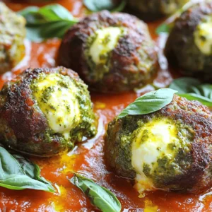 To make these tasty meatballs, gather the following items: - 1 lb ground beef - 1 lb ground turkey - 1 cup breadcrumbs - 2/3 cup grated Parmesan cheese - 2 large eggs - 1 cup fresh basil pesto - 8 oz fresh mozzarella cheese, cut into small cubes - 2 cloves garlic, minced - 1 teaspoon Italian seasoning - Salt and pepper to taste - Olive oil for frying - 1 jar marinara sauce (for serving) These ingredients work together to create a rich flavor. The mix of beef and turkey keeps the meatballs juicy. Fresh mozzarella gives a nice surprise in each bite. You can swap a few items if you need to. Use ground chicken instead of beef or turkey. If you want a lighter option, try ground turkey only. For a gluten-free version, replace breadcrumbs with almond flour or oats. You can use nutritional yeast instead of Parmesan for a dairy-free option. Serve these meatballs with marinara sauce for dipping. They also taste great over pasta or in a sub sandwich. A side salad or garlic bread pairs well, too. Add a sprinkle of extra pesto on top for a burst of fresh flavor. Start by grabbing a large mixing bowl. Add 1 pound of ground beef and 1 pound of ground turkey. Next, mix in 1 cup of breadcrumbs and 2/3 cup of grated Parmesan cheese. Crack in 2 large eggs and add 2 cloves of minced garlic. Toss in 1 teaspoon of Italian seasoning, along with salt and pepper to taste. Use your hands to mix everything well. You want a smooth blend that holds together. Now, take a handful of the meat mixture, about 2 tablespoons. Flatten it in your palm. Place a small cube of fresh mozzarella cheese in the center. Carefully wrap the meat around the cheese, forming a ball. Make sure the cheese is completely covered. This step is key to a gooey surprise inside! Repeat this process with the rest of the mixture and mozzarella cubes until you have a tray full of meatballs. Heat some olive oil in a large skillet over medium heat. Once the oil is hot, add the meatballs. Cook them in batches to avoid crowding. Brown the meatballs on all sides for about 5 to 7 minutes. After browning, transfer them to a baking dish. Spoon marinara sauce over the meatballs. Preheat your oven to 375°F (190°C) and bake the meatballs for 20 to 25 minutes. They are done when cooked through and the cheese is all melty. Let them cool a bit before serving. Drizzle with extra pesto for a burst of flavor! To make sure your meatballs stay moist, choose a mix of ground beef and turkey. The beef gives flavor, while the turkey keeps them light. Mix in breadcrumbs and eggs to help with texture. Adding grated Parmesan cheese also adds moisture. Don’t overmix the meat; just combine until mixed. Overmixing can lead to tough meatballs. To avoid cheese leaking out while cooking, use small cubes of mozzarella. Make sure to wrap the meat tightly around the cheese. Form each meatball carefully, sealing all edges well. If you notice any cracks, pinch them closed. Keep the meatballs chilled before cooking. This helps the cheese stay inside during cooking. Serve your pesto mozzarella stuffed meatballs with marinara sauce on top. This adds flavor and moisture. You can also garnish with fresh basil or a sprinkle of extra Parmesan cheese. For sides, consider garlic bread or a fresh salad. These pair nicely and add color to your plate. Don’t forget to drizzle more pesto on top for a tasty touch. {{image_2}} You can use many types of meat in these meatballs. Ground beef and ground turkey are my favorites. They mix well and give a great taste. However, you can also try ground chicken or pork. Each type brings its own flavor. If you're feeling adventurous, mix two meats together. This adds depth to your dish. While mozzarella is classic, feel free to switch it up. Try using provolone or fontina cheese. These cheeses melt nicely and add a different taste. For a twist, consider using goat cheese for a tangy flavor. Mixing cheeses can also work well. Combine mozzarella with a bit of Parmesan for a rich taste. You can make these meatballs meat-free too. Start with plant-based ground meat. Brands like Beyond Meat offer great options. You can also use lentils or chickpeas as a base. For cheese, look for vegan mozzarella. It melts well and keeps the dish creamy. Add some extra veggies or grains for a more filling meal. To keep your pesto mozzarella stuffed meatballs fresh, let them cool first. Place them in an airtight container. If you stack them, add parchment paper between layers. This helps prevent them from sticking together. Store them in the fridge for up to 3 days. For longer storage, consider freezing. To reheat the meatballs, use the oven for the best results. Preheat your oven to 350°F (175°C). Place the meatballs in a baking dish with a splash of marinara sauce. Cover with foil to prevent drying. Heat for about 15-20 minutes, or until warmed through. You can also microwave them for quick reheating, but the oven keeps them moist. Freezing is a great way to save these tasty meatballs for later. After forming the meatballs, lay them flat on a baking sheet. Freeze them for about 1-2 hours until firm. Then, transfer them to a freezer-safe bag. Label the bag with the date. They can last up to 3 months in the freezer. When ready to cook, bake from frozen, adding a few extra minutes to the cooking time. Yes, you can use store-bought pesto! It saves time and still tastes great. Just look for a brand with fresh ingredients. This choice makes cooking easier without losing flavor. You can tell when the meatballs are done by checking their color and temperature. They should be golden brown on the outside. Use a meat thermometer to check the inside. The center should reach 160°F (71°C). If you don’t have a thermometer, cut one open. The meat should no longer be pink, and the cheese should be gooey. Many sides go well with these meatballs. Here are some ideas: - Spaghetti or any pasta - Garlic bread - A fresh green salad - Steamed vegetables - Risotto These sides complement the rich flavors and make a complete meal. Enjoy your cooking! This blog covered all you need for pesto mozzarella stuffed meatballs. We discussed the key ingredients, along with tasty variations, and how to make them flavorful. I shared tips for moisture and preventing cheese leakage. Remember to store them right and reheat carefully for the best taste. No matter how you enjoy these meatballs, they can fit any meal. Try mixing it up with different cheeses or meats. You'll have a fun dish that satisfies everyone. Enjoy making and sharing your flavorful meatballs!