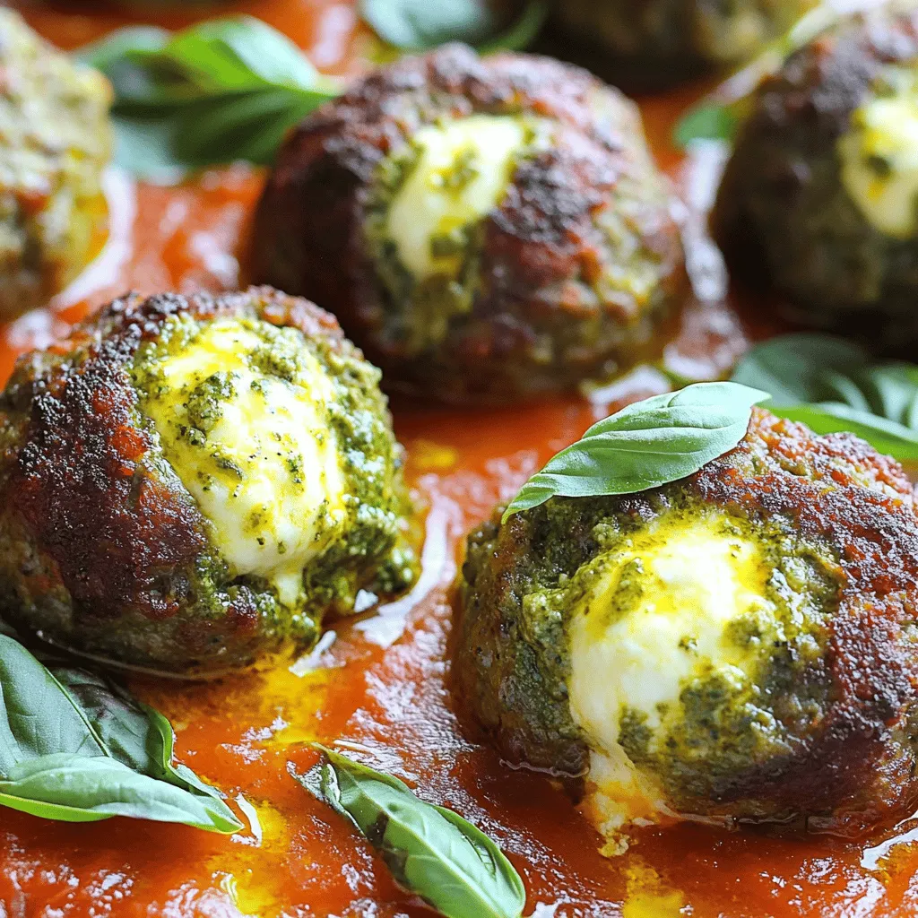 To make these tasty meatballs, gather the following items: - 1 lb ground beef - 1 lb ground turkey - 1 cup breadcrumbs - 2/3 cup grated Parmesan cheese - 2 large eggs - 1 cup fresh basil pesto - 8 oz fresh mozzarella cheese, cut into small cubes - 2 cloves garlic, minced - 1 teaspoon Italian seasoning - Salt and pepper to taste - Olive oil for frying - 1 jar marinara sauce (for serving) These ingredients work together to create a rich flavor. The mix of beef and turkey keeps the meatballs juicy. Fresh mozzarella gives a nice surprise in each bite. You can swap a few items if you need to. Use ground chicken instead of beef or turkey. If you want a lighter option, try ground turkey only. For a gluten-free version, replace breadcrumbs with almond flour or oats. You can use nutritional yeast instead of Parmesan for a dairy-free option. Serve these meatballs with marinara sauce for dipping. They also taste great over pasta or in a sub sandwich. A side salad or garlic bread pairs well, too. Add a sprinkle of extra pesto on top for a burst of fresh flavor. Start by grabbing a large mixing bowl. Add 1 pound of ground beef and 1 pound of ground turkey. Next, mix in 1 cup of breadcrumbs and 2/3 cup of grated Parmesan cheese. Crack in 2 large eggs and add 2 cloves of minced garlic. Toss in 1 teaspoon of Italian seasoning, along with salt and pepper to taste. Use your hands to mix everything well. You want a smooth blend that holds together. Now, take a handful of the meat mixture, about 2 tablespoons. Flatten it in your palm. Place a small cube of fresh mozzarella cheese in the center. Carefully wrap the meat around the cheese, forming a ball. Make sure the cheese is completely covered. This step is key to a gooey surprise inside! Repeat this process with the rest of the mixture and mozzarella cubes until you have a tray full of meatballs. Heat some olive oil in a large skillet over medium heat. Once the oil is hot, add the meatballs. Cook them in batches to avoid crowding. Brown the meatballs on all sides for about 5 to 7 minutes. After browning, transfer them to a baking dish. Spoon marinara sauce over the meatballs. Preheat your oven to 375°F (190°C) and bake the meatballs for 20 to 25 minutes. They are done when cooked through and the cheese is all melty. Let them cool a bit before serving. Drizzle with extra pesto for a burst of flavor! To make sure your meatballs stay moist, choose a mix of ground beef and turkey. The beef gives flavor, while the turkey keeps them light. Mix in breadcrumbs and eggs to help with texture. Adding grated Parmesan cheese also adds moisture. Don’t overmix the meat; just combine until mixed. Overmixing can lead to tough meatballs. To avoid cheese leaking out while cooking, use small cubes of mozzarella. Make sure to wrap the meat tightly around the cheese. Form each meatball carefully, sealing all edges well. If you notice any cracks, pinch them closed. Keep the meatballs chilled before cooking. This helps the cheese stay inside during cooking. Serve your pesto mozzarella stuffed meatballs with marinara sauce on top. This adds flavor and moisture. You can also garnish with fresh basil or a sprinkle of extra Parmesan cheese. For sides, consider garlic bread or a fresh salad. These pair nicely and add color to your plate. Don’t forget to drizzle more pesto on top for a tasty touch. {{image_2}} You can use many types of meat in these meatballs. Ground beef and ground turkey are my favorites. They mix well and give a great taste. However, you can also try ground chicken or pork. Each type brings its own flavor. If you're feeling adventurous, mix two meats together. This adds depth to your dish. While mozzarella is classic, feel free to switch it up. Try using provolone or fontina cheese. These cheeses melt nicely and add a different taste. For a twist, consider using goat cheese for a tangy flavor. Mixing cheeses can also work well. Combine mozzarella with a bit of Parmesan for a rich taste. You can make these meatballs meat-free too. Start with plant-based ground meat. Brands like Beyond Meat offer great options. You can also use lentils or chickpeas as a base. For cheese, look for vegan mozzarella. It melts well and keeps the dish creamy. Add some extra veggies or grains for a more filling meal. To keep your pesto mozzarella stuffed meatballs fresh, let them cool first. Place them in an airtight container. If you stack them, add parchment paper between layers. This helps prevent them from sticking together. Store them in the fridge for up to 3 days. For longer storage, consider freezing. To reheat the meatballs, use the oven for the best results. Preheat your oven to 350°F (175°C). Place the meatballs in a baking dish with a splash of marinara sauce. Cover with foil to prevent drying. Heat for about 15-20 minutes, or until warmed through. You can also microwave them for quick reheating, but the oven keeps them moist. Freezing is a great way to save these tasty meatballs for later. After forming the meatballs, lay them flat on a baking sheet. Freeze them for about 1-2 hours until firm. Then, transfer them to a freezer-safe bag. Label the bag with the date. They can last up to 3 months in the freezer. When ready to cook, bake from frozen, adding a few extra minutes to the cooking time. Yes, you can use store-bought pesto! It saves time and still tastes great. Just look for a brand with fresh ingredients. This choice makes cooking easier without losing flavor. You can tell when the meatballs are done by checking their color and temperature. They should be golden brown on the outside. Use a meat thermometer to check the inside. The center should reach 160°F (71°C). If you don’t have a thermometer, cut one open. The meat should no longer be pink, and the cheese should be gooey. Many sides go well with these meatballs. Here are some ideas: - Spaghetti or any pasta - Garlic bread - A fresh green salad - Steamed vegetables - Risotto These sides complement the rich flavors and make a complete meal. Enjoy your cooking! This blog covered all you need for pesto mozzarella stuffed meatballs. We discussed the key ingredients, along with tasty variations, and how to make them flavorful. I shared tips for moisture and preventing cheese leakage. Remember to store them right and reheat carefully for the best taste. No matter how you enjoy these meatballs, they can fit any meal. Try mixing it up with different cheeses or meats. You'll have a fun dish that satisfies everyone. Enjoy making and sharing your flavorful meatballs!