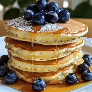 To make Fluffy Blueberry Cheesecake Pancakes, you need some key ingredients. Each one plays a big part in creating that light and creamy texture. Here is what you will need: - 1 cup all-purpose flour - 2 tablespoons sugar - 1 teaspoon baking powder - 1/2 teaspoon baking soda - 1/4 teaspoon salt - 1 cup buttermilk (or 1 cup milk + 1 tablespoon lemon juice) - 1 large egg - 2 tablespoons cream cheese, softened - 1 teaspoon vanilla extract - 1/2 cup fresh blueberries (plus extra for topping) - Butter or oil for cooking - Maple syrup for serving Each of these ingredients has a purpose. The flour gives structure. Sugar adds sweetness. Baking powder and baking soda help the pancakes rise. Buttermilk makes them rich and moist. Cream cheese adds that cheesecake flavor. Fresh blueberries give a burst of sweetness. Make sure you have everything ready before you start. It makes cooking easier and more fun. You can always adjust the amounts to fit your taste. For example, add more blueberries if you like a fruity kick! First, gather your ingredients. In a large bowl, mix the dry ingredients. Combine 1 cup of all-purpose flour, 2 tablespoons of sugar, 1 teaspoon of baking powder, 1/2 teaspoon of baking soda, and 1/4 teaspoon of salt. Whisk them together until everything is well blended. Next, in another bowl, mix your wet ingredients. Take 1 cup of buttermilk (or use milk with lemon juice), 1 large egg, 2 tablespoons of softened cream cheese, and 1 teaspoon of vanilla extract. Whisk this mix until it is smooth and creamy. Now, pour the wet mix into the dry mix. Use a spatula to gently fold them together. Be careful not to overmix. It’s okay to see some lumps in the batter. This helps keep the pancakes fluffy. After that, gently fold in 1/2 cup of fresh blueberries. Make sure they get evenly spread throughout the batter. Heat your non-stick skillet or griddle over medium heat. Add a small amount of butter or oil to coat the surface. For each pancake, pour about 1/4 cup of batter onto the skillet. Cook until bubbles form on top and the edges look set, around 3-4 minutes. Flip your pancakes and cook for another 2-3 minutes on the other side until they are golden brown. Repeat this with the remaining batter, adding more butter or oil as needed. Serve the pancakes warm, topped with extra blueberries and a drizzle of maple syrup. To make your pancakes fluffy, avoid overmixing the batter. When you combine the wet and dry ingredients, mix gently. This keeps the pancakes light and airy. It’s okay if some lumps remain. Letting the batter rest is crucial. After mixing, let it sit for about five minutes. This allows the flour to hydrate and helps create a lighter texture. You can add more flavor to your pancakes with fun add-ins. Try mixing in chocolate chips or nuts for extra crunch. You can also swap out the cream cheese. Use yogurt or ricotta instead. This change adds a different taste and keeps the pancakes creamy. How you serve your pancakes matters. Stack them high on a plate. Add fresh blueberries on top for color. A dusting of powdered sugar makes them look fancy. For a fun touch, serve with whipped cream on the side. Don't forget the maple syrup for drizzling! {{image_2}} You can switch up the blueberries in this recipe. Try using strawberries or bananas instead. Slice strawberries thin. Mash bananas well. Both fruits add great flavor. You can also mix different berries. A mixed berry pancake is fun and colorful. Use raspberries, blackberries, and blueberries for a burst of flavor. Each fruit brings its own sweetness and tang. If you need gluten-free pancakes, swap all-purpose flour for a gluten-free blend. Many brands work well for pancakes. For a vegan option, you can replace the egg with a flaxseed mix. Use one tablespoon of ground flaxseed with three tablespoons of water. Let it sit for five minutes to thicken. For dairy-free needs, choose almond milk or oat milk instead of buttermilk. You can also use vegan cream cheese. Adding spices can boost the taste of your pancakes. A dash of cinnamon or nutmeg makes them warm and cozy. You can also add citrus zest for a fresh kick. Try lemon or orange zest for a bright flavor. Just mix it into the wet ingredients. These simple changes can take your pancakes to the next level. To keep your fluffy blueberry cheesecake pancakes fresh, follow these steps: - Refrigeration: Place leftover pancakes in an airtight container. This helps avoid dryness. They can stay fresh in the fridge for up to three days. - Freezing: To freeze, stack pancakes with parchment paper in between. Then, wrap tightly in plastic wrap and place in a freezer bag. They can last up to two months in the freezer. When it’s time to enjoy your leftovers, here’s how to heat them up: - Microwave: Place pancakes on a microwave-safe plate. Heat for about 20-30 seconds. Check to see if they’re warm enough, then heat in short bursts if needed. - Skillet: Preheat a non-stick skillet over low heat. Add a small amount of butter or oil. Heat pancakes for about 1-2 minutes on each side. This keeps them fluffy and delicious. Get creative with your leftover pancakes: - Breakfast Casseroles: Cut leftover pancakes into squares. Mix with eggs and your favorite toppings. Bake until set for a fun breakfast casserole. - Pancake Sandwiches: Spread cream cheese or yogurt between two pancakes. Add fresh fruit for a tasty snack or light meal. To make pancakes fluffier, focus on a few key techniques. First, use fresh baking powder. This helps the pancakes rise well. Second, don't overmix the batter. Mix just until combined; some lumps are okay. Overmixing can make pancakes tough. Lastly, let the batter rest for a few minutes. This helps create air bubbles, making them lighter. Yes, you can make the batter ahead of time! Store the batter in the fridge for up to 24 hours. When you're ready to cook, stir it gently. If it looks thick, add a splash of milk to loosen it. This way, you can enjoy warm pancakes anytime. If you don't have buttermilk, don't worry! You can mix 1 cup of milk with 1 tablespoon of lemon juice or vinegar. Let it sit for five minutes. This creates a similar tangy flavor. You can also use plain yogurt or sour cream mixed with milk. Watch for a few signs while cooking pancakes. When bubbles form on the surface, and the edges look set, it’s time to flip. Cook for about 2-3 more minutes on the other side. The pancakes should turn golden brown when done. If they look dry or cracked, they may be overcooked. Enjoy your fluffy pancakes! In this article, we explored how to make delicious blueberry pancakes. We covered key ingredients, step-by-step instructions, and tips for fluffiness. You learned how to customize with fruit or adjust for diets. We also shared how to store and reheat leftovers. Remember, the right techniques make all the difference. Enjoy your pancakes, and share them with others! Use these ideas to make breakfast fun and tasty.