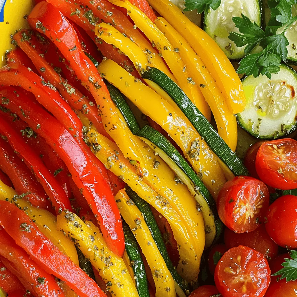 - 1 red bell pepper, cut into strips - 1 yellow bell pepper, cut into strips - 1 orange carrot, sliced - 1 zucchini, sliced - 1 red onion, chopped - 1 cup cherry tomatoes, halved You will find that using colorful vegetables makes your dish pop. Each vegetable adds a unique flavor and texture. Red bell peppers bring sweetness, while zucchini offers a mild taste. The orange carrot adds crunch, and red onion gives a slight bite. Cherry tomatoes provide juiciness. Together, they create a beautiful rainbow on your plate. - 3 tablespoons olive oil - 2 teaspoons dried oregano - 2 teaspoons dried thyme - 1 teaspoon garlic powder - Salt and pepper to taste Olive oil helps the vegetables roast evenly. It also helps the herbs stick. Dried oregano and thyme offer a warm, earthy flavor. Garlic powder adds depth without being too strong. Salt and pepper enhance all the flavors, making each bite more enjoyable. - Fresh parsley, chopped Chopped fresh parsley adds a bright touch. It gives your dish a fresh taste and looks great on the plate. Just sprinkle it on top before serving. This simple step makes your dish feel special and inviting. First, preheat your oven to 400°F (200°C). This temperature helps the vegetables cook evenly and get nice and tender. The higher heat brings out their natural sweetness. Next, clean the vegetables. Rinse them under cold water. Then, cut the red and yellow bell peppers into strips. Slice the orange carrot and zucchini. Chop the red onion and halve the cherry tomatoes. Make sure all the pieces are about the same size for even cooking. In a large bowl, mix all your cut vegetables. Drizzle the olive oil over them. Then, add the dried oregano, thyme, garlic powder, salt, and pepper. Toss everything well. You want each piece to be coated in oil and seasoning. This step adds rich flavor to your dish. Spread the vegetable mixture on a baking sheet. Line the sheet with parchment paper for easy cleanup. Roast the vegetables in the oven for 25-30 minutes. Stir them halfway through cooking. This helps them roast evenly and get a lovely caramelized finish. They are ready when they feel tender and look slightly golden. To get the best flavor and texture, cut your vegetables evenly. This helps them cook at the same rate. For example, slice bell peppers and zucchini into similar sizes. This way, you avoid some pieces being crunchy while others are mushy. When you coat the veggies with oil and spices, make sure every piece gets a good layer. This ensures every bite bursts with flavor. You can add more herbs and spices to make your dish shine. Consider using fresh rosemary or basil for a pop of freshness. If you like heat, try red pepper flakes. A pinch of smoked paprika can add a nice depth, too. Mixing these will elevate your roasted rainbow vegetables and make them even more delicious. Presentation matters! Serve your roasted vegetables in a colorful bowl. Drizzle a bit of olive oil on top for shine. A sprinkle of fresh herbs, like parsley, makes it look bright and appealing. Pair these veggies with grilled chicken or fish for a complete meal. You can also enjoy them on a bed of rice or quinoa for a healthy side. {{image_2}} You can switch up the veggies in this dish. Try using seasonal vegetables. Here are some colorful choices: - Broccoli: Bright green and crunchy. - Cauliflower: White and mild, it roasts well. - Sweet potatoes: Add a touch of sweetness. - Beets: They bring a deep red color. Mixing different colors makes your dish stunning. You can even use different bell peppers like green or purple. Each vegetable adds its own taste and texture. Want to change the flavor? You can make your veggies spicy or sweet. For a spicy kick, add: - Red pepper flakes: Just a pinch will do. - Cayenne pepper: A little goes a long way. If you prefer sweet flavors, consider: - Honey: Drizzle a bit before roasting. - Balsamic glaze: Adds a tangy sweetness. These options let you customize the dish to your liking. Enjoy experimenting with bold flavors! This recipe fits many diets. To make it gluten-free, simply check your oil and spices. Most are safe to use. For a vegan option, ensure your oil is plant-based. You can use a variety of oils too, like avocado oil or coconut oil. These oils bring their own unique taste. With these easy swaps, everyone at your table can enjoy herb roasted rainbow vegetables! After cooking, let the herb roasted rainbow vegetables cool. Place them in an airtight container. Store them in the fridge for up to four days. Make sure to label the container with the date. This helps keep track of freshness. When you want to eat them, check for any off smells or changes in color. To freeze the roasted vegetables, wait until they cool completely. Spread them out on a baking sheet in a single layer. Freeze them for a couple of hours. Once frozen, transfer them to a freezer bag. Squeeze out the air before sealing. They can last for up to three months in the freezer. This method helps keep their flavor and texture intact. When it's time to eat your leftovers, you have a few options. For the best taste and texture, use the oven. Preheat the oven to 350°F (175°C). Spread the vegetables on a baking sheet and heat for about 10-15 minutes. You can also reheat them in a microwave. Use a microwave-safe bowl and cover it with a lid or plastic wrap. Heat for 2-3 minutes, stirring halfway. This method is quick but may make them a bit softer. Yes, you can use fresh herbs. Fresh herbs give a bright flavor. They also add a nice pop of color to your dish. I recommend using double the amount of fresh herbs. For example, use four teaspoons of fresh oregano instead of two teaspoons of dried. Fresh basil and rosemary are great options too. Just chop them up and mix them in with the vegetables. You can serve these roasted veggies with many dishes. They pair well with grilled chicken or fish. You can also enjoy them with a hearty grain, like quinoa or rice. If you want a vegetarian option, try serving them with a chickpea salad. The colors and flavors make any meal bright and tasty. Roasted vegetables can last for about three to five days in the fridge. Store them in an airtight container. Always check for any off smells or changes in texture before eating. If you want them to last longer, you can freeze them. Just make sure to cool them first before freezing. In this blog post, I covered how to make delicious herb-roasted rainbow vegetables. We explored the right ingredients, including colorful vegetables and simple seasonings. I shared step-by-step instructions for prep and roasting. I also included tips for perfect roasting, ideas for variations, and storage methods. Remember, roasted vegetables are easy, tasty, and good for you. Don’t hesitate to get creative with flavors and textures. Enjoy the cooking process and share your tasty results!