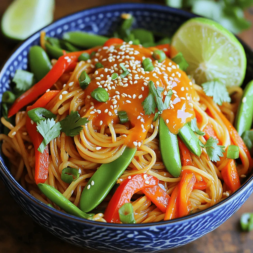 To make Better-Than-Takeout Sweet Chili Noodles, you need: - 8 oz rice noodles - 2 tablespoons sesame oil - 1 red bell pepper, sliced - 1 cup snap peas - 1 carrot, julienned - 3 green onions, chopped - 2 cloves garlic, minced - 1 tablespoon fresh ginger, grated - 1/4 cup sweet chili sauce - 2 tablespoons soy sauce (low-sodium) - 1 tablespoon rice vinegar - 1 teaspoon sesame seeds (for garnish) - Fresh cilantro leaves for garnish You can swap some ingredients if needed: - Use soba or udon noodles instead of rice noodles. - Swap sesame oil with olive oil for a lighter taste. - Green bell pepper can replace red bell pepper for a milder flavor. - If you don’t have snap peas, use broccoli or zucchini. - Any fresh herbs can stand in for cilantro, like basil. For the best taste, I suggest these brands: - Rice Noodles: Thai Kitchen or Annie Chun's - Sweet Chili Sauce: Huy Fong or Mae Ploy - Soy Sauce: Kikkoman (low-sodium) - Sesame Oil: Spectrum or La Tourangelle - Rice Vinegar: Marukan or Nakano To cook the rice noodles, first, bring a large pot of water to a boil. Once the water is bubbling, carefully add the 8 oz of rice noodles. Cook them as per the package instructions until they are al dente. This usually takes about 4 to 6 minutes. After cooking, drain the noodles and rinse them under cold water. This step stops the cooking process and keeps them from getting mushy. Set the noodles aside until you're ready to mix everything together. Next, it’s time to sauté the vegetables. In a large skillet or wok, heat 2 tablespoons of sesame oil over medium-high heat. Add the sliced red bell pepper, 1 cup of snap peas, and 1 julienned carrot. Stir-fry these veggies for about 3 to 4 minutes. You want them to be tender-crisp, not mushy. After that, add 2 minced garlic cloves and 1 tablespoon of grated fresh ginger. Cook for another minute until you smell the lovely aroma. Now, let's combine everything. Add the cooked rice noodles to the skillet with the vegetables. Toss them well to mix everything together. In a small bowl, whisk together 1/4 cup of sweet chili sauce, 2 tablespoons of low-sodium soy sauce, and 1 tablespoon of rice vinegar. Pour this sauce over the noodles and veggies. Toss again until everything is well coated. Cook for another 2 minutes, letting all the flavors blend together. For a finishing touch, sprinkle with chopped green onions, sesame seeds, and fresh cilantro before serving. Enjoy! To get the best texture for these sweet chili noodles, use rice noodles. They cook quickly and stay tender. Make sure you don’t overcook them. Drain and rinse the noodles under cold water right after cooking. This stops the cooking. It also helps keep them from sticking together later. The key to great flavor is in the sauce mix. Use sweet chili sauce for a tasty base. Adding soy sauce gives a nice saltiness. Rice vinegar adds a bit of tang. For extra flavor, don’t skip the garlic and ginger. They bring warmth and depth to the dish. Taste as you go to find your perfect balance. Serve these noodles in big bowls. For a fun touch, drizzle extra sweet chili sauce on top. Add chopped green onions and sesame seeds for crunch. Fresh cilantro is a great finish, too. You can also add lime wedges on the side. This gives a fresh burst of flavor that brightens the dish. {{image_2}} You can add protein to your sweet chili noodles for a heartier meal. Chicken, shrimp, or tofu work well. For chicken, use thin strips and cook them in the skillet before adding the veggies. For shrimp, cook until pink and tender. Tofu should be cubed and sautéed until golden. This adds flavor and keeps the dish filling. To make this dish vegetarian or vegan, simply skip the meat. You can add more veggies, like mushrooms or broccoli. These add depth and flavor. Use firm tofu to keep the meal satisfying. Always check that your sweet chili sauce is vegan-friendly for the best results. For gluten-free sweet chili noodles, use rice noodles, as in the recipe. Make sure your soy sauce is gluten-free too. Tamari is a great choice here. You can also use coconut aminos for a different taste. These swaps let everyone enjoy this tasty dish without worry. After you enjoy your sweet chili noodles, store any leftovers in an airtight container. Make sure to cool the noodles to room temperature first. This helps keep the texture nice. Place the container in the fridge. These noodles stay fresh for about three days. To reheat your sweet chili noodles, use a skillet over medium heat. Add a splash of water or soy sauce to keep them moist. Stir the noodles gently for about five minutes until they are hot. You can also use the microwave. Heat them in a bowl for one to two minutes, stirring halfway through. You can freeze sweet chili noodles if you have lots left. Place them in a freezer-safe bag or container. Make sure to remove as much air as possible. They will stay good for up to three months. When you’re ready to eat, thaw them overnight in the fridge. Reheat as mentioned before. Yes, you can use many types of noodles! Rice noodles are great, but you can also try egg noodles or even whole wheat spaghetti. Each type will change the taste and feel of your dish. Just make sure to cook them according to the package instructions. This way, they’ll have the best texture when mixed with the sauce. If you want more heat, add some crushed red pepper flakes or sliced fresh chili peppers. You can also use a spicier sweet chili sauce. Another option is to add a dash of hot sauce like Sriracha. Start with a little, then taste and add more if needed. This lets you control the spice level to your liking. These noodles pair well with various sides! For a complete meal, serve with grilled chicken, shrimp, or tofu. A fresh salad can add crunch and balance to the dish. You can also enjoy them with spring rolls or dumplings for a fun twist. Don’t forget to have lime wedges for that extra zing! In this post, I covered all you need for Sweet Chili Noodles. We explored the ingredients, cooking steps, and helpful tips for the best flavor. You learned about variations, storage, and answers to common questions. Remember, you can swap ingredients to suit your taste. Keep experimenting for your perfect dish. Enjoy your cooking journey!