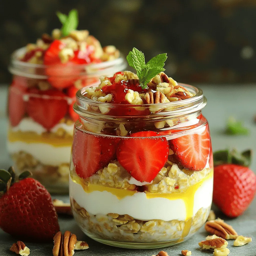 - 1 cup rolled oats - 1 cup almond milk (or any milk of choice) - 1/2 cup Greek yogurt (vanilla or plain) - 1 tablespoon cream cheese, softened - 2 tablespoons honey or maple syrup - 1 teaspoon vanilla extract - 1/2 teaspoon ground cinnamon - 1 cup fresh strawberries, hulled and sliced - 2 tablespoons chopped pecans or graham cracker crumbs (optional) To make Strawberry Cheesecake Overnight Oats, gather all these ingredients first. The rolled oats are the base. They soak up the almond milk and become soft. Almond milk keeps it light, but you can use any milk you like. Greek yogurt adds creaminess and protein. The cream cheese gives it that cheesecake flavor. For sweetness, I like to use honey or maple syrup. Both add a nice touch. The vanilla extract enhances the taste, while ground cinnamon adds warmth. When it comes to toppings, fresh strawberries are the star. They bring a burst of flavor and color. If you want extra crunch, add pecans or graham cracker crumbs. They make it feel like a dessert! This simple list of ingredients makes a delicious and easy breakfast. - In a medium bowl, combine 1 cup of rolled oats and 1 cup of almond milk. - Add 1/2 cup of Greek yogurt and 1 tablespoon of softened cream cheese. - Whisk these ingredients together until smooth and mixed well. - Stir in 2 tablespoons of honey or maple syrup for sweetness. - Add 1 teaspoon of vanilla extract and 1/2 teaspoon of ground cinnamon. - Mix until all flavors are fully blended. - Gently fold in 1 cup of hulled and sliced strawberries. - Divide the mixture equally into two jars or containers with lids. - Seal the jars and refrigerate overnight, or for at least 4 to 5 hours. To make the best strawberry cheesecake overnight oats, mixing is key. Start by combining your rolled oats and milk in a bowl. Next, add Greek yogurt and softened cream cheese. Whisk until the mix is smooth. This step ensures your oats soak up all the flavors. Chilling time is also very important. After you mix your ingredients, place them in jars. Seal them and put them in the fridge for at least 4 hours. Overnight is best. The oats will absorb the milk, making them soft and creamy. When it’s time to serve, get creative! Use clear jars to show off the layers of oats and strawberries. This makes your dish look beautiful and inviting. You can add a sprig of mint on top for a fresh touch. Pair your oats with toppings for extra flavor. Fresh fruits like blueberries or raspberries work well. You can also sprinkle chopped pecans or graham cracker crumbs on top for a nice crunch. These overnight oats have several health benefits. Rolled oats are a great source of fiber. They help keep you full and support digestion. Greek yogurt adds protein, which is perfect for a healthy breakfast. Using almond milk keeps the calories low while adding a nice nutty taste. Strawberries bring vitamins and antioxidants, boosting your health. With these ingredients, you get a tasty, low-calorie, high-protein meal to start your day right. {{image_2}} You can make these oats vegan with simple swaps. Replace dairy yogurt with almond or coconut yogurt. Use vegan cream cheese as a substitute. For milk, any plant-based option works well, like oat or soy milk. For toppings, consider using fresh berries, banana slices, or a sprinkle of nuts. You can also add a scoop of nut butter for extra protein and flavor. If you want gluten-free oats, use certified gluten-free rolled oats. They have the same great texture and flavor. For toppings, try seeds, nuts, or gluten-free granola. You can also customize your oats by adding a scoop of protein powder or seeds like chia or flax. This boosts nutrition without sacrificing taste. Want to change the taste? Add different berries like blueberries or raspberries. You can also mix in sliced peaches or apples for variety. To enhance flavor, sprinkle in spices like nutmeg or cardamom. Adding a dash of lemon juice brightens the dish. These small changes keep your breakfast exciting and delicious! To store your strawberry cheesecake overnight oats, use clean jars with tight lids. Glass jars work best. They keep the oats fresh and let you see the layers. Pour the mixture into the jars and seal them well. This keeps air out and helps maintain flavor. For the best taste and texture, eat your oats within three days. After this time, they may lose their creaminess. Look for signs of spoilage, like a sour smell or changes in texture. If the oats look watery or have mold, it's time to toss them. You can make these oats ahead for busy mornings. Prepare a batch on Sunday to enjoy throughout the week. Use different fruits or toppings to keep it fun. Consider making a few jars at once. This way, you always have a quick breakfast ready to go. Yes, you can use many types of milk. Almond milk is great, but feel free to try: - Whole milk - Skim milk - Soy milk - Oat milk - Coconut milk Each type will change the taste a bit. Almond milk keeps it light. Whole milk adds creaminess. Choose what you like best! You can keep your overnight oats in the fridge for up to 5 days. They taste best when fresh, but they still hold well. Store them in a sealed jar. Check for any off smells or changes in texture. If it's good, enjoy it! Yes, you can freeze overnight oats. Here are my tips: - Use freezer-safe containers. - Leave some space in the container. Oats expand when frozen. - Thaw in the fridge overnight before eating. The texture may change a bit, but they will still taste great! You now have a solid recipe for tasty overnight oats that suit your needs. With just a few main ingredients and simple steps, you can create a healthy breakfast. Remember the tips for mixing and chilling to perfect your oats. Experiment with different flavors and toppings to keep it fun. Storing them right ensures your oats stay fresh for days. Try these ideas and make breakfast easy and delicious. Enjoy the benefits of nutritious ingredients each morning!
