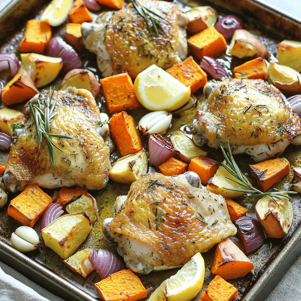 To make Sheet Pan Rosemary Chicken & Root Veggies, gather the following items: - 4 bone-in, skin-on chicken thighs - 3 medium-sized carrots, peeled and cut into chunks - 2 parsnips, peeled and cut into chunks - 1 large sweet potato, peeled and diced - 1 red onion, cut into wedges - 4 cloves garlic, whole and unpeeled - 3 tablespoons olive oil - 2 tablespoons fresh rosemary, chopped (or 1 tablespoon dried rosemary) - 1 teaspoon dried thyme - Salt and pepper to taste - Lemon wedges for serving Each ingredient plays a key role in this dish. The chicken thighs provide rich flavor and tender meat. The root vegetables add sweetness and texture. Garlic brings depth, while herbs like rosemary and thyme offer fragrant notes. Olive oil adds healthy fat and helps everything roast to perfection. Don't forget the lemon; it brightens the entire dish! This list ensures you have all you need for a delightful meal. You can easily find these items at your local store. Feel free to adjust amounts based on your taste or how many people you serve. Happy cooking! 1. First, preheat your oven to 425°F (220°C). This high heat helps the veggies roast nicely. 2. In a large bowl, combine the carrots, parsnips, sweet potato, red onion, and whole garlic cloves. 3. Drizzle 2 tablespoons of olive oil over the veggies. 4. Next, sprinkle salt, pepper, chopped rosemary, and thyme. 5. Toss everything well to coat the vegetables evenly. 6. Spread the seasoned veggies on a large rimmed baking sheet in a single layer. This helps them cook evenly. 1. Pat the chicken thighs dry with paper towels. This step is key for crispy skin. 2. In a small bowl, mix the last tablespoon of olive oil, salt, and pepper. 3. Rub this mixture all over the chicken thighs. 4. Make sure to get some under the skin for extra flavor. 5. Nestle the chicken thighs skin-side up among the veggies on the sheet pan. 1. Roast everything in the preheated oven for about 35-40 minutes. 2. The chicken is done when its internal temperature reaches 165°F (74°C). 3. The veggies should be tender and caramelized. 4. Stir the veggies halfway through for even cooking. 5. Once done, remove the sheet pan from the oven and let it rest for a few minutes. 6. Squeeze fresh lemon juice over the chicken and veggies for a bright finish. Enjoy! To get crispy chicken skin, start with dry chicken thighs. Pat them with paper towels to remove excess moisture. This step helps the skin crisp up nicely during roasting. When seasoning, rub oil under the skin. This adds flavor and keeps the meat juicy. For even cooking of the vegetables, stir them halfway through the roasting time. This ensures all pieces get nice and caramelized. Use a spatula to gently flip them. This keeps everything evenly cooked and enhances the dish's flavor. Serving suggestions can elevate your meal. You can serve the chicken and veggies directly from the sheet pan for a warm, rustic look. Alternatively, plate the chicken and vegetables on individual plates for a more formal setting. Garnishing ideas can make your dish pop. Add fresh rosemary sprigs on top for a lovely touch. A few lemon wedges on the side can brighten the flavors. Squeezing lemon juice over everything just before serving brings out the best taste. {{image_2}} You can change up the root veggies in this dish. Try using turnips or beets. These add a unique flavor and color. Seasonal choices can also make a big difference. In spring, consider using radishes or young carrots. In winter, parsnips and sweet potatoes shine. Each veggie gives its own taste and texture. Experimenting keeps dinner fun and fresh! Chicken thighs are great, but you can use other cuts too. Drumsticks or chicken breasts work well. If you want something different, try pork chops. They pair nicely with the rosemary and veggies. Tofu is also a good choice for a plant-based meal. Just marinate it in the same herbs to keep the flavor strong. To keep your sheet pan rosemary chicken and root veggies fresh, follow these steps: - Fridge Storage: Allow the dish to cool completely. Place leftovers in an airtight container. Store in the fridge for up to 3 days. - Freezing Options: For longer storage, you can freeze leftovers. Use a freezer-safe container or bag. Make sure to remove as much air as possible. These can last for about 3 months in the freezer. When you're ready to enjoy the leftovers, here’s how to reheat them: - Best Methods: The oven is best for reheating. Preheat it to 350°F (175°C). Place the chicken and veggies on a baking sheet. Heat for about 15-20 minutes or until hot. - Maintaining Flavor and Texture: To keep the chicken skin crispy, avoid the microwave. If using a microwave, cover the dish with a damp paper towel. This helps keep moisture in but may soften the skin. Enjoy your meal! To ensure the chicken is cooked, check its internal temperature. The chicken should reach 165°F (74°C). Use a meat thermometer to check this. Insert the thermometer into the thickest part of the thigh, avoiding the bone. Once it hits 165°F, you're ready to serve. Proper cooking keeps the chicken safe and juicy. Yes, you can use boneless chicken. However, adjust the cooking time. Boneless chicken cooks faster than bone-in. Start checking for doneness at about 25 minutes. Each oven varies, so be sure to check the internal temperature. Boneless chicken should also reach 165°F (74°C). This change keeps your meal safe and tasty. Many sides fit well with sheet pan chicken. Here are some ideas: - Quinoa or rice for a nutty flavor. - A fresh green salad for crunch. - Steamed broccoli or green beans for color. - Crusty bread to soak up juices. These sides complement the chicken and veggies, making a satisfying meal. This blog post covered a simple and tasty sheet pan chicken recipe. We discussed key ingredients like chicken thighs and root vegetables. You learned step-by-step instructions from prepping veggies to roasting. We shared tips for the perfect roast and how to present your dish nicely. You also saw variations for different tastes and storage tips for leftovers. Cooking doesn't have to be hard. With this guide, you can create a great meal your family will love. Enjoy your cooking journey!