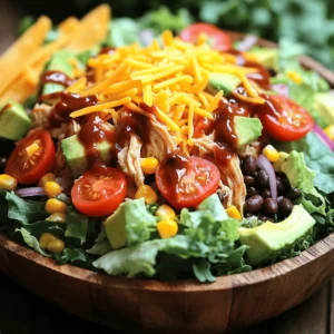 - Chicken and greens - 2 cups cooked chicken breast, shredded - 4 cups mixed greens (lettuce, spinach, kale) - Vegetables and toppings - 1 cup cherry tomatoes, halved - 1 cup corn kernels (fresh or canned, drained) - 1/2 cup black beans, rinsed and drained - 1 avocado, diced - 1/2 cup shredded cheddar cheese - 1/4 cup red onion, thinly sliced - Optional: tortilla strips for crunch - Dressings and seasonings - 1/2 cup BBQ sauce (your favorite brand) - 1/2 cup ranch dressing - Salt and pepper to taste This BBQ Ranch Chicken Salad is full of fresh ingredients. The chicken gives it a hearty base. Mixed greens add a lovely crunch. You can use any greens you like. I love a mix of lettuce, spinach, and kale for color and nutrition. The vegetables are key to this dish. Cherry tomatoes bring sweetness. Corn adds a pop of color and texture. Black beans are great for protein and fiber. Avocado gives a creamy touch. Cheese adds richness and flavor. Red onion brings a nice bite, too. Don’t forget the dressings. BBQ sauce gives a smoky flavor. Ranch dressing adds creaminess and tang. I like to season with salt and pepper for balance. If you want a little extra crunch, add some tortilla strips on top. This salad is easy to make and packed with flavor! Start by coating your cooked chicken with BBQ sauce. Place 2 cups of shredded chicken in a large bowl. Pour in 1/2 cup of your favorite BBQ sauce. Toss the chicken well. Make sure every piece is covered in sauce. This adds flavor and moisture to the chicken. Next, create the salad base. Grab a large bowl and add 4 cups of mixed greens. You can use lettuce, spinach, or kale. These greens will add crunch and nutrition. Spread them evenly in the bowl. Now, layer the salad ingredients. On top of the greens, add your BBQ chicken. Then, sprinkle on 1 cup of halved cherry tomatoes. Follow with 1 cup of corn kernels. Add 1/2 cup of rinsed black beans. Next, put 1 diced avocado on top. Finally, add 1/2 cup of shredded cheddar cheese. It’s time to toss the salad. Drizzle 1/2 cup of ranch dressing over the salad. For extra flavor, you can add more BBQ sauce if you like. Gently mix all the ingredients together. This helps distribute the dressings evenly without mashing the avocado. Now, adjust the seasoning to taste. Use salt and pepper to enhance the flavors. Start with a pinch of each. Taste as you go, and add more if needed. For serving suggestions, use large bowls or a wooden salad platter. This adds a rustic touch to your meal. You can also garnish with extra avocado slices. A drizzle of BBQ sauce on top looks great too. If you want some crunch, sprinkle tortilla strips on top just before serving. This adds a nice texture contrast to the salad. Enjoy your BBQ Ranch Chicken Salad! - Best BBQ sauce choices Choose a BBQ sauce you love. Sweet, smoky, or spicy can all work. Try different brands to find the one that suits your taste best. Look for a sauce with a good balance of flavors. A thicker sauce will coat the chicken better. - Fresh ingredients vs. canned Fresh ingredients always taste better. Use fresh corn when possible. Canned corn can save time but may lack flavor. For tomatoes, fresh cherry tomatoes add nice sweetness. Use ripe avocados for creaminess. Fresh greens like spinach and kale give a crisp texture. - Prepping ahead of time Shred the chicken a day before. Mix the BBQ sauce with the chicken and store it. Chop veggies in advance and keep them in the fridge. Having everything ready makes assembly quick. - Quick substitutions If you're short on time, use rotisserie chicken. It’s already cooked and saves effort. You can swap black beans for chickpeas. Use any greens you have on hand. This salad is flexible, so get creative! {{image_2}} You can switch up the protein in this salad. Try tofu for a vegetarian twist. Shrimp also adds a nice touch. They both work well with BBQ sauce. For greens, mix it up! Use arugula or romaine instead of mixed greens. Kale brings a hearty feel, while spinach adds a soft texture. Feel free to add other veggies too. Bell peppers, cucumbers, or radishes brighten up the dish. Each adds a unique crunch and flavor. Homemade dressings can elevate your salad. Mix yogurt, ranch seasoning, and a splash of lemon juice. This gives you a fresh, creamy dressing. Low-calorie options are easy to find. Look for light ranch or vinaigrettes. You can even use a yogurt-based BBQ sauce for a fun twist. Get creative! Try different flavors to match your taste. A spicy dressing adds a kick that pairs well with BBQ. To keep your BBQ ranch chicken salad fresh, store it in an airtight container. This will help keep the greens crisp and the flavors intact. If you have leftover chicken, store it separately to avoid soggy greens. When reheating, warm the chicken gently in the microwave or on the stove. Avoid overheating, as this can dry it out. The salad lasts about 3 to 5 days in the fridge. Make sure to check for any signs of spoilage. If the greens look slimy or the chicken smells off, it's best to toss it. Enjoying your salad while it's fresh ensures the best taste! Can I make this salad ahead of time? Yes, you can make this salad a few hours ahead. Just keep the dressing separate. This way, the greens stay crisp. When you’re ready to eat, just mix it all together. How do I make it vegetarian? To make this salad vegetarian, swap the chicken for grilled tofu or chickpeas. Add more veggies like bell peppers or cucumbers for extra flavor. What’s the best way to serve it? Serve it in big bowls or a wooden platter. You can add extra toppings like avocado slices or a drizzle of BBQ sauce for a nice touch. Is this salad healthy? Yes, this salad is quite healthy. It includes lean protein from chicken and tons of fiber from the veggies. You also get healthy fats from the avocado. How many calories does it contain? One serving has about 400 to 500 calories, depending on the toppings and dressings you use. This makes it a filling meal without being too heavy. Pairing with sides or drinks This salad goes well with corn on the cob or a light fruit salad. For drinks, try iced tea or lemonade for a refreshing mix. Portion sizes for gatherings For gatherings, plan on about one and a half servings per person. This ensures everyone gets enough and maybe even some leftovers! This blog post covered how to make BBQ Ranch Chicken Salad, from ingredients to storage. You learned about the best chicken and greens, plus tasty dressings. Step-by-step guidance made it easy to create and enjoy. I shared tips for great flavors and quick prep. You can even adjust it for your tastes with variations. Store leftovers right to keep them fresh longer. Now, get ready to enjoy a delicious meal that’s simple to make and share.