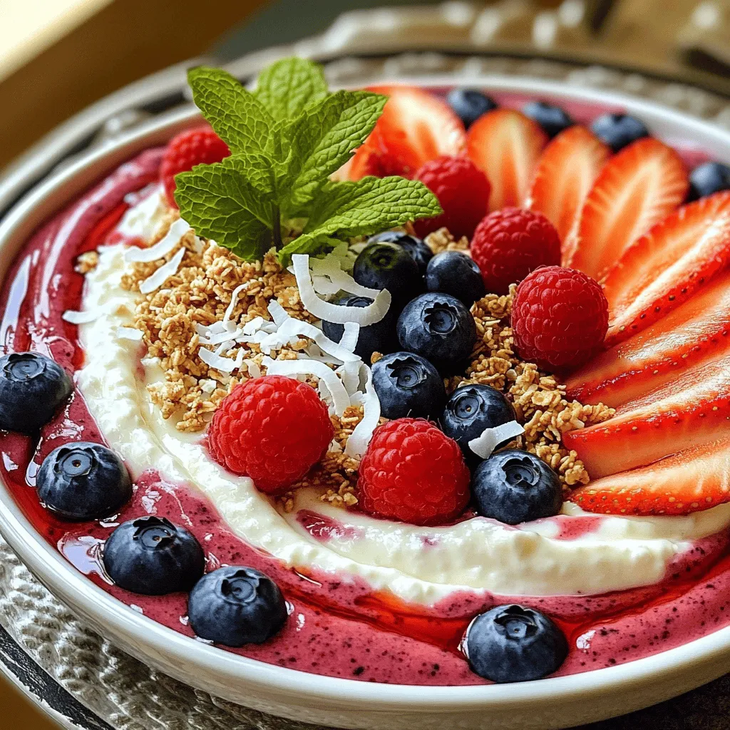 - 1 cup cottage cheese - 1 banana, sliced - 1/2 cup mixed berries (strawberries, blueberries, raspberries) - 1/4 cup almond milk The main ingredients in this smoothie bowl are simple and healthy. Cottage cheese gives it a creamy base. It adds protein and is low in fat. Bananas add natural sweetness and creaminess. They also help thicken the smoothie. Mixed berries bring vibrant color and fresh flavors. You can use strawberries, blueberries, and raspberries for variety. Almond milk keeps it dairy-free and light. Adjust the amount for your preferred thickness. - 1 tablespoon honey or maple syrup - 1 tablespoon chia seeds Honey or maple syrup can sweeten your bowl. They are great if you want a bit more sweetness. Chia seeds add fiber and healthy fats. They also help thicken the smoothie. You can skip them if you prefer a lighter texture. - Fresh berries - Granola - Shredded coconut - Mint leaves Toppings make your smoothie bowl look beautiful. Fresh berries add more flavor and color. Granola gives a nice crunch and extra texture. Shredded coconut adds a tropical touch. Mint leaves provide freshness and aroma. Use whatever toppings you like for a personal touch! To make your smoothie base, start by adding these main ingredients to your blender: - 1 cup cottage cheese - 1 banana, sliced - 1/2 cup mixed berries (strawberries, blueberries, raspberries) - 1/4 cup almond milk (adjust for desired thickness) - 1 tablespoon honey or maple syrup (optional) Blend these ingredients on high speed until you get a smooth and creamy texture. If you want it thicker, add more almond milk. If you prefer it thinner, add less. Next, add 1 tablespoon of chia seeds to the blended mixture. Pulse the blender a few times to mix them in well. This step adds a nice texture and boosts the nutrition of your smoothie bowl. Pour your smoothie base into a bowl or a deep plate. Now, for the fun part! Arrange your toppings to make it look great. Use fresh sliced berries, a sprinkle of granola, some shredded coconut, and a few mint leaves. This not only enhances the taste but also makes your bowl look beautiful. Serve it right away to enjoy the freshness! To get the best texture for your smoothie bowl, you can adjust almond milk. Start with 1/4 cup, then blend. If it feels too thick, add more milk. Blend again until it is smooth and creamy. This way, you can make your smoothie bowl just how you like it. Want to boost the taste? Try adding a splash of vanilla extract. You can also sprinkle in a bit of nutmeg for warmth. These small changes can make a big difference. You can experiment with spices and flavors to find your favorite mix. Make your smoothie bowl look amazing! After pouring the smoothie base into a bowl, it's time to add the toppings. Arrange sliced fresh berries in a circle. Add a sprinkle of granola for crunch. Top it off with shredded coconut and a few mint leaves. This will make your bowl not just tasty, but also a feast for the eyes! {{image_2}} You can switch up the fruits in your smoothie bowl. Try using other berries like blackberries or cranberries. Seasonal fruits also work well. In summer, add peaches or cherries. In winter, consider using oranges or apples. Each fruit brings its own flavor and nutrition. This makes your smoothie bowl exciting and fresh. If you prefer non-dairy options, choose plant-based yogurt or creamers. Almond yogurt or coconut yogurt adds a nice taste. You can also use oat milk instead of almond milk. These options keep your bowl creamy while being dairy-free. This way, everyone can enjoy a smoothie bowl, no matter their diet. Boost the protein in your smoothie bowl with protein powders or nut butters. A scoop of whey or plant protein works well. Nut butters like almond or peanut add creaminess and taste. This makes your smoothie bowl more filling and nutritious. You will feel great while enjoying this tasty treat. You may have some smoothie bowl left after serving. To keep it fresh, store it in an airtight container. Place it in the fridge. It will last for one day. Be sure to eat it soon for the best taste. If the smoothie thickens, stir in a splash of almond milk before eating. Want to save some for later? You can freeze smoothie bowls. Pour the smoothie base into freezer-safe containers. Leave some room at the top for expansion. Label each container with the date. They can stay in the freezer for up to a month. When you are ready to eat, take it out and let it thaw in the fridge overnight. After thawing, you can serve the smoothie bowl cold or warm. If you like it warm, gently heat it in a pot over low heat. Stir it often to avoid burning. For a fresh look, add your toppings right before serving. Sliced fresh berries and granola make it fun and tasty. Enjoy your delicious treat! Yes, you can use frozen berries. They work great in this smoothie bowl. Frozen berries blend well and keep the drink cold and thick. Just remember to adjust the almond milk. You may need less if you use frozen fruit. Cottage cheese is packed with protein. It helps build and repair muscles. It is also low in fat, which makes it a healthy choice. Plus, it has calcium for strong bones and teeth. Eating cottage cheese can keep you feeling full for longer. No, this smoothie bowl is not vegan. It contains cottage cheese, which comes from milk. To make it vegan, you can use a plant-based yogurt. Look for options made from almonds, coconuts, or soy. To lower the sugar, skip the honey or maple syrup. You can also use unsweetened almond milk. Choose berries that are lower in sugar, like raspberries. This way, you can enjoy the smoothie bowl without added sweetness. Yes, you can meal prep smoothie bowls. Blend the base and store it in the fridge. This keeps well for a day or two. Just add your toppings fresh before serving. This way, you can enjoy a quick and healthy breakfast any day! In this blog post, we explored how to create a delicious smoothie bowl. We discussed key ingredients like cottage cheese, banana, and berries. I shared steps to blend and serve your smoothie with tasty toppings. You learned tips for making it perfect, along with variations and storage advice. Smoothie bowls are easy and fun to make. You can customize them to fit your taste. Keep experimenting with flavors and toppings to enjoy something new each time. Your kitchen can be a space for endless creativity. Enjoy your smoothie adventures!