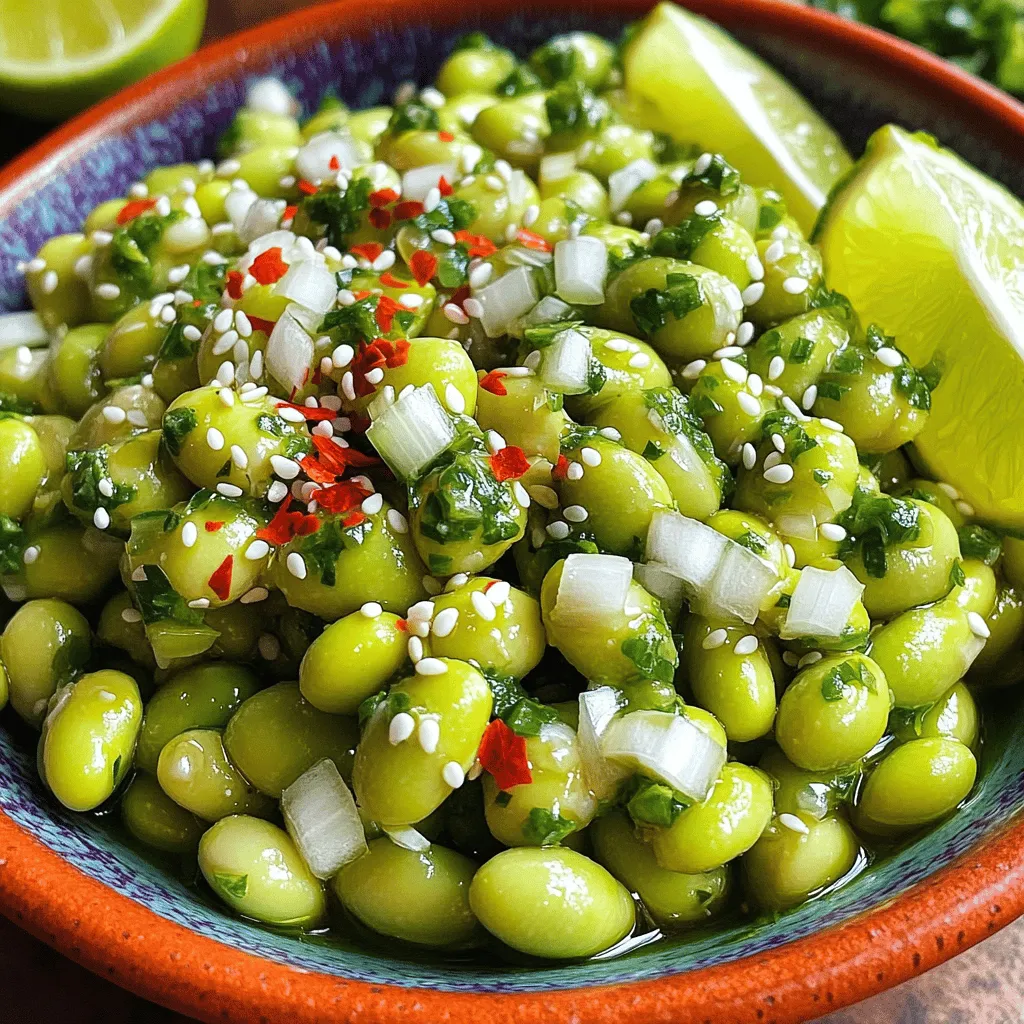 - 2 cups edamame, in pods (fresh or frozen) - 2 tablespoons olive oil - 4 cloves garlic, minced - 1 teaspoon red pepper flakes (adjust to taste) - 1 tablespoon soy sauce - 1 tablespoon sesame oil - 1 teaspoon sugar - Zest of 1 lime - Juice of 1 lime - Salt to taste - Sesame seeds for garnish - Chopped green onions for garnish When I make Spicy Garlic Edamame, I love using fresh edamame. The taste is vibrant and fresh. If fresh is not available, frozen works just as well. You want the edamame pods to be tender. This makes them easy to eat and enjoyable. Olive oil is my go-to for sautéing. It adds a nice richness. The garlic is key here. I use four cloves for a strong flavor. If you love spice, add more red pepper flakes. It can really heat things up! I also use soy sauce and sesame oil for depth. Sugar balances the spice and salt. Lime juice and zest brighten the dish. They give it a fresh kick. I always finish with sesame seeds and green onions. They add crunch and color to the plate. Gather these ingredients, and you’re ready to dive into a fun and tasty cooking adventure! To start, you can use either fresh or frozen edamame. If you choose frozen, follow the package instructions. For fresh edamame, bring a pot of salted water to a boil. Add the edamame pods and boil for about five minutes. When they are tender, drain them and set aside. A tip for boiling: make sure the water is salty. This adds a nice flavor to the edamame. Next, heat two tablespoons of olive oil in a large skillet over medium heat. Once the oil is hot, add four cloves of minced garlic. Sauté the garlic for about one minute until it smells great. Be careful not to burn it. After that, stir in one teaspoon of red pepper flakes and sauté for another thirty seconds. Now, add the cooked edamame to the skillet. Pour in one tablespoon of soy sauce, one tablespoon of sesame oil, one teaspoon of sugar, the zest of one lime, and the juice of the lime. Toss everything well. Cook for an additional two to three minutes. This allows all the flavors to mix and the edamame to heat through. Now it's time to season. Add salt to taste and adjust as needed. Once you’re happy with the flavors, remove the skillet from heat. Transfer the spicy garlic edamame to a serving bowl. For the final touch, sprinkle sesame seeds and chopped green onions on top. This adds a nice crunch and freshness to the dish. Enjoy your tasty creation! To make your Spicy Garlic Edamame even better, you can adjust the spice levels. If you love heat, add more red pepper flakes. Want it milder? Just use less. The best part is that you control the spice, so find your sweet spot! Garnishing enhances the dish. I like to sprinkle sesame seeds on top for crunch. Chopped green onions add color and freshness. These little touches make a big difference in taste and presentation. Choosing between a skillet and a wok can change the dish. A skillet works great for sautéing garlic and spices evenly. A wok heats quickly and can give a nice char. Use what you have on hand! Timing is key in cooking. When you sauté garlic, keep a close eye on it. It can go from fragrant to burnt in a flash. Stir often to ensure even cooking and to keep flavors bright. Edamame packs a nutritional punch. It is high in protein and fiber, making it a great snack. It also contains vitamins and minerals that support your health. In a balanced diet, edamame fits well as a side or snack. It can help you feel full and satisfied. Adding it to meals boosts nutrients without extra calories. Enjoy it as a healthy option any time! {{image_2}} You can change the taste of your spicy garlic edamame. Adding spices can give it a new twist. Try cumin or smoked paprika for a warm flavor. If you want something fresher, add lemon zest. You can also switch up the garlic. Use shallots or scallions for a lighter touch. Pairing your edamame with sauces can make it even better. A spicy soy sauce or a sweet chili sauce works great. You can also use it as a side dish. Serve it with rice or noodles for a fun meal. If you want to be creative, toss it into salads or grain bowls. Making this dish vegan is easy. The recipe is already plant-based since it uses edamame and olive oil. For gluten-free needs, use tamari instead of soy sauce. If you are watching your salt, cut down on the soy sauce. Use low-sodium options to keep it tasty without the extra salt. To keep your Spicy Garlic Edamame fresh, store it in an airtight container. Place it in the fridge and enjoy it within three days. If you want to save it for longer, you can freeze it. Make sure to cool the edamame completely first. Then, spread it in a single layer on a baking sheet. Freeze it for about an hour, and then transfer it to a freezer bag. This way, you can grab just what you need later. When reheating, I suggest using a skillet over medium heat. This method helps keep the edamame crunchy. Add a little olive oil to the pan to prevent sticking. Stir often until it heats through, about 5-7 minutes. To avoid sogginess, don’t cover the skillet. If you're in a hurry, you can also microwave it. Use a microwave-safe bowl and cover it loosely. Heat it in short bursts, stirring in between, until warm. In the fridge, edamame lasts about three to five days. After this time, the texture and taste may change. Signs of spoilage include an off smell or a slimy texture. If you see these signs, it's best to discard it. Fresh edamame, when stored properly, can last longer in the freezer, up to six months. The best way to cook edamame is by boiling. If you use frozen edamame, follow the package instructions. For fresh edamame, bring salted water to a boil. Add the pods and boil for about five minutes. This method keeps the beans tender and bright green. Yes, you can make Spicy Garlic Edamame ahead of time. Cook the dish, let it cool, and store it in the fridge. When ready to serve, just reheat it in a pan. This makes it a great snack for parties or quick meals. To adjust the spice level, change the amount of red pepper flakes. If you like it mild, use less. For more heat, add more flakes. You can also use fresh chili or hot sauce for a different kick. Yes, Spicy Garlic Edamame is a healthy snack. Edamame is high in protein and fiber. It also has healthy fats. This dish uses olive oil and garlic, which are good for your heart. Plus, it's low in calories, making it a guilt-free treat! In this post, I shared how to make Spicy Garlic Edamame. We explored the ingredients, cooking steps, and tips for flavor. Edamame offers great health benefits and fits many diets. You can make it spicy or mild, depending on your taste. Remember to store leftovers properly to keep them fresh. Enjoy this easy, tasty snack at home or share it with friends. With these ideas, you can create a dish that satisfies your cravings and fits your lifestyle.