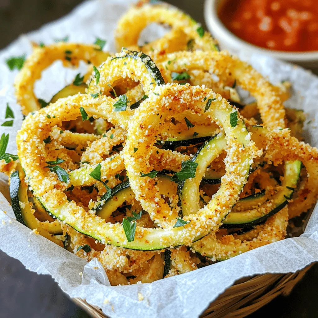 To make Crispy Parmesan Zoodle Fries, you will need: - 2 medium zucchinis - 1 cup grated Parmesan cheese - 1/2 cup almond flour (or breadcrumbs) - 1 teaspoon garlic powder - 1 teaspoon onion powder - 1/2 teaspoon paprika - 1/2 teaspoon salt - 1/4 teaspoon black pepper - 1 tablespoon fresh parsley, chopped (for garnish) - Olive oil spray If you want to switch things up, here are some ideas: - Use regular flour instead of almond flour. - Swap Parmesan for nutritional yeast for a vegan option. - Try different spices, like Italian seasoning or cayenne pepper. - Use coconut flour if you prefer a gluten-free choice. These swaps can change the taste and texture of the fries. Choosing good zucchinis can make a big difference. Here are some tips: - Look for zucchinis that are firm and smooth. - Avoid zucchinis with wrinkles or soft spots. - Choose smaller zucchinis for a sweeter flavor. - Check the color; a vibrant green means freshness. Fresh zucchinis will enhance your zoodle fries and make them even tastier! First, set your oven to 425°F (220°C). This high heat helps the fries get crispy. While the oven heats up, line your baking sheet with parchment paper. This step keeps the fries from sticking. It also makes cleanup easy. Now, it’s time to make zoodles. If you have a spiralizer, use it to create long noodles from the zucchinis. Don’t worry if you don’t have one. A vegetable peeler works well too. Just peel the zucchini into thin strips. You can also use a julienne peeler for a fun twist. Moisture is the enemy of crispy fries. To get rid of it, take the zoodles and place them in a clean kitchen towel. Squeeze out as much water as you can. You want them to be as dry as possible. This step is super important for getting that perfect crispiness. To make your zoodle fries crispy, you must remove moisture. After spiralizing the zucchinis, use a clean kitchen towel. Squeeze the zoodles tightly to get rid of excess water. This step is key. A dry zoodle fries better. When baking, spread zoodles in a single layer on the tray. If they overlap, they will steam instead of crisp. While Parmesan adds great flavor, you can mix things up. Try adding different spices. For a kick, use cayenne pepper or chili powder. You can also experiment with Italian herbs, like oregano or basil. For a cheesy twist, add a bit of mozzarella or cheddar to the Parmesan mix. Don't forget to taste and adjust spices to your liking! For a fun presentation, serve zoodle fries in a small basket. Line it with parchment paper for a rustic look. Pair the fries with a tasty dipping sauce. Marinara sauce or garlic aioli works well. You can also sprinkle fresh parsley on top for color. This not only looks good but adds a fresh taste, too! {{image_2}} If you need a vegan twist on crispy zoodle fries, you can replace Parmesan. Nutritional yeast adds a cheesy flavor without dairy. Try using vegan cheese shreds that melt well. Look for options made from nuts or soy. Both choices keep the fries tasty while being dairy-free. Feel free to get creative with seasonings! Instead of garlic and onion powder, use smoked paprika for a smoky taste. Italian seasoning adds nice herbs like oregano and basil. For a spicy kick, sprinkle in cayenne pepper or chili powder. Mix and match to find your perfect flavor! Want to make these fries more filling? Add other veggies like carrots or bell peppers for color and taste. You can also mix in cooked protein like diced chicken or tofu. This change makes the fries a complete meal and keeps them fun and crunchy! To keep your zoodle fries fresh, place them in an airtight container. If you have any leftover fries, let them cool completely first. Then, store them in the fridge for up to 2 days. This helps keep their flavor and texture intact. When you want to eat your leftover zoodle fries, reheating them properly is key. Preheat your oven to 350°F (175°C). Place the fries on a baking sheet lined with parchment paper. Bake for about 10 minutes. This will help restore their crispiness. Avoid using the microwave, as it can make them soggy. If you want to save your zoodle fries for later, freezing is a great option. First, let the fries cool completely. Then, spread them in a single layer on a baking sheet. Freeze them for about an hour. Once frozen, transfer the fries to a freezer-safe bag or container. They can stay good for up to 2 months. When ready to enjoy, bake them from frozen at 425°F (220°C) for about 20-25 minutes. Zoodles are zucchini noodles. They are a fun, low-carb pasta alternative. To make zoodles, take medium zucchinis and use a spiralizer. You can also use a vegetable peeler or julienne peeler for long strips. Slice the zucchini into noodles, then squeeze out excess water using a clean towel. This step is key for crispy fries. Yes, you can! Air fryers are great for making zoodle fries crispy. Preheat your air fryer to 400°F. Follow the same steps for coating your zoodles. Place them in the air fryer basket in a single layer. Cook for about 10-15 minutes, shaking the basket halfway through. Keep an eye on them for the perfect crunch! Absolutely! Zoodle fries are naturally gluten-free since they are made with zucchini. If you use almond flour instead of breadcrumbs, they stay gluten-free. Always check your almond flour brand to ensure it is certified gluten-free if you have allergies. To keep your zoodle fries crispy, moisture control is key. After spiralizing, squeeze out the water. Use a light spray of olive oil before baking. Bake them at a high temperature, flipping halfway through for even cooking. This ensures a golden, crispy texture! Zoodle fries pair well with many dips. Marinara sauce offers a classic touch. Garlic aioli adds a creamy twist. You can also try ranch or spicy ketchup for a fun twist. Serve them in a basket or on a plate lined with parchment for a nice look! We covered a lot about zoodle fries, from ingredients to cooking tips. You learned how to choose fresh zucchinis, create zoodles, and achieve crispiness. We also explored flavor options and ways to make the dish heartier. With proper storage and reheating, your zoodle fries will stay tasty. Embrace these ideas to make zoodle fries your next meal! Enjoy your cooking and let it spark your creativity.