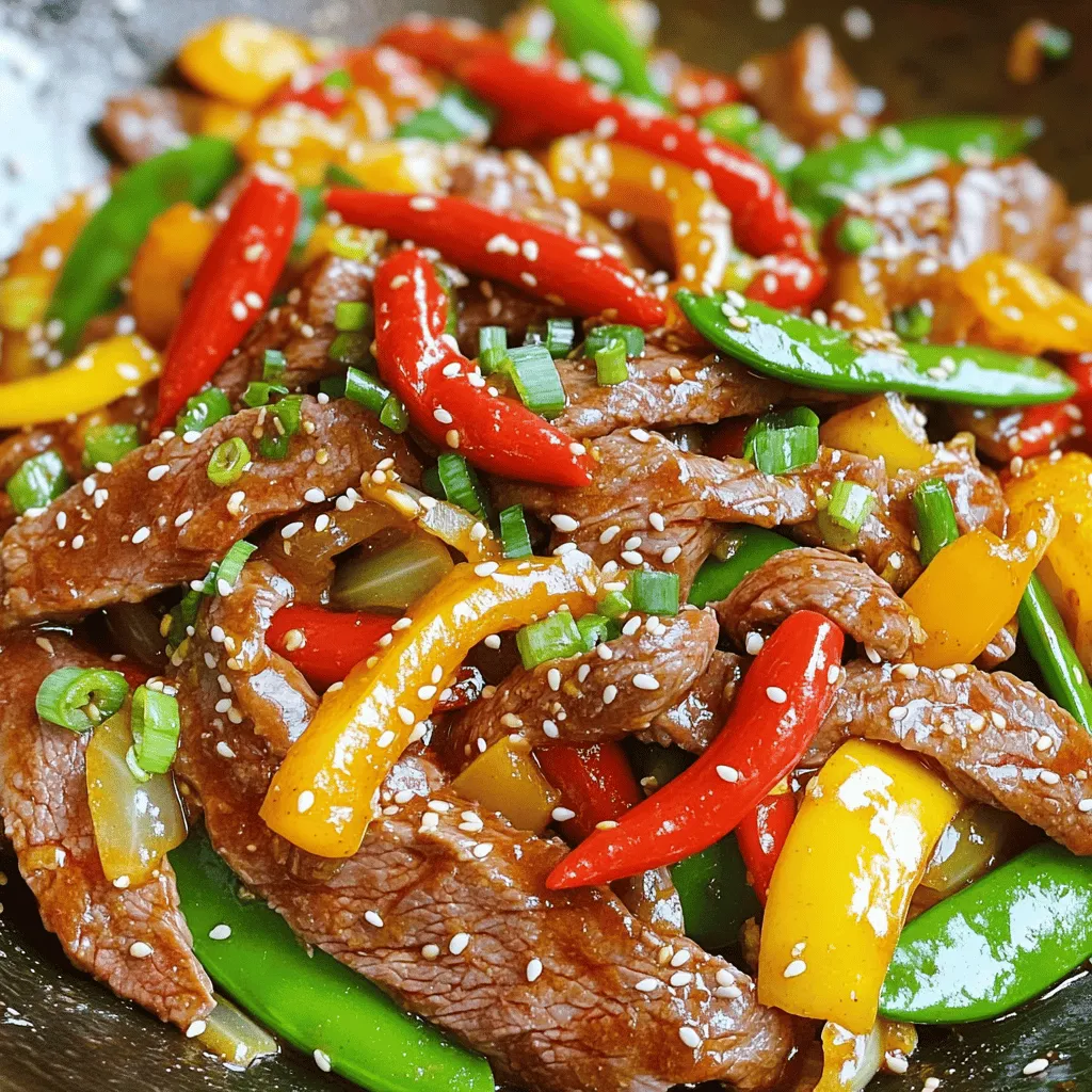 - 1 lb (450g) flank steak, thinly sliced against the grain - 3 tablespoons soy sauce - 2 tablespoons oyster sauce - 1 tablespoon cornstarch - 2 tablespoons vegetable oil - 4 cloves garlic, minced - 1 tablespoon fresh ginger, minced - 1 red bell pepper, sliced - 1 yellow bell pepper, sliced - 1 cup snap peas, trimmed - 1-2 red chilies, sliced (adjust to taste) - 2 green onions, chopped These main ingredients give the dish its bold flavors. The flank steak provides a tender bite, while the soy and oyster sauces add depth. Garlic and ginger bring warmth, and the chilies add a spicy kick. - Salt and black pepper to taste - Sesame seeds for garnish Salt and black pepper help balance the flavors in the dish. Sesame seeds add a nice crunch when sprinkled on top before serving. - Chopped green onions - Extra red chilies Green onions add freshness. You can use more red chilies if you want to amp up the heat. Feel free to play with these garnishes to make your dish look vibrant! Start by slicing 1 lb of flank steak thinly. Cut against the grain for the best texture. In a bowl, mix the sliced beef with 3 tablespoons of soy sauce, 2 tablespoons of oyster sauce, and 1 tablespoon of cornstarch. Toss it well to coat each piece of beef. Let it marinate for at least 15 minutes. This step adds flavor and helps tenderize the meat. Heat 1 tablespoon of vegetable oil in a large skillet or wok over medium-high heat. Make sure it is hot before adding the beef. Place the marinated beef in a single layer. Let it sear without moving for 2-3 minutes until it's nicely browned. After that, stir-fry for an additional 2 minutes. Remove the beef from the pan and set it aside. This method locks in flavors and keeps the beef juicy. In the same skillet, add the remaining tablespoon of vegetable oil. Next, add 4 cloves of minced garlic and 1 tablespoon of minced ginger. Cook for about 30 seconds until they smell great. Then, toss in 1 sliced red bell pepper, 1 sliced yellow bell pepper, 1 cup of trimmed snap peas, and 1-2 sliced red chilies. Stir-fry for 3-4 minutes. You want the veggies to be tender but still crisp. Finally, return the beef to the skillet, mix well, and heat through for about a minute. Adjust seasoning with salt and black pepper to your taste. This quick cooking keeps the nutrients and flavors bright! To get great sear on your beef, start with a hot pan. Heat your skillet or wok until it’s very hot. Use just enough oil to coat the bottom. Add the beef in a single layer. Don't move it too soon. Let it sear for 2-3 minutes. This helps form a tasty crust. After that, stir-fry for another 2 minutes. This keeps the beef juicy and tender. Garlic and ginger are key to flavor in this dish. Use fresh garlic and ginger for the best taste. Don’t skip the red chilies if you want heat. Adjust the amount based on your spice level. Soy sauce and oyster sauce add depth. They bring out the umami in your beef. Feel free to experiment with your favorite spices too! To keep your veggies crisp, don't overcook them. Stir-fry them quickly over high heat. Start with the garlic and ginger for flavor, then add bell peppers and snap peas. Cook for just 3-4 minutes. You want them tender but still bright and crunchy. This adds great texture to your stir-fry. Always taste as you go to find the right balance! {{image_2}} You can switch the beef for other proteins. Try chicken, shrimp, or tofu. Each option brings its own flavor. Chicken adds a mild taste, while shrimp cooks quickly. Tofu is perfect for a plant-based dish. Make sure to adjust cooking times for each protein. This keeps your meal tasty and fun. Adjusting the spice level is easy. If you want more heat, add extra red chilies. For a milder dish, use fewer chilies or remove the seeds. You can also add sweet bell peppers for balance. If you love garlic, increase the amount. It adds warmth without too much heat. Feel free to swap out veggies based on your taste. Broccoli, carrots, or zucchini work well in this stir-fry. Use whatever you have on hand. Just cut them into similar sizes for even cooking. Cooking them until tender yet crisp keeps all the flavors fresh. Enjoy mixing and matching to find your perfect blend! Store your Spicy Garlic Beef Stir-Fry in an airtight container. Keep it in the fridge. It will last for about 3 to 4 days. Make sure it cools down before sealing. This helps keep the dish fresh. Avoid letting it sit out too long. Always label your container with the date. To reheat, use a skillet or a pan. Add a splash of water or broth. Heat on medium until warm. Stir often to prevent sticking. For the microwave, use a microwave-safe dish. Cover it loosely to allow steam to escape. Heat in short bursts, stirring in between. This keeps the beef tender and the veggies crisp. You can freeze Spicy Garlic Beef Stir-Fry for up to 3 months. Place it in a freezer-safe container. Leave some space at the top for expansion. To thaw, move it to the fridge overnight. Reheat it on the stove or in the microwave. Avoid refreezing after thawing to keep the best texture and flavor. The best cut of beef for stir-frying is flank steak. It has a great flavor and is tender. Slice it thin against the grain to keep it soft. Other good options include sirloin and ribeye. They also work well in stir-fries. To make this recipe less spicy, reduce the number of red chilies. You can use just one or skip them altogether. Another option is to add more vegetables, like bell peppers or snap peas. These will balance the heat and add sweetness. Yes, you can make this dish ahead of time. Cook the beef and veggies, then cool them down. Store in an airtight container in the fridge. When you are ready to eat, just heat it up in a pan. Add a splash of soy sauce for extra flavor. In this blog post, we explored how to make a tasty Spicy Garlic Beef Stir-Fry. We covered the key ingredients, from the beef to spices and garnishes. I shared step-by-step instructions for cooking beef and vegetables. You learned tips for perfect flavor and texture, along with variations for protein and spice levels. Proper storage methods were also discussed. As you try this recipe, feel free to make it your own. Enjoy your cooking adventure and delight in your delicious meals!