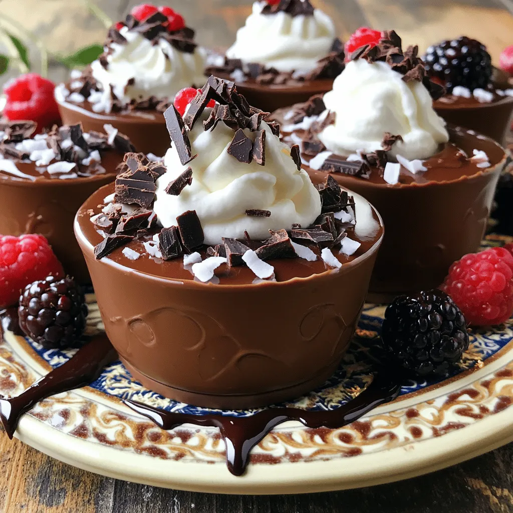 To make your Cottage Cheese Chocolate Mousse Cups, gather these main ingredients: - 1 cup low-fat cottage cheese - 1/4 cup unsweetened cocoa powder - 1/4 cup maple syrup (or to taste) - 1 teaspoon vanilla extract - 1/2 teaspoon instant coffee granules (optional) - A pinch of salt These ingredients work together to create a rich, creamy, and chocolatey dessert. The cottage cheese is the star here. It provides a smooth texture while keeping the dish light. The cocoa powder adds deep chocolate flavor. Maple syrup sweetens the mousse naturally. Vanilla extract gives warmth, and coffee granules enhance the chocolate taste. To take your mousse to the next level, consider these optional ingredients: - Whipped coconut cream or regular whipped cream for topping - Dark chocolate shavings or fresh berries for garnish Whipped cream adds a fluffy layer on top, making it more indulgent. Dark chocolate shavings add a touch of elegance and extra flavor. Fresh berries can provide a nice contrast with their tartness. These additions not only make your dessert look stunning but also elevate the taste. If you need to change some ingredients, here are some swaps: - Use Greek yogurt in place of cottage cheese for creaminess. - Honey or agave can be used instead of maple syrup for sweetness. - Almond extract can replace vanilla for a different flavor. These substitutions can adjust the taste and texture while keeping the mousse delicious. You can play around with flavors to suit your taste. To make your Cottage Cheese Chocolate Mousse Cups, start by gathering your ingredients. You need: - 1 cup low-fat cottage cheese - 1/4 cup unsweetened cocoa powder - 1/4 cup maple syrup (or to taste) - 1 teaspoon vanilla extract - 1/2 teaspoon instant coffee granules (optional) - A pinch of salt Next, place all these ingredients into a blender or food processor. Blend them on medium speed until smooth. Make sure to scrape the sides to mix well. For the best creaminess, blend until there are no lumps left. If your mousse seems too thick, add a splash of milk. This helps it blend smoothly. Always taste the mixture. If it needs more sweetness, add more maple syrup and blend again. Once your mousse is smooth, transfer it into small cups or dessert glasses. Fill them about 3/4 full. Cover and chill in the fridge for at least 30 minutes. This helps it set nicely. Before serving, add a dollop of whipped cream on top. You can use whipped coconut cream or regular whipped cream. For a fancy touch, sprinkle dark chocolate shavings or fresh berries on top. To impress your guests, serve the cups on a decorative platter. Drizzle some chocolate sauce around the cups for that restaurant-style look. Enjoy your creamy delight! To get a smooth and creamy texture, use a good blender. Blend the cottage cheese and cocoa powder well. Scrape the sides of the blender to mix all ingredients. If the mousse feels too thick, add a splash of milk or cream. This will help create a lighter mousse. Chill the cups for at least 30 minutes. This allows the flavors to blend and the mousse to set. Taste your mousse before serving. You can adjust sweetness by adding more maple syrup. If you want a richer flavor, add instant coffee granules. This small step enhances the chocolate taste. You can also mix in a bit of cinnamon for a warm twist. Remember, flavors deepen as the mousse chills. Serve your mousse in pretty cups or glasses. This makes it look fancy and inviting. Top each cup with whipped cream. You can also add dark chocolate shavings or fresh berries for color. For added flair, drizzle chocolate sauce on the plate. This makes your dessert stand out. Arrange the cups on a decorative platter for a special touch. {{image_2}} You can easily make this dessert dairy-free and vegan. Instead of cottage cheese, use silken tofu. It blends smoothly and gives a great texture. You can also swap maple syrup for agave nectar or another plant-based sweetener. This way, you keep the creamy delight while making it suitable for everyone. Want to change the flavor? You can add fresh fruit or spices. Try mixing in a ripe banana for a fruity twist. You can also add a pinch of cinnamon or nutmeg for warmth. For a minty taste, add a drop of peppermint extract. These changes make the mousse fun and new each time. Toppings make your mousse even better. Instead of whipped cream, try whipped coconut cream for a tropical feel. Fresh berries like raspberries or strawberries add color and taste. You can also sprinkle toasted nuts for a crunchy bite. Dark chocolate shavings look great and taste rich too. Each topping gives a unique touch, so feel free to mix and match! Store leftover mousse cups in your fridge. Cover each cup tightly with plastic wrap or a lid. This keeps the mousse fresh and tasty. They will last about three days in the fridge. If you want to save them longer, freezing is an option. You can freeze mousse cups, but they may change in texture. To freeze, cover each cup with plastic wrap, then foil. This helps prevent freezer burn. You can keep them frozen for up to two months. When ready to eat, thaw them in the fridge overnight. The best time to eat these mousse cups is within three days. This ensures the best taste and texture. If frozen, eat them within two months for the best flavor. Always check for signs of spoilage, like a strange smell or change in color. Enjoy your creamy delight while it's fresh! Yes, you can use different sweeteners. I recommend honey or agave syrup. They can work well in place of maple syrup. Just remember to adjust the amount to fit your taste. If you like it sweeter, add more. If you want it less sweet, use less. Always taste as you mix. You can make this mousse without a blender. Use a whisk and a bowl instead. Start by mixing the cottage cheese and cocoa powder. Then, add maple syrup, vanilla extract, and salt. Mix until smooth. It may take some time, but it will still work. Just keep stirring until creamy. For special occasions, serve the mousse in fancy cups or glasses. You can add whipped cream on top for a nice touch. Garnish with dark chocolate shavings or fresh berries. For a fun twist, drizzle chocolate sauce around the cups. This makes the dessert look more elegant and inviting. This article covered making delicious cottage cheese chocolate mousse cups. We discussed the main ingredients, optional enhancements, and useful tips for creamy texture. You learned how to customize flavors and store leftovers. I hope you feel ready to experiment with this tasty treat. Enjoy the rich flavors and smooth texture. With these steps, you can impress your family and friends with your new dessert!
