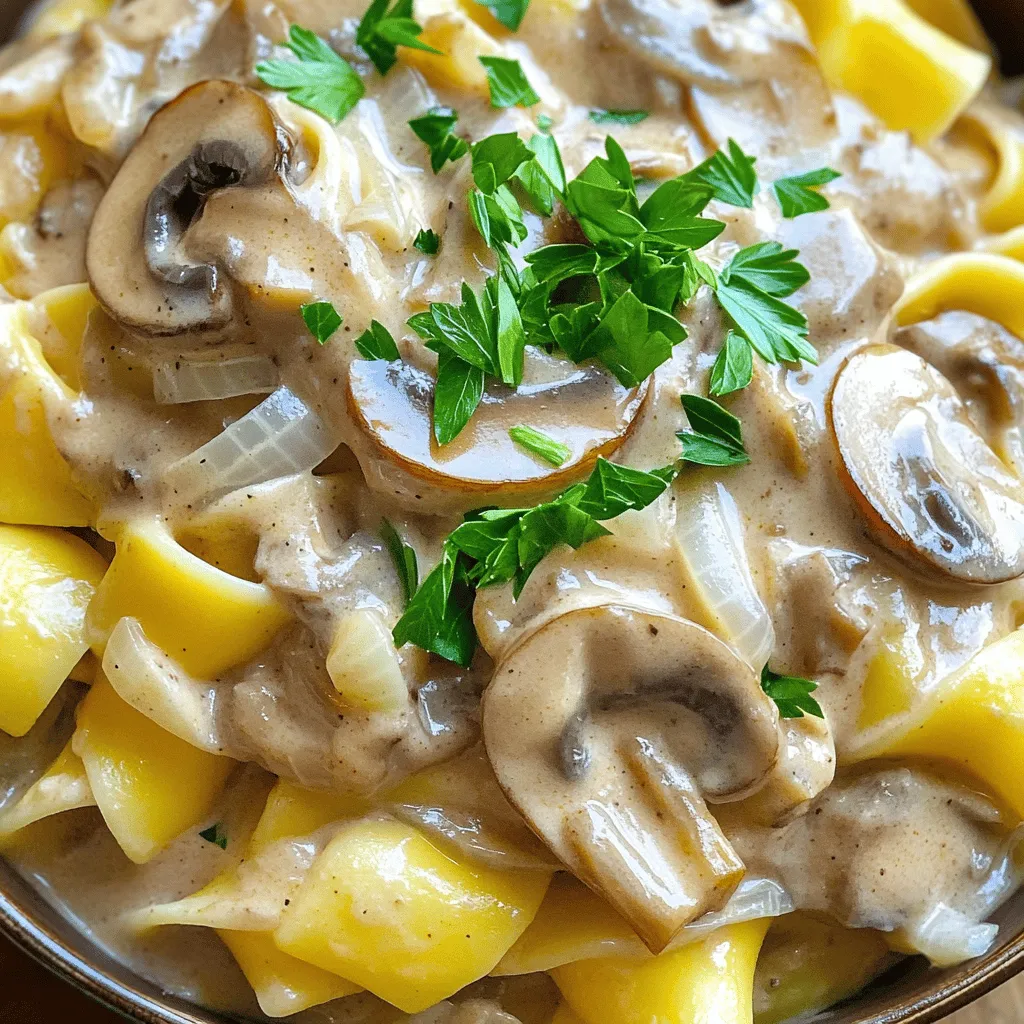 To make a rich and creamy mushroom stroganoff, gather these key ingredients: - 1 pound (450g) mushrooms, sliced (cremini or a mix) - 1 medium onion, diced - 3 cloves garlic, minced - 1 cup vegetable broth - 1 tablespoon soy sauce - 1 teaspoon dried thyme - 1 teaspoon paprika - 1 cup sour cream - 2 tablespoons cornstarch mixed with 2 tablespoons water (for thickening) - Salt and pepper to taste - 8 ounces (225g) egg noodles - Fresh parsley, chopped (for garnish) These ingredients will create a delicious dish that comforts and satisfies. The mushrooms are the star here, adding depth and earthiness. The onions and garlic provide a savory base, while the vegetable broth keeps the dish moist. Soy sauce adds a touch of umami, enhancing the flavor. Sour cream gives that creamy texture we crave. The cornstarch thickens the sauce, making it perfect to coat the noodles. Fresh parsley not only adds color but also a burst of freshness to each bite. Gather these ingredients, and you’re on your way to a delightful meal that everyone will love. In the slow cooker, add these ingredients: - 1 pound of sliced mushrooms - 1 medium diced onion - 3 cloves of minced garlic - 1 cup of vegetable broth - 1 tablespoon of soy sauce - 1 teaspoon of dried thyme - 1 teaspoon of paprika Mix everything well. Stirring is key to blending flavors and ensuring even cooking. Cover the slow cooker. Set it to low heat for 6-7 hours or high heat for 3-4 hours. The cooking time will soften the mushrooms. You want them to be tender and full of flavor. About 30 minutes before you serve, add 1 cup of sour cream to the mixture. Then, mix 2 tablespoons of cornstarch with 2 tablespoons of water to make a slurry. Add this to the slow cooker. Stir well and cover it again. This step thickens the stroganoff and makes it creamy. While the stroganoff cooks, boil 8 ounces of egg noodles. Follow the package instructions for timing. Drain the noodles when they are cooked, and set them aside. This way, they will be ready to serve with the stroganoff. Once the stroganoff is thickened and creamy, taste it. Adjust with salt and pepper to get the perfect flavor. Serve the stroganoff over the egg noodles. Top each plate with fresh chopped parsley. This adds color and a fresh taste. To make your stroganoff creamy, add sour cream about 30 minutes before serving. This helps it blend well without curdling. If you want a thicker sauce, mix cornstarch with water to create a slurry. Stir this into the mixture and let it cook. Adjust the sauce thickness by adding more broth if it gets too thick. For more flavor, consider adding fresh herbs like thyme or parsley. You can also try a pinch of nutmeg or a splash of white wine. These enhance the dish's depth. When seasoning, start with a little salt and pepper. Taste as you go to balance the flavors. This way, your stroganoff won’t be bland. Cooking times can change based on your slow cooker model. Generally, cook on low for 6-7 hours or high for 3-4 hours. Always check the doneness of the mushrooms. They should be tender and full of flavor. For safety, keep the lid on while cooking to maintain heat. This helps the dish cook evenly and prevents spills. {{image_2}} You can easily make this dish vegetarian. Simply swap the sour cream for a plant-based option. There are many good choices, like coconut yogurt or cashew cream. Both give a rich taste. You can also change the mushrooms. Try using shiitake, portobello, or oyster mushrooms for different flavors and textures. Each type adds its own twist to the dish, making it exciting! Want to add some protein? Chicken or beef works great! If you use chicken, cut it into small pieces. For beef, use thin strips. Adjust the cooking time too. Chicken needs about 4-5 hours on low, while beef may take 5-6 hours. This extra protein makes the dish heartier and more filling. If you need a gluten-free meal, use gluten-free noodles. They cook well in the same way as regular noodles. For thickening, you can use cornstarch or arrowroot powder instead of flour. Both options will keep your stroganoff creamy and delicious. Just mix them with water before adding to the slow cooker. Enjoy your tasty, gluten-free meal! After enjoying your meal, let the leftover stroganoff cool down a bit. Place it in the fridge within two hours to keep it fresh. Use airtight containers to store the stroganoff. This helps to lock in flavors and prevent spoilage. Glass containers work great, as they do not stain or hold odors. If you use plastic, make sure it's BPA-free. To reheat your stroganoff, use the stove or microwave. If using the stove, heat it in a pan over low heat. Stir often to avoid sticking. If using a microwave, heat it in short bursts of 30 seconds. Stir between each burst for even heating. To keep the creaminess, add a splash of broth or water as you reheat. You can freeze stroganoff for later use. Let it cool completely before placing it in a freezer-safe container. Make sure to leave some space at the top for expansion. For best results, eat it within three months. When ready to eat, thaw it in the fridge overnight. Reheat it gently using the stove or microwave, adding a little broth to restore its creamy texture. Yes, you can prepare this dish ahead of time. I recommend cooking it in the slow cooker. Once done, let it cool before storing. You can keep it in the fridge for up to three days. Just reheat it gently on low heat when you're ready to serve. If you need a substitute for sour cream, here are some options: - Greek yogurt: Use plain, unsweetened yogurt for a similar taste. - Cream cheese: Soften it first for easy mixing. - Cashew cream: Blend soaked cashews with water for a dairy-free option. - Silken tofu: Blend until smooth for a vegan choice. You will know the mushrooms are done when they turn soft and tender. They should look juicy and slightly shrunken. A good test is to poke one with a fork; it should feel easy to pierce. Yes, you can double this recipe easily. Just make sure your slow cooker is large enough. You may need to adjust the cooking time slightly. Check for doneness of the mushrooms as you cook. This blog shared the tasty process of making Slow Cooker Creamy Mushroom Stroganoff. You learned to combine simple ingredients like mushrooms, broth, and soy sauce. I walked you through easy steps to cook, add creaminess, and serve with egg noodles. Remember, you can customize it to fit your taste. Whether for a cozy dinner or meal prep, this dish is a winner. Enjoy your cooking adventure and share this recipe with friends!