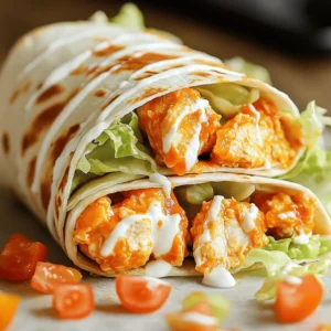 To make Crispy Buffalo Chicken Wraps, you will need a few key items. Here’s what you need to gather: - 1 pound boneless, skinless chicken breasts - 1 cup buttermilk - 1 cup all-purpose flour - 1 teaspoon garlic powder - 1 teaspoon onion powder - 1 teaspoon paprika - 1/2 teaspoon cayenne pepper - Salt and pepper to taste - Vegetable oil (for frying) - 1/2 cup buffalo sauce - 4 large tortillas (flour or spinach) - 1 cup shredded lettuce - 1 cup diced tomatoes - 1/2 cup shredded cheddar cheese - Ranch or blue cheese dressing (optional) The marinating step is key. The buttermilk helps make the chicken tender and juicy. It also adds a nice tang. Combine the chicken with buttermilk in a bowl and let it sit. For the dry mix, I use flour with garlic powder, onion powder, paprika, cayenne pepper, salt, and pepper. This mix gives the chicken its crispy coat and bold flavor. You can customize your wraps. I love adding shredded lettuce and diced tomatoes for crunch. Shredded cheddar cheese adds a creamy touch. For the sauce, ranch or blue cheese dressing is a great option. It cools down the heat from the buffalo sauce and makes each bite extra tasty. First, take your chicken breasts and place them in a bowl. Pour in one cup of buttermilk. Make sure the chicken is fully covered. This step adds flavor and keeps the chicken juicy. Cover the bowl and let it sit in the fridge. I recommend marinating for at least one hour, but overnight is even better. In a second bowl, mix together one cup of all-purpose flour, one teaspoon of garlic powder, one teaspoon of onion powder, one teaspoon of paprika, and half a teaspoon of cayenne pepper. Add salt and pepper to taste. This blend gives the chicken a tasty coating. Stir well to combine all the spices. Now, heat about one inch of vegetable oil in a large skillet over medium-high heat. While the oil heats, take the marinated chicken out of the fridge. Let the excess buttermilk drip off each piece. Dredge each piece of chicken in the seasoned flour. Make sure to coat every side well. Once the oil is hot, carefully place the chicken in it. Fry the chicken for about 6-8 minutes on each side. Look for a golden brown color. Use a meat thermometer to check if it reaches 165°F (75°C). Once cooked, take the chicken out and let it drain on a paper towel. To assemble your wraps, take a large tortilla and lay it flat. In the center, add a generous amount of shredded lettuce and diced tomatoes. Place a piece of the crispy chicken on top. Sprinkle shredded cheddar cheese over the filling. If you like, drizzle some ranch or blue cheese dressing on top. Fold the sides of the tortilla in, then roll it up from the bottom. Repeat with the other tortillas. For an extra crispy finish, you can warm the wraps in a dry skillet for a few minutes. Enjoy your wrap with extra buffalo sauce on the side! To get that perfect crispy chicken, marinate the chicken in buttermilk. This step adds flavor and keeps the meat moist. After marinating, coat each chicken piece in seasoned flour. Use a mix of garlic powder, onion powder, paprika, and cayenne pepper. Make sure each piece is fully covered for the best crunch. You can bake or air-fry your chicken if you want a lighter option. For baking, preheat your oven to 400°F (200°C). Place the coated chicken on a baking sheet lined with parchment paper. Bake for about 20-25 minutes or until golden and crispy. If you choose air-frying, set the air fryer to 375°F (190°C). Cook the chicken for 10-12 minutes, flipping halfway through. To serve your wraps, cut them in half diagonally. This makes them easier to eat and looks great on a plate. Serve with extra buffalo sauce and ranch or blue cheese dressing on the side for dipping. For a pop of color, add fresh herbs like cilantro or parsley as a garnish. This simple touch makes your meal look even more inviting. {{image_2}} You can switch up the chicken in this recipe. Turkey works great! Use ground turkey or turkey breast for a leaner option. Tofu is a fantastic choice for a vegetarian twist. Simply press the tofu to remove excess water. Then, cut it into strips and marinate just like chicken. This way, everyone can enjoy the crispy buffalo experience. Buffalo sauce can be as spicy or mild as you like. For a fiery kick, go with a hot sauce that has more heat. Try adding extra cayenne pepper or chili powder to the mix. If you prefer milder flavors, use a mild buffalo sauce or mix the sauce with ranch dressing. This balance gives a creamy taste while keeping some flavor. Tortillas are versatile, but you can get creative! Use lettuce wraps for a low-carb option. Just take large leaves of romaine or iceberg lettuce. They hold the filling well and add a nice crunch. You can also try different tortillas, like whole wheat or herb-flavored ones. Each type brings its unique taste and texture to your wraps. To keep your leftover wraps fresh, wrap each one tightly in plastic wrap or foil. Place them in an airtight container. Store the container in the fridge. Leftover wraps will stay good for up to three days. If you want to keep them longer, freezing is a great option. For the best taste, reheat your wraps in an oven. Preheat your oven to 350°F (175°C). Unwrap the wraps and place them on a baking sheet. Heat for about 10-15 minutes until warm. You can also reheat them in a skillet. Just heat on medium for about 5 minutes on each side. This will help keep them crispy. If you plan to freeze your wraps, do it before adding any fresh toppings. Wrap each one tightly in plastic wrap, then place them in a freezer bag. They can stay in the freezer for up to three months. When you're ready to eat, thaw them in the fridge overnight before reheating. This keeps the flavor and texture just right. Yes, you can make these wraps ahead of time. I suggest cooking the chicken and preparing the toppings. Store the chicken in the fridge. You can also chop the lettuce and tomatoes. When you're ready to eat, just assemble the wraps. This keeps everything fresh and tasty. These wraps pair well with many sides. Here are some good options: - Sweet potato fries - Coleslaw - Vegetable sticks with dip - A light salad These sides balance the spicy flavors of the wraps. They add crunch and freshness. You can easily change the spice level! If you want it milder, skip the cayenne pepper. You can also use a mild buffalo sauce instead. If you like it spicy, add more cayenne or use a hot sauce. Adjust it to fit your taste. Crispy Buffalo Chicken Wraps are easy and fun to make. We covered the best ingredients, step-by-step cooking, and tips for perfect wraps. You can also swap chicken for turkey or tofu and adjust the spice to your taste. Remember, storing and reheating properly keeps leftovers tasty. Enjoy this dish with your favorite sides for a great meal. I hope you feel inspired to make these wraps your way!