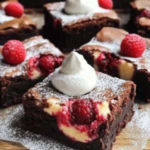 - 1 cup (2 sticks) unsalted butter - 1 1/2 cups granulated sugar - 1 cup packed brown sugar - 4 large eggs - 1 teaspoon vanilla extract - 1 cup all-purpose flour - 1/2 cup unsweetened cocoa powder - 1/4 teaspoon salt - 1/2 teaspoon baking powder You can substitute the unsalted butter with coconut oil or margarine if needed. - 8 oz cream cheese, softened - 1/2 cup granulated sugar - 1 large egg - 1 teaspoon vanilla extract For a lighter option, use low-fat cream cheese. If you're dairy-free, opt for vegan cream cheese. - Fresh raspberries - Chocolate drizzle - Powdered sugar for dusting - Whipped cream These toppings add flavor and make your brownies look even more appealing. Preheat your oven to 350°F (175°C). This step is crucial for even baking. Choose a 9x13 inch baking pan. You can grease it with butter or use parchment paper. Parchment makes it easy to lift the brownies out later. First, melt 1 cup of unsalted butter in a medium saucepan over low heat. Once melted, take it off the heat. Add 1 1/2 cups of granulated sugar and 1 cup of brown sugar. Stir them together until they mix well. Let this cool for a few minutes. Next, add 4 large eggs, one at a time. Make sure each egg is mixed in fully before adding the next. Then, mix in 1 teaspoon of vanilla extract. Now, in a separate bowl, whisk together 1 cup of all-purpose flour, 1/2 cup of cocoa powder, 1/4 teaspoon of salt, and 1/2 teaspoon of baking powder. Gradually add this dry mix to the wet mix. Stir until just combined. Don't overmix. In a mixing bowl, take 8 oz of softened cream cheese. Beat it with 1/2 cup of granulated sugar until it’s smooth. Add 1 large egg and 1 teaspoon of vanilla extract. Beat again until it’s creamy and well-blended. Pour half of the brownie batter into your prepared pan. Spread it out evenly. Next, dollop the cheesecake mix over the brownie layer. Then, pour the rest of the brownie batter on top. Now, scatter 1 cup of fresh raspberries on top. Use a knife or skewer to gently swirl the cheesecake into the brownie batter. This creates a beautiful marbled look. Bake in the oven for 30-35 minutes. To check if they’re done, insert a toothpick in the center. It should come out with a few moist crumbs. Once done, allow the brownies to cool for 20 minutes before cutting them into squares. Enjoy your delicious creation! To bake perfect brownies, start with the right oven temperature. Preheat your oven to 350°F (175°C). This temperature ensures even cooking. Use an oven thermometer to check accuracy. Place your brownies in the center of the oven for even heat. Bake for 30-35 minutes. Avoid opening the oven too often, as this can drop the temperature. To check doneness, insert a toothpick in the center. It should come out with a few moist crumbs. To avoid over or under-baking, set a timer for 30 minutes. If the toothpick shows wet batter, bake a few more minutes. Keep a close eye during the last few minutes. Brownies should be soft in the middle but firm around the edges. To boost the chocolate flavor, use high-quality cocoa powder. You can add a pinch of sea salt to enhance the sweetness. For a creamier cheesecake layer, beat the cream cheese until smooth before adding sugar. Mixing on low speed helps avoid air bubbles. Use a rubber spatula for blending the cheesecake mixture. It ensures you scrape all the sides and bottom. When swirling, use a knife or skewer. This creates beautiful marbled patterns without mixing too much. Garnishing your brownies can make them look stunning. Dust powdered sugar over the top before serving. This adds a sweet touch and makes them look fancy. Place fresh raspberries on each brownie for color. This adds a pop of freshness and taste. For serving, consider adding whipped cream on the side. It pairs well with the rich brownie and cheesecake flavors. You can also serve these brownies in a pretty dish to enhance the visual appeal. Enjoy your delicious creation! {{image_2}} You can change the fruit swirl to match your taste. Try strawberries, blueberries, or cherries. Each fruit brings a new flavor to the brownies. You can also add flavored extracts, like almond or mint, for a fun twist. If you love crunch, mix in nuts like walnuts or pecans. Chocolate chips also work well. They add a rich touch of sweetness. If you need a gluten-free version, swap all-purpose flour for almond or coconut flour. Use a gluten-free blend if you prefer that. For a vegan recipe, replace eggs with flax eggs. Mix 1 tablespoon of ground flaxseed with 2.5 tablespoons of water to make one flax egg. Choose dairy-free cream cheese for the cheesecake layer. You can also use maple syrup or coconut sugar instead of granulated sugar. Seasonal fruits can inspire your brownie swirls. In fall, try pumpkin puree instead of raspberries for a pumpkin cheesecake swirl. In summer, fresh peaches or plums can bring a juicy flavor. For winter, consider using cranberry sauce for a tart kick. Each season offers a chance to get creative with your brownies. To keep your brownies fresh, let them cool completely. Cut them into squares and place them in an airtight container. You can also wrap them tightly in plastic wrap, then store them in a container. For added freshness, place a slice of bread in the container. This helps to keep the brownies moist. If you want to store them longer, freezing is a great option. Wrap each brownie in plastic wrap and then place them in a freezer-safe bag. They can stay good in the freezer for up to three months. When you want to enjoy a brownie again, reheating is simple. Preheat your oven to 350°F (175°C). Place the brownies on a baking sheet and warm them for about 5 to 10 minutes. This helps revive their soft texture. You can also use the microwave. Heat one brownie for about 15-20 seconds. This method makes them warm and gooey. If you have leftover brownies, try using them in a sundae. Just crumble them over ice cream with a drizzle of chocolate sauce. These brownies can last for about 4-5 days at room temperature. If stored in the fridge, they might last up to a week. You can tell if they’ve gone bad if they smell off or have visible mold. If they feel dry or hard, they also might not taste good. Freshness is key for the best flavor and texture. Yes, you can use frozen raspberries. Just make sure to thaw them first. Thawed raspberries release more juice, which can make the brownies a bit wetter. This can change the texture slightly, but the flavor stays great. If you want firmer brownies, use fresh raspberries instead. To check if the brownies are done, use a toothpick. Insert it into the center of the brownies. If it comes out with a few moist crumbs, they are ready. Look for a slight shine on top and a springy edge. If it's too wet, bake for a few more minutes. Yes, you can make these brownies ahead of time. After they cool, store them in an airtight container. They can stay fresh for up to three days at room temperature. For the best taste, serve them within a day or two after baking. If you want, you can freeze them for up to three months. Just let them thaw in the fridge before serving. In this blog post, we explored how to make delicious brownie cheesecake. You learned about the key ingredients, including the brownie base, cheesecake layer, and tasty toppings. We also covered step-by-step instructions to ensure perfect results every time. You now have tips for flavor, presentation, and variations to match your needs. Remember, whether you want classic brownies or a fun twist, you can create a treat everyone will love. Enjoy baking, and don’t forget to share your results!