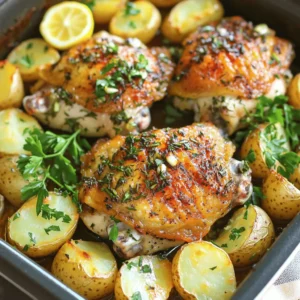 - 4 bone-in, skin-on chicken thighs - 4 medium-sized Yukon Gold potatoes, quartered - 5 cloves garlic, minced - 2 tablespoons fresh rosemary, chopped - 2 tablespoons fresh thyme, chopped The chicken thighs are the star of this dish. Their skin crisps up nicely in the oven. Yukon Gold potatoes add a creamy texture and buttery flavor. Minced garlic, chopped rosemary, and thyme give the dish a fresh, aromatic taste. Fresh herbs elevate each bite. - 1 tablespoon olive oil - Salt and pepper - 1 teaspoon smoked paprika Olive oil helps the chicken and potatoes cook evenly. Salt and pepper enhance the flavors. Smoked paprika provides a subtle smokiness that complements the dish perfectly. - Lemon zest - Fresh parsley Adding lemon zest brightens the dish. It gives a fresh note that cuts through the richness. Chopped parsley adds a pop of color and fresh flavor. These garnishes make the meal even more appealing. First, I mix the garlic, rosemary, thyme, olive oil, lemon juice, lemon zest, smoked paprika, salt, and pepper in a large bowl. This creates a flavorful marinade. I want the herbs to blend well with the oil and lemon. This adds a fresh taste to the chicken. Next, I add the chicken thighs to the bowl. I coat them fully in the marinade. It’s best to let them sit for at least 15 minutes. For even more flavor, I suggest marinating for up to 2 hours in the fridge. Now, I quarter the Yukon Gold potatoes. This size helps them cook evenly. In another bowl, I toss the potatoes with a bit of olive oil, salt, and pepper. I might also add some leftover marinade for extra flavor. It’s important to coat them well so they get crispy. In a large roasting pan, I arrange the marinated chicken thighs skin-side up. I scatter the seasoned potatoes around the chicken. This setup helps the flavors mix during cooking. I preheat the oven to 425°F (220°C). Then, I roast the dish for about 40 to 45 minutes. I check that the chicken is golden brown and crispy, reaching an internal temperature of 165°F (75°C). The potatoes should be tender with crispy edges. Once done, I let the dish rest for 5 to 10 minutes before serving. This helps the juices settle in the chicken, making it moist. To get crispy skin on your chicken, start with bone-in, skin-on thighs. Pat them dry with a paper towel first. This helps the skin crisp up in the oven. The key is to roast them at a high temperature. I recommend 425°F (220°C). This hot oven will give you that golden, crunchy skin you want. Cook the chicken until it reaches an internal temperature of 165°F (75°C). Use a meat thermometer for the best results. Insert it into the thickest part of the thigh, avoiding the bone. This step ensures the chicken is safe to eat and juicy. For tasty potatoes, use Yukon Golds. They hold their shape and get crispy. Toss your quartered potatoes in a bowl with olive oil, salt, and pepper. Add leftover marinade for extra flavor. Mix well to ensure each piece is covered. To avoid mushiness, do not overcrowd the pan. Arrange the potatoes in a single layer around the chicken. This allows hot air to circulate and crisp them up nicely. Marinate the chicken for at least 15 minutes. This allows the flavors to soak in. If you have time, let it sit for up to 2 hours in the fridge. Longer marination gives you a richer taste. Marination is important because it adds flavor and helps keep the chicken moist. The acid from the lemon juice helps break down proteins, making the chicken tender. Enjoy the burst of flavor in each bite! {{image_2}} You can switch out the chicken for other meats. Try using bone-in, skin-on chicken thighs for the best flavor. If you want to use pork, choose pork chops. For beef, opt for a brisket cut. Just adjust the cooking time based on the meat's thickness. If you want a lighter option, use skinless chicken breasts. They cook faster but can dry out more easily. To keep them tasty, marinate them longer. You can also add extra olive oil to help keep them moist. If you want different flavors, switch up the herbs. You can use oregano or basil for a Mediterranean twist. For a more robust taste, try using sage or dill. These herbs add depth and make the dish exciting. You can also use dried herbs if fresh ones are not available. Just use one-third of the amount. Dried herbs are stronger, so less is more. They still work well in a marinade and on the chicken. Feel free to add more vegetables to the dish. Carrots and green beans roast well alongside the chicken. You can also try Brussels sprouts or zucchini for variety. When adding different vegetables, keep cooking times in mind. Harder veggies, like carrots, need more time than softer ones, like zucchini. Add the softer veggies halfway through cooking to ensure everything is perfectly tender. To keep your Garlic Herb Roasted Chicken and Potatoes fresh, let it cool first. Store leftovers in an airtight container. This helps keep the flavors intact. Place the container in the fridge. You can keep it for up to four days. Make sure to seal it well to avoid odors from other foods. If you want to save some for later, you can freeze the dish. Let it cool completely before freezing. Place portions in freezer bags or airtight containers. Squeeze out any air to prevent freezer burn. You can freeze it for up to three months. When ready to eat, defrost in the fridge overnight. This keeps the chicken tender and juicy. To reheat, use an oven for the best results. Preheat your oven to 350°F (175°C). Place the chicken and potatoes in a baking dish. Cover with foil to keep moisture in. Heat for about 20 minutes. Check that the chicken is hot throughout. This way, you keep the juicy texture. You can also use a microwave if you're in a hurry. Just be careful not to overcook it. To keep the chicken moist, use bone-in, skin-on thighs. The skin helps lock in moisture. Marinate the chicken for at least 15 minutes. You can marinate it longer for more flavor. Cook it at the right temperature, about 425°F (220°C), for about 40-45 minutes. Check that it reaches 165°F (75°C) inside. Let the chicken rest for a few minutes after cooking. This step helps the juices stay inside. Yes, you can prep this dish in advance. Marinate the chicken and store it in the fridge for up to 2 hours. You can also cut the potatoes and toss them with oil and seasoning ahead of time. Just cover them and keep them in the fridge too. When you are ready to cook, arrange everything in the roasting pan and bake. This method saves time on busy days. This dish pairs well with simple sides. A fresh green salad works nicely. Steamed green beans or broccoli add color and nutrition. You could also serve some crusty bread to soak up the juices. For a touch of sweetness, roasted carrots or glazed Brussels sprouts are great choices. These sides complement the flavors of the chicken and potatoes well. If you don’t have fresh herbs, dried herbs are a good substitute. Use about one-third of the amount of dried herbs. For example, if the recipe calls for 2 tablespoons of fresh thyme, use about 2 teaspoons of dried thyme. You can also use garlic powder instead of fresh garlic. This change will still give you a nice flavor. Just remember to adjust the quantities to avoid overpowering the dish. In this blog post, we explored how to make Garlic Herb Roasted Chicken and Potatoes. You learned about essential ingredients like chicken thighs, Yukon Gold potatoes, and fresh herbs. I shared step-by-step instructions, tips for perfect cooking, and how to customize the dish with different proteins and herbs. Remember, marinating adds flavor. Proper storage keeps leftovers fresh. Enjoy creating this dish, and feel free to experiment. Cooking is fun and personal. Happy roasting!