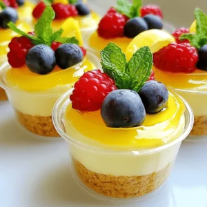 To make these no-bake lemon cheesecake cups, gather these ingredients: - 1 ½ cups graham cracker crumbs - ½ cup unsalted butter, melted - 2 cups cream cheese, softened - 1 cup powdered sugar - 1 teaspoon vanilla extract - 1 cup heavy whipping cream - ½ cup fresh lemon juice - Zest of 1 lemon - Fresh berries for garnish (optional) - Mint leaves for garnish (optional) These ingredients come together to create a creamy and zesty dessert. The graham cracker crumbs form a crunchy base, while the cream cheese gives the filling its rich texture. If you need to make changes, here are some ideas: - Graham cracker crumbs: You can use digestive biscuits or vanilla wafers. - Unsalted butter: Coconut oil works well if you want a dairy-free option. - Cream cheese: Use a dairy-free cream cheese or Greek yogurt for a lighter version. - Powdered sugar: You can substitute with coconut sugar or a sugar alternative. - Heavy whipping cream: Try using coconut cream for a dairy-free option. - Fresh lemon juice: Lime juice can be a great substitute for a different flavor. These substitutions keep the spirit of the recipe while accommodating different diets. To get the best flavor and texture, choose high-quality ingredients: - Cream cheese: Look for a brand that is full-fat and has no additives. - Unsalted butter: Use real butter for the best taste. Brands like Kerrygold are great choices. - Heavy cream: Go for organic heavy cream for richer flavor. - Fresh lemons: Choose firm lemons that feel heavy for their size. This means they will have more juice. Using quality ingredients makes your no-bake lemon cheesecake cups taste even better. Enjoy making this delightful treat! To start, grab a mixing bowl. Add 1 ½ cups of graham cracker crumbs and ½ cup of melted unsalted butter. Mix these two ingredients until they are well combined. You want a sandy texture that holds together. Take about 2 tablespoons of this mixture and place it at the bottom of each serving cup. Use your fingers to press down firmly. This ensures a sturdy crust. Set these cups aside for now. Next, take a large mixing bowl. Beat 2 cups of softened cream cheese with an electric mixer until smooth. Add 1 cup of powdered sugar and 1 teaspoon of vanilla extract. Mix until these ingredients are fully combined. In a separate bowl, pour 1 cup of heavy whipping cream. Beat it until stiff peaks form. Gently fold this whipped cream into your cream cheese mixture. This step makes your filling light and fluffy. Finally, stir in ½ cup of fresh lemon juice and the zest of 1 lemon. This gives it that fresh, zesty flavor. Now, it's time to fill the cups. Spoon the lemon cheesecake filling over the crusts in your cups. Fill them to the top for a nice, generous portion. The crust and filling should look inviting and layered. After filling the cups, place them in the refrigerator. Let them chill for at least 4 hours. This will help the filling set properly. When you're ready to serve, take the cups out. Garnish each cup with fresh berries and mint leaves for a pop of color. Enjoy this simple and refreshing treat! To get a great texture, use room temperature cream cheese. Cold cream cheese can make your filling lumpy. Mix it well until it's smooth. When you whip the cream, do it until stiff peaks form. This helps the cheesecake stay light and fluffy. Gently fold the whipped cream into the cream cheese. This keeps the mixture airy. Avoid over-mixing, as it can make the texture dense. One common mistake is skipping the chilling time. If you don't chill the cups long enough, they won't set properly. Aim for at least four hours in the fridge. Another mistake is not pressing the crust firmly enough. If the crust is loose, the cups might fall apart when served. Finally, don’t skip the lemon zest. It adds a burst of flavor that brightens the cheesecake. If you want to mix things up, try adding different fruits. You can use lime juice instead of lemon juice for a zesty twist. Berries can be blended into the filling for extra flavor. You can also add a splash of almond extract for a nutty hint. For a chocolate version, fold in some melted chocolate with the cream cheese. Each of these options will give your cheesecake cups a unique taste! {{image_2}} You can change the flavor of these cheesecake cups easily. Try using lime juice for a twist. Lime brings a bright note that pairs well with the creaminess. You could also add a splash of orange juice for a sweet touch. For a berry flavor, mix in pureed strawberries or blueberries. Just replace some lemon juice with the fruit puree. This gives you a fun and fruity dessert. Each option keeps that refreshing taste while offering something new. Making these cheesecake cups gluten-free is simple. Use gluten-free graham crackers instead of regular ones. This swap keeps the crust tasty without gluten. For a vegan version, substitute cream cheese with a dairy-free option. You can also use coconut cream to give a rich texture. Replace heavy cream with coconut whipped cream for a light topping. These adjustments ensure everyone can enjoy this dessert, no matter their diet. Presentation makes a big difference. Serve each cup on a colorful plate for a pop of color. Add fresh berries on top for a burst of flavor. You can also sprinkle some lemon zest for extra brightness. For a fancy touch, place a mint leaf beside each cup. This adds a nice visual and a hint of freshness. These small touches make your no-bake lemon cheesecake cups even more inviting. To keep your no-bake lemon cheesecake cups fresh, place them in an airtight container. You can also cover the cups with plastic wrap. This helps prevent drying out and keeps flavors intact. Store them in the fridge for best results. These cheesecake cups last up to five days in the fridge. If you notice any change in smell or texture, it’s best to toss them out. Always check for signs of spoilage before enjoying your treat again. You can freeze the cheesecake cups if you want to save some for later. Just make sure they are in airtight containers. They will stay fresh for up to two months in the freezer. To thaw, place them in the fridge overnight before serving. Avoid microwaving them as it can ruin the texture. Enjoy your creamy lemon treats even after freezing! Yes, you can make these cheesecake cups ahead. Just prepare them up to 24 hours in advance. This makes them great for parties or special events. Store them in the fridge after you fill the cups. They need at least four hours to set. Making them ahead also lets the flavors mix well. If you want a substitute for cream cheese, use Greek yogurt. It gives a nice tang and creamy texture. You can also try mascarpone for a richer taste. Both options work well in this recipe. Just keep in mind that Greek yogurt will make it a bit less sweet. You can tell the cheesecake cups are set when they feel firm to the touch. Press gently on the top, and it should bounce back slightly. If the filling jiggles too much, they need more time in the fridge. It usually takes about four hours to set, but longer is fine too. In this article, we covered all the details for making no-bake lemon cheesecake cups. You learned about the key ingredients and how to find quality ones. I shared easy step-by-step instructions for each part of the recipe. We discussed helpful tips to get the right texture and avoid common mistakes. You saw different flavor variations and dietary adjustments. Finally, we reviewed how to store these tasty treats effectively. Remember, with practice, you can create delicious desserts that impress everyone. Enjoy making and sharing your cheesecake cups!