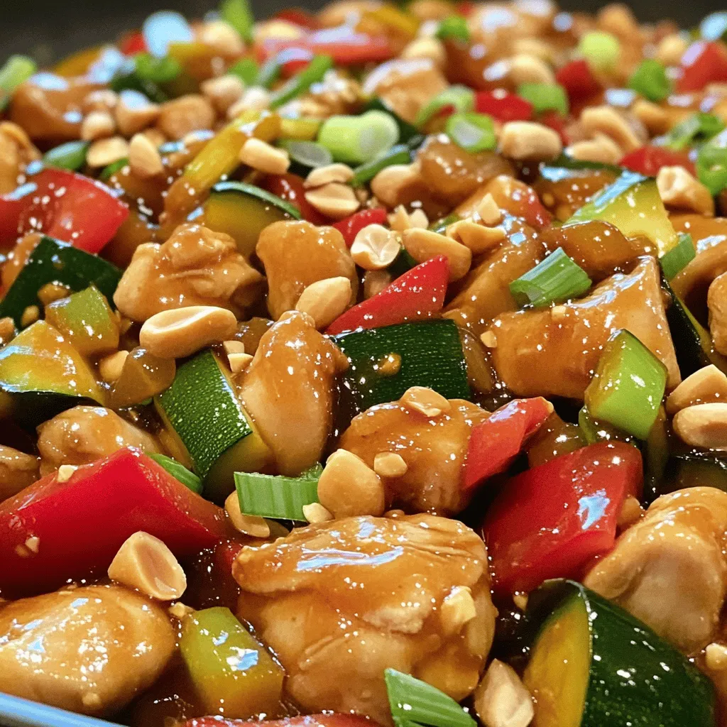 To make Kung Pao Chicken, you need key ingredients for that great taste: - 1 lb boneless, skinless chicken thighs, diced - 2 tablespoons soy sauce - 1 tablespoon cornstarch - 2 tablespoons vegetable oil - 1 red bell pepper, diced - 1 green bell pepper, diced - 1 small zucchini, diced - 3 cloves garlic, minced - 1 inch ginger, minced - ¼ cup unsalted roasted peanuts - 2 tablespoons Sichuan peppercorns (or regular black peppercorns) - 2 tablespoons hoisin sauce - 2 tablespoons rice vinegar - 1 tablespoon sugar - 1-2 dried red chilies (adjust for spice level) - Green onions, sliced (for garnish) These ingredients work together to create a dish that is both savory and sweet, with a touch of heat. To boost the flavor of your dish, consider these enhancers: - Soy sauce adds umami, making the chicken rich and savory. - Hoisin sauce gives a sweet and tangy note that balances the heat. - Sichuan peppercorns provide a unique zing, making it exciting. Using fresh garlic and ginger adds depth. They not only flavor the dish but also make it fragrant. You can add some optional ingredients to make your Kung Pao Chicken even better: - Water chestnuts for crunch. - Broccoli for extra color and nutrients. - Cashews or almonds for a different nutty flavor. These additions can help you customize your dish, making it perfect for your taste! To start, take 1 pound of boneless, skinless chicken thighs. Dice them into bite-sized pieces. In a medium bowl, mix the chicken with 2 tablespoons of soy sauce and 1 tablespoon of cornstarch. This mix helps to make the chicken tender. Stir well until each piece is coated. Let it sit for 15 minutes. This time helps the flavors soak in. Next, heat 1 tablespoon of vegetable oil in a large pan or wok over medium-high heat. Once the oil is hot, add the marinated chicken. Cook it for about 5 to 7 minutes. Stir it often until the chicken turns brown and is cooked through. When done, take the chicken out of the pan and set it aside. This keeps the chicken juicy and tasty. In the same pan, add another tablespoon of oil. Now, toss in 3 cloves of minced garlic, 1 inch of minced ginger, 1 diced red bell pepper, 1 diced green bell pepper, and 1 diced small zucchini. Don't forget the 1 to 2 dried red chilies, which will add some heat. Stir-fry these for about 4 to 5 minutes. You want the veggies just tender but still crisp. After that, return the cooked chicken to the pan. Add 2 tablespoons of hoisin sauce, 2 tablespoons of rice vinegar, 1 tablespoon of sugar, and 2 tablespoons of Sichuan peppercorns. Stir everything to combine. Let it cook for an extra 2 to 3 minutes. This step helps all the flavors meld together. Finally, mix in ¼ cup of unsalted roasted peanuts for crunch. Serve hot, garnished with sliced green onions for a fresh finish. Enjoy your restaurant-style meal at home! To get that perfect texture, start with chicken thighs. They stay juicy and tender when cooked. Marinate the chicken in soy sauce and cornstarch for 15 minutes. This step adds flavor and helps with the browning. Cook the chicken in a hot pan. Use medium-high heat and don’t overcrowd the pan. This keeps the chicken from steaming. Kung Pao Chicken can be as spicy as you like. Use dried red chilies for heat. Start with one or two, depending on your taste. Sichuan peppercorns add a unique flavor. If you prefer less heat, use regular black peppercorns instead. Always taste as you go. Adjust the spice levels to find what works for you. Store leftovers in an airtight container. They can last up to three days in the fridge. When you reheat, use a pan on low heat. This helps retain the chicken's moisture. Stir often to warm it evenly. You can also add a splash of soy sauce or water to keep it from drying out. Enjoy your Kung Pao Chicken as good as the first time! {{image_2}} You can easily make Kung Pao chicken vegetarian or vegan. Start by using tofu instead of chicken. Firm tofu works best because it holds its shape well. Press the tofu to remove excess moisture. Then, cut it into cubes and marinate just like the chicken. Use soy sauce and cornstarch for flavor. You can also add extra veggies like mushrooms or eggplant. This adds depth and texture to the dish. Kung Pao can fit many protein choices. If you prefer shrimp, use fresh or frozen shrimp. Just peel and devein them before cooking. Stir-fry the shrimp until they are pink and firm. If you want beef, thinly slice flank steak or sirloin. Marinate it the same way as the chicken. Each protein brings a unique taste and texture. Feel free to explore what you like best. You can adjust the flavor to your liking. For a sweeter dish, add more sugar or honey. Use pineapple chunks for a fruity twist. If you crave heat, increase the number of dried red chilies. You can also add chili paste for extra spice. For a savory touch, add more soy sauce or hoisin sauce. Play with these flavors to create your perfect Kung Pao. After making Kung Pao Chicken, let it cool to room temperature. This step helps prevent condensation in the container. Use an airtight container for storage. This keeps the chicken fresh and prevents odors from other foods. Store the dish in the fridge within two hours of cooking. Proper storage keeps flavors intact and ensures food safety. To freeze Kung Pao Chicken, use a freezer-safe container or bag. Make sure to remove excess air from the bag. This helps avoid freezer burn. You can freeze the dish for up to three months. For best results, freeze it in single portions. This makes it easy to reheat just what you need. In the fridge, Kung Pao Chicken lasts about three to four days. Always check for spoilage before eating. If it has an off smell or strange texture, toss it out. In the freezer, it stays safe for three months. However, for the best taste, eat it within one month. Enjoy your Kung Pao Chicken whenever you want! Kung Pao Chicken comes from China. It is named after a governor, Ding Baozhen. He liked this dish in the late 1800s. The dish features chicken, peanuts, and spices. Over time, it became popular in many parts of the world. Each region adds its twist, making it unique. The classic flavor is a mix of sweet, salty, and spicy. Yes, you can make Kung Pao Chicken ahead of time. Cook it fully and let it cool. Store it in the fridge for up to three days. Reheat it on the stove or microwave. This dish tastes great even after a day. The flavors will mix and become richer. Just be careful not to overcook it when reheating. Kung Pao Chicken pairs well with steamed rice. The rice soaks up the tasty sauce. You can also serve it with noodles for a fun twist. Add some spring rolls or dumplings for more flavor. A simple green salad helps balance the meal too. Fresh veggies add crunch and color to your plate. In this article, we explored the key ingredients and steps for making Kung Pao Chicken. We learned how to marinate the chicken, cook it just right, and stir-fry the veggies perfectly. I shared tips to make your dish taste like it came from a restaurant. You can also try fun variations or adjust the spice to your liking. Kung Pao Chicken is not just a meal; it’s an experience. Try it out, and enjoy a delicious journey in every bite.