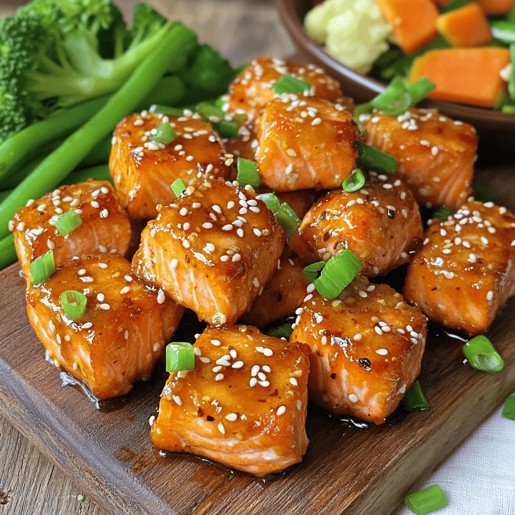 - 1 lb salmon fillet, skin removed - 3 tablespoons honey - 2 tablespoons soy sauce - 2 cloves garlic, minced - 1 teaspoon ginger, grated - 1 tablespoon olive oil - Salt and pepper, to taste - Sesame seeds and chopped green onions for garnish To make Air Fryer Honey Garlic Salmon Nuggets, you need fresh and vibrant ingredients. The star of this dish is the salmon fillet. Choose a good quality salmon for the best flavor. Removing the skin helps the marinade soak in better. Honey adds a touch of sweetness. This balances the saltiness from the soy sauce. Soy sauce gives depth to the dish. I recommend using low-sodium soy sauce for better control of salt levels. Garlic and ginger bring a punch of flavor. Minced garlic releases its oils, while grated ginger gives warmth. Olive oil helps the marinade cling to the salmon. Adjust salt and pepper to your taste. Finally, sesame seeds and chopped green onions add a nice crunch and color. They make your dish look appealing and add extra flavor. These ingredients work together to create a tasty delight that everyone will enjoy! To start, gather your ingredients. In a mixing bowl, combine these items: - 3 tablespoons honey - 2 tablespoons soy sauce - 2 cloves garlic, minced - 1 teaspoon ginger, grated - 1 tablespoon olive oil - Salt and pepper, to taste Whisk them together until smooth. This will create a flavorful marinade. Next, take your 1 lb salmon fillet, cut into bite-sized cubes. Toss the salmon cubes in the marinade. Make sure each piece gets coated well. Allow the salmon to marinate for 15 minutes. You can let it sit for up to 1 hour in the fridge for more flavor. Now, preheat your air fryer to 400°F (200°C). This usually takes about 5 minutes. Once it is hot, arrange the marinated salmon nuggets in a single layer in the air fryer basket. Be careful not to overcrowd it. Air fry the salmon nuggets for 8-10 minutes. Shake the basket halfway through. This helps the nuggets cook evenly. You want the salmon to be cooked through and slightly caramelized. After cooking, remove the nuggets from the air fryer. Place them on a serving platter and enjoy! To get that perfect crispy texture, space your salmon nuggets well in the air fryer basket. This helps hot air circulate evenly. I suggest cooking them at 400°F for 8-10 minutes. If you want them extra crispy, check them at the 8-minute mark. If they need more time, add a minute or two. For the best taste, let the salmon marinate longer. A good 30 minutes to an hour in the fridge brings out the flavors. Serve these nuggets with sauces like sweet chili or soy sauce. Steamed veggies or a side of rice make great pairings too. If you want to switch things up, try maple syrup instead of honey. For the soy sauce, coconut aminos work well too. You can also add spices like paprika or herbs like dill for a different twist. {{image_2}} If you want to switch things up, try using chicken or tofu instead of salmon. - Chicken: Use boneless, skinless chicken breasts. Cut them into bite-sized pieces. Follow the same marinating and cooking steps. Cook until the chicken reaches 165°F (74°C). - Tofu: Use firm tofu. Press it to remove excess water, then cut it into cubes. Marinate as you would the salmon and air fry until crispy. You can give these nuggets a new twist with different flavors. - Citrus: Add orange or lemon juice to the marinade. This gives a fresh and zesty taste. - Spicy: Mix in some red pepper flakes or Sriracha for heat. This adds a nice kick to the dish. Pair your salmon nuggets with tasty sides or sauces to enhance the meal. - Sides: Serve with steamed veggies, rice, or a fresh salad. These add color and balance to your plate. - Sauces: Drizzle more honey-soy sauce over the nuggets or try a sweet chili sauce. These options bring extra flavor and excitement to your dish. To keep your Air Fryer Honey Garlic Salmon Nuggets fresh, follow these tips: - Refrigerating leftovers: Store the salmon nuggets in an airtight container. They stay fresh for up to 3 days in the fridge. This helps prevent the nuggets from drying out. You can also place a paper towel at the bottom to absorb excess moisture. - Freezing salmon nuggets: For longer storage, freeze the salmon nuggets. Place them in a single layer on a baking sheet. Freeze until solid, then transfer them to a freezer bag. Remove as much air as possible. They can last for up to 3 months in the freezer. When you want to enjoy your leftovers, reheating is key. Here are my favorite methods: - Air fryer: Preheat the air fryer to 350°F (175°C). Place the nuggets in a single layer and heat for 5-7 minutes. This keeps them crispy. - Oven: Preheat the oven to 350°F (175°C). Place the nuggets on a baking sheet lined with parchment paper. Bake for 10-12 minutes until warmed through. - Microwave: This is the quickest method but may make them less crispy. Heat on medium power for 30-60 seconds. Knowing how long your salmon nuggets last is important: - Refrigerated: They are good for 3 days. After that, the taste and texture may change. - Frozen: They stay fresh for up to 3 months. After this time, they may lose flavor but are still safe to eat. By following these tips, you can enjoy your tasty salmon nuggets even after the first meal! For the best flavor, let the salmon marinate for at least 15 minutes. If you have more time, you can marinate it for up to 1 hour. Longer marination allows the flavors to soak in better. The honey, garlic, and soy sauce create a tasty coating that enhances each bite. Yes, you can cook these salmon nuggets in a regular oven or on a skillet. If using an oven, preheat it to 400°F (200°C). Place the marinated nuggets on a baking sheet and bake for about 12-15 minutes. If using a skillet, heat some olive oil over medium heat. Cook the nuggets for about 3-4 minutes on each side until golden and cooked through. These salmon nuggets go great with many sides! Here are some tasty ideas: - Steamed vegetables, like broccoli or green beans - A fresh salad with a light vinaigrette - Rice or quinoa for a hearty base - Mashed potatoes for comfort food lovers You can also drizzle some extra honey soy sauce on top for added flavor. Enjoy your meal! You learned how to make tasty air fryer honey garlic salmon nuggets. We covered each step, from preparing the marinade to cooking the nuggets. Remember, marination adds flavor, and spacing in the air fryer gives a crispy finish. Feel free to try different proteins and flavor ideas. Storing these nuggets is easy, and following our tips will help you enjoy them later. Explore your creativity in the kitchen, and enjoy these delicious bites!