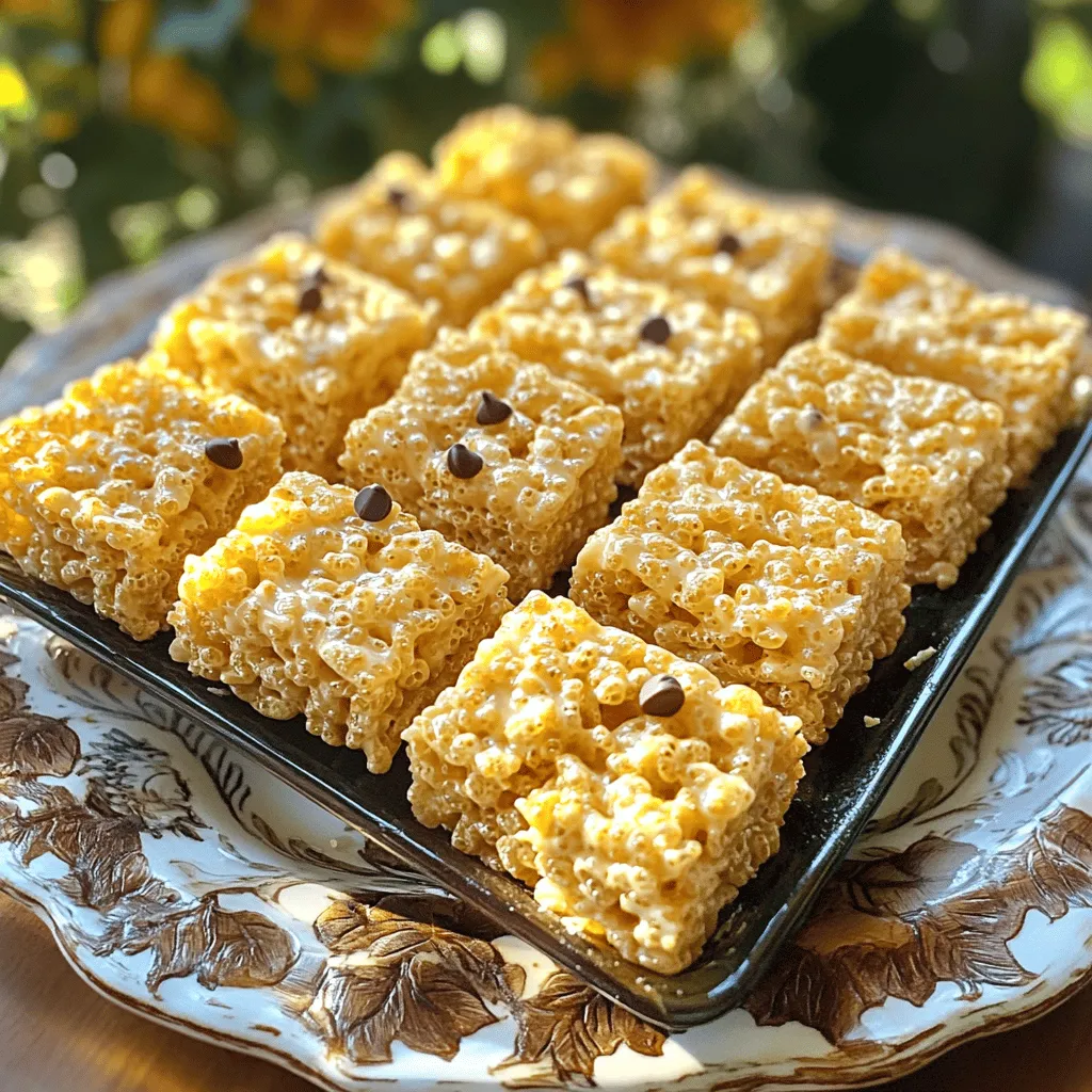 - 4 tablespoons unsalted butter - 1 10-ounce bag of marshmallows - 1/2 teaspoon sea salt - 6 cups Rice Krispie cereal - 1 teaspoon vanilla extract - 1/2 cup mini chocolate chips (optional) For my Brown Butter Rice Krispie Treats, I use simple ingredients. First, I start with unsalted butter. It gives me control over the salt. Next, I add a bag of marshmallows. They bring that sweet, gooey texture we all love. Then, I sprinkle in sea salt. It adds a burst of flavor to balance the sweetness. The star of the show is the Rice Krispie cereal. Six cups of it give the treats their signature crunch. I also add vanilla extract for a warm, rich flavor. If you want, mini chocolate chips can make these treats even more special. They melt slightly and add sweetness. Gather these ingredients, and you're ready to make magic in the kitchen! Browning butter adds a deep, nutty flavor. This step is key to great Rice Krispie treats. To brown the butter, melt it in a large saucepan over medium heat. Stir it often. Keep an eye on the butter as it melts. After it foams, continue cooking it. Watch for a golden color. This process should take about 3 to 5 minutes. You will smell a rich, nutty aroma. That scent means the butter is ready. Remove it from heat quickly to prevent burning. Next, add the marshmallows and sea salt to the browned butter. Stir until the marshmallows melt and blend smoothly. This mix should be creamy and glossy. Once the marshmallows melt, add the vanilla extract. Stir it in well to enhance the flavor. Now it's time to fold in the Rice Krispie cereal. Pour the marshmallow mixture over the cereal in a large bowl. Gently fold the cereal until it is fully coated. If you want, add mini chocolate chips. Fold them in lightly for a sweet touch. Now, we need to prepare the baking dish. Use a 9x13-inch dish for the best results. Grease the dish with butter or cooking spray. This step helps the treats come out easily later. After greasing, transfer the Rice Krispie mixture into the dish. Use a spatula or your hands (make sure they are greased) to press the mixture down evenly. Make it flat and compact. This helps the treats hold their shape when cut later. Let them cool for at least 30 minutes before slicing into squares or rectangles. To get brown butter just right, watch for its color and smell. You want a deep golden hue and a rich, nutty aroma. This can take about 3-5 minutes. If you see dark specks or smell a burnt scent, you’ve gone too far. Remove the pan from heat as soon as it turns golden. This step adds depth to your Rice Krispie treats. Boost the taste of your treats by adding extracts or spices. A splash of almond extract can give a nice twist. Cinnamon or nutmeg can also add warmth. You might want to mix in fun extras, like mini chocolate chips or crushed cookies. These add texture and surprise in every bite. Get creative with what you have on hand! Cutting your treats into fun shapes makes them more exciting. Use cookie cutters for stars or hearts. Serve them on a colorful platter for a festive touch. You can also drizzle melted chocolate on top for a fancy look. Add sprinkles for extra fun, especially for kids’ parties. Make your Rice Krispie treats a visual treat too! {{image_2}} You can easily change up your Rice Krispie treats for any holiday or event. For Halloween, mix in some orange and black sprinkles or mini candy corn. For Christmas, use red and green sprinkles or even crushed peppermint. You can also use cookie cutters to shape them into festive forms. Flavor swaps can also be fun! Instead of using just marshmallows, try adding Nutella for a chocolate twist. You can also mix in peanut butter for a creamy taste. Both options make your treats richer and more delightful. If you need gluten-free options, use gluten-free Rice Krispie cereal. Many brands offer this choice. This way, everyone can enjoy these tasty treats without worry. For vegan adaptations, replace the unsalted butter with a plant-based butter. You can also find vegan marshmallows in stores. These small changes keep the fun but make the treats suitable for a vegan diet. Enjoy making these delicious variations! To keep your Brown Butter Rice Krispie Treats fresh, use an airtight container. This helps block air and moisture. Store them at room temperature for up to three days. If you want them to last longer, consider placing them in the fridge. They can stay good for about a week when chilled. However, they might lose some of their chewy texture after a few days. To maintain freshness, avoid exposing them to heat or direct sunlight. If you notice any hardening, you can microwave them for a few seconds to soften them up. Freezing your treats is a great option for long-term storage. First, cut them into squares. Wrap each piece tightly in plastic wrap. Place the wrapped treats into a freezer-safe bag or container. Make sure to remove as much air as possible. You can freeze them for up to three months. When you're ready to enjoy them, take out the number of treats you want. Let them thaw in the fridge for a few hours or at room temperature for about 30 minutes. This helps keep their texture and flavor intact. To achieve softer Rice Krispie Treats, use extra marshmallows. Adding one or two more marshmallows can help. You can also reduce the heat when melting the butter. This way, you will avoid overcooking the mixture. Another tip is to let the treats cool for less time. This helps them stay softer. Yes, you can use different cereals! Some good options are Fruity Pebbles, Cocoa Krispies, or even Cheerios. Each cereal will give your treats a unique taste. Just keep the same amount as Rice Krispies in the recipe. These treats last about 3 days at room temperature. Store them in an airtight container. If you want them to last longer, you can freeze them. They can stay fresh in the freezer for up to 3 months. Just make sure to thaw them before eating! You’ve learned how to make delicious Brown Butter Rice Krispie Treats. We covered key ingredients, like unsalted butter, marshmallows, and Rice Krispie cereal. You also discovered tips for perfecting your brown butter and enhancing flavors with mix-ins. Variations let you create treats for any season. Plus, we shared storage advice to keep them fresh. Enjoy making these treats and adding your special touch. Happy cooking!