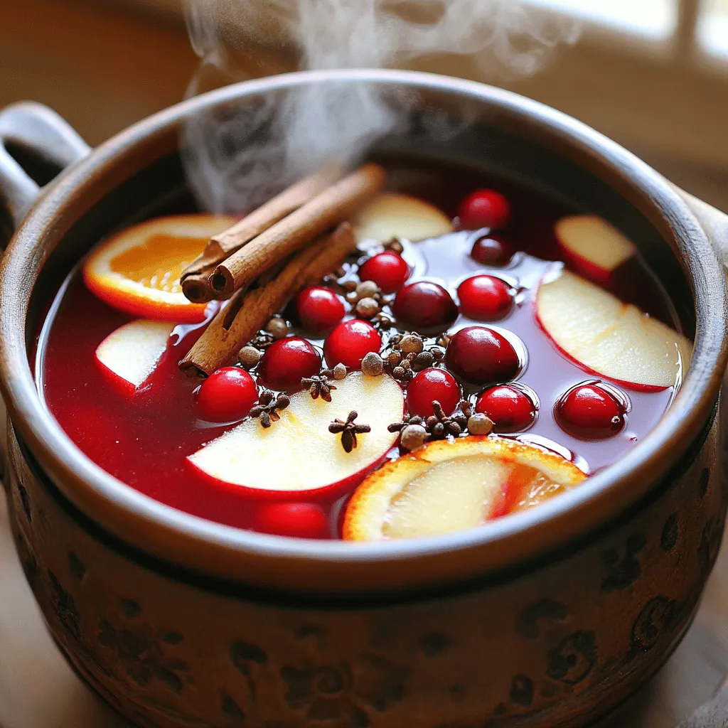 - 4 cups unsweetened cranberry juice - 4 cups apple cider - 1 cup water - 1 orange, sliced - 1 apple, thinly sliced (with skin) - 1 tablespoon whole cloves - 2 cinnamon sticks - 1 star anise (optional) - 1/4 cup maple syrup (adjust per taste) - Fresh cranberries for garnish (optional) When making mulled cranberry cider, the right ingredients make all the difference. Start with 4 cups of unsweetened cranberry juice. This juice gives a tangy base. Next, add 4 cups of apple cider for sweetness. The mix of these two juices creates a rich flavor. You will also need 1 cup of water to balance the juices. Slice 1 orange and 1 apple thinly, keeping the skin on the apple for added texture. The orange adds brightness while the apple gives a nice depth. For spice, use 1 tablespoon of whole cloves and 2 cinnamon sticks. These spices warm the drink and make it feel cozy. If you want an extra flavor note, add 1 star anise. Finally, sweeten your cider with 1/4 cup of maple syrup. Adjust this to your taste for a perfect finish. If you like, you can garnish with fresh cranberries for a festive touch. With these ingredients, you are ready to create a delicious mulled cranberry cider that warms both the heart and soul. 1. Combine liquids and fruits in a pot Start by pouring 4 cups of unsweetened cranberry juice, 4 cups of apple cider, and 1 cup of water into a large pot. This mix forms the base of our cider. Next, add one sliced orange and one thinly sliced apple with the skin on. Stir gently to blend the flavors. 2. Create a spice bundle with cheesecloth Take a piece of cheesecloth and place 1 tablespoon of whole cloves, 2 cinnamon sticks, and an optional star anise inside. Gather the cloth and tie it with kitchen twine. This makes it easy to remove later. The spices will add warmth and depth to your cider. 3. Simmer and meld flavors Toss the spice bundle into the pot and slowly bring the mixture to a simmer over medium heat. Once simmering, turn the heat down to low. Let it bubble gently for about 20 to 30 minutes. This step allows all the flavors to meld together beautifully. 1. Sweeten and remove spice bundle After simmering, taste your cider. Add 1/4 cup of maple syrup to sweeten. Stir well to mix. Once sweetened, carefully remove the spice bundle and discard it. 2. Serving suggestions Serve the mulled cranberry cider warm. For a festive touch, garnish with fresh cranberries and a slice of orange. This adds a nice visual appeal and extra flavor. Enjoy your cozy drink with friends and family! To make your mulled cranberry cider even better, adjust the sweetness with maple syrup. Start with a quarter cup. Taste it after mixing. Add more if you like it sweeter. Maple syrup adds a warm flavor that blends well. You can also try other spices for varied flavor. Cardamom and ginger can give it a new twist. Each spice brings its own aroma and taste. Experiment to find your favorite mix. Just remember to use whole spices for the best flavor. Garnishes can lift the look of your cider. Fresh cranberries and a slice of orange make great options. They add color and a fun touch. You can also use a cinnamon stick for stirring. For serving, choose the right glassware. Clear mugs or heat-safe glasses work well. They show off the beautiful colors of the cider. Plus, they keep your drink warm longer. Enjoy your cider warm for the best taste! {{image_2}} If you need to make this drink vegan, swap the maple syrup for agave nectar. Both sweeteners work well, but agave has a lighter flavor. This drink is naturally gluten-free, so you can enjoy it without worry. Just ensure your apple cider does not have added gluten ingredients. You can easily switch up the fruit in your cider. Try adding sliced pears or more cranberries for a fruity twist. Each fruit brings its own unique taste, enhancing the overall flavor. If you prefer a bolder spice flavor, add more cloves or cinnamon sticks. You can also reduce the spices for a milder taste. Adjusting the spice levels allows you to cater to your taste. Feel free to experiment with different fruits and spices. Each change can make your mulled cranberry cider unique and fun! To store leftover mulled cranberry cider, pour it into a clean, airtight container. Make sure to seal it tightly to keep out air. Place the container in the fridge. It will stay fresh for a few days. If you want to reheat it, pour the cider back into a pot. Heat it gently on low. This way, you keep the flavors intact. Avoid boiling the cider, as this can change the taste. You can keep mulled cranberry cider in the fridge for up to five days. After that, the flavor may fade, and it may spoil. Watch for signs of spoilage. If the cider smells sour or has an off taste, it is best to throw it away. Also, if you see any mold, discard it. Always trust your senses when checking food safety! How can I make Mulled Cranberry Cider alcohol-free? To make this drink alcohol-free, simply use unsweetened cranberry juice and apple cider. Both of these juices bring a bright flavor. You don’t need to change any other ingredients. This way, everyone can enjoy the tasty cider. Can I prepare Mulled Cranberry Cider in a slow cooker? Yes, you can use a slow cooker! Just mix all the ingredients in the slow cooker. Set it on low for about 2-3 hours. This method lets the flavors blend well while you relax. Remember to remove the spice bundle before serving. What other beverages pair well with Mulled Cranberry Cider? Mulled Cranberry Cider goes well with many drinks. Hot chocolate is a cozy choice. You can also serve it alongside spiced tea. For adults, a splash of rum or whiskey adds warmth. Each pairing brings out the cider’s festive flavors. This blog post detailed how to make delicious Mulled Cranberry Cider using simple ingredients. You learned the ingredients, step-by-step instructions, and tips to enhance flavors. Plus, we explored variations for dietary needs and storage tips. As you prepare this warm drink, remember to adjust the sweetness and spice to your taste. Enjoy sharing it with friends and family. Your homemade Mulled Cranberry Cider will surely warm hearts and create lasting memories.