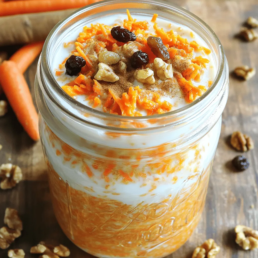 - 1 cup rolled oats - 1 cup almond milk (or milk of choice) - 1 medium carrot, grated These three items form the base of your carrot cake overnight oats. Rolled oats provide the heartiness, while almond milk adds creaminess. The grated carrot brings the classic carrot cake flavor right into your breakfast. - 1/4 cup Greek yogurt (or dairy-free alternative) - 2 tablespoons maple syrup (or honey) - 2 tablespoons chopped walnuts These add-ins enhance both taste and texture. Greek yogurt makes the oats creamy and rich. Maple syrup or honey adds a touch of sweetness. If you like crunch, toss in some chopped walnuts. - 1/2 teaspoon cinnamon - 1/4 teaspoon nutmeg - 1/4 cup raisins or sultanas - 1 tablespoon chia seeds Spices are key to that carrot cake flavor. Cinnamon and nutmeg warm the oats. Raisins or sultanas bring natural sweetness. Chia seeds give a nice crunch and boost nutrition. With these ingredients, you create a dish that is simple and tasty. They blend well to give you a delightful breakfast treat. - In a medium bowl or mason jar, add: - 1 cup rolled oats - 1 cup almond milk (or your choice of milk) - 1/4 cup Greek yogurt (or dairy-free option) - 2 tablespoons maple syrup (or honey) Mix these ingredients well. Make sure they blend evenly. This base will give your oats a creamy texture. - Next, stir in: - 1 medium grated carrot - 1/2 teaspoon cinnamon - 1/4 teaspoon nutmeg - 1/4 cup raisins or sultanas - 2 tablespoons chopped walnuts (optional) - 1 tablespoon chia seeds Mix again until all ingredients are well-distributed. The carrot adds a nice crunch and sweetness. The spices bring warmth to each bite. - Cover your bowl or jar with a lid or plastic wrap. - Place it in the fridge overnight, or at least for 4 hours. This soaking time is key. It helps the oats absorb all the flavors. In the morning, stir the oats again. This mixes any ingredients that may have settled. Enjoy your delicious carrot cake overnight oats! To get the right texture in your carrot cake overnight oats, focus on liquid ratios. Use equal parts rolled oats and almond milk. If you want thicker oats, add less milk. For creamier oats, boost the milk. Preventing separation is key too. Stir the mixture well before refrigerating. This helps keep all ingredients mixed. A quick stir in the morning can fix any minor separation. Meal prep makes mornings easy. Store your overnight oats in jars. Mason jars work great for this. They keep the oats fresh and are easy to grab. For a week's worth of servings, make five jars at once. Just layer all ingredients the same way. You can mix and match flavors too. This gives you variety without extra work. Garnishing ideas can make your oats fun. Add extra walnuts or raisins on top. A sprinkle of cinnamon adds a nice touch too. You can also dollop some yogurt on top for creaminess. Pair your carrot cake oats with other breakfast items. They go well with fresh fruit or a smoothie. A cup of coffee or tea on the side makes for a great meal. Enjoy your tasty start to the day! {{image_2}} You can make this recipe your own by adding different spices. Try ginger for a warm kick. Cardamom brings a unique taste. You might also enjoy a hint of cloves for depth. Fruits and nuts are great to include as well. Chopped apples add sweetness and crunch. Diced pineapple gives a tropical twist. If you like nuts, try pecans or almonds instead of walnuts. Do you need vegan or dairy-free options? Use plant-based yogurt and almond milk. Maple syrup is a perfect sweetener here. This keeps the recipe creamy and tasty. For gluten-free oats, check the package for certification. Many rolled oats are gluten-free. Just ensure you pick the right brand. You can enjoy this meal without worry. You can adjust sweetness to fit your taste. If you want less sugar, cut the maple syrup. You can also use mashed bananas for natural sweetness. Consider other sweetening ideas too. Agave syrup is a good option. Coconut sugar offers a rich flavor. Each choice will change the taste slightly, so have fun experimenting! Carrot cake overnight oats can last in the fridge for up to five days. Store them in a sealed container to keep them fresh. Glass jars work great as they let you see the colorful layers. Plastic containers are fine too, just ensure they are airtight. You can freeze your carrot cake overnight oats if you want to save some for later. Use freezer-safe containers or bags. Leave a little space at the top since the oats will expand. To eat, thaw them in the fridge overnight. You can reheat them in the microwave, but I prefer them chilled. Check your oats if you’re unsure they’re still good. If they smell sour or off, toss them. Also, look for any mold or weird colors. If you see these signs, it’s best to throw the oats away. Always prioritize your health and safety when it comes to food. Yes, you can use quick oats. However, they have a different texture than rolled oats. Quick oats cook faster and become mushier. If you prefer a firmer bite, stick with rolled oats. Quick oats may need less soaking time, around 30 minutes to 1 hour, while rolled oats need overnight soaking for best results. Carrot cake overnight oats can be stored in the fridge for up to 5 days. Make sure to keep them in a sealed container. If you notice any change in smell or texture, it’s best to throw them away. Always check for freshness before eating. Yes, you can add protein powder to your overnight oats. Adding about one scoop works well. Mix it in with the liquid ingredients for better blending. Just keep in mind that adding protein powder might change the texture. Your oats may become thicker, so you may need to add more liquid. This blog post covered how to make delicious carrot cake overnight oats. We discussed essential ingredients like rolled oats, almond milk, and grated carrot. You learned about optional add-ins, spices, and tips for perfect consistency. I shared steps for preparing and storing your oats, along with variations to suit your tastes. These oats are a great breakfast choice. They are simple, nutritious, and customizable. Try experimenting with flavors and ingredients. Enjoy your tasty creation!