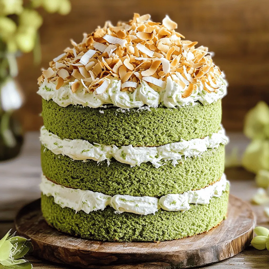 - 2 cups all-purpose flour - 1 cup granulated sugar - 1/2 cup unsweetened coconut flakes - 1 tablespoon matcha powder - 1 teaspoon baking powder - 1/2 teaspoon baking soda - 1/4 teaspoon salt - 1 cup coconut milk - 1/2 cup vegetable oil - 3 large eggs - 1 teaspoon vanilla extract - 1 cup heavy whipping cream - 1/2 cup coconut cream (chilled) - 1/4 cup powdered sugar - 1 teaspoon vanilla extract - Toasted coconut flakes for garnish - Fresh berries for a pop of color - Edible flowers for a fancy touch - Drizzle of chocolate for extra sweetness Start by preheating your oven to 350°F (175°C). Grease and flour three 8-inch round cake pans. In a large bowl, mix the dry ingredients. Combine 2 cups of all-purpose flour, 1 cup of granulated sugar, 1/2 cup of unsweetened coconut flakes, 1 tablespoon of matcha powder, 1 teaspoon of baking powder, 1/2 teaspoon of baking soda, and 1/4 teaspoon of salt. Whisk these together until they are well mixed. In another bowl, add the wet ingredients. Beat together 1 cup of coconut milk, 1/2 cup of vegetable oil, 3 large eggs, and 1 teaspoon of vanilla extract. Mix until it is smooth. Gradually pour the wet mix into the dry mix. Stir until just combined. Be careful not to overmix, as this can affect the cake's texture. Divide the batter evenly among the three prepared cake pans. Tap each pan gently on the counter to remove air bubbles. Bake the layers for 25-30 minutes. To check if they are done, insert a toothpick into the center. It should come out clean. After baking, let the cakes cool in the pans for 10 minutes. Then, transfer them to a wire rack to cool completely. While the cakes cool, prepare the coconut cream frosting. Take a large bowl and add 1 cup of heavy whipping cream, 1/2 cup of chilled coconut cream, 1/4 cup of powdered sugar, and 1 teaspoon of vanilla extract. Use an electric mixer to whip the mixture. Whip until soft peaks form. Be careful not to overwhip, or the frosting may become grainy. Once the cakes are cool, begin to assemble. Place one cake layer on a serving plate. Spread a generous amount of the coconut cream frosting on top. Stack the second layer on top and repeat. Add the third layer on top last. Cover the cake with the remaining frosting. Use a spatula to smooth the frosting on the top and sides for a clean finish. For the final touch, sprinkle toasted coconut flakes on top for added flavor and texture. To get the best cake texture, follow these tips: - Use fresh ingredients. Old baking powder or flour can affect your cake. - Measure flour correctly. Spoon it into your cup and level it off with a knife. - Do not overmix your batter. Mix until just combined for a light cake. - Make sure your oven is preheated. This helps the cake rise evenly. - Tap the pans gently on the counter. This helps remove air bubbles for a smoother texture. For the perfect coconut cream frosting: - Chill your mixing bowl and beaters. This helps the cream whip better. - Whip the heavy cream until soft peaks form. Stop before it gets grainy. - Mix the coconut cream and sugar slowly. This helps blend the flavors well. - Apply frosting between layers generously. This keeps the cake moist and tasty. - Use a spatula to smooth the frosting. This gives your cake a nice finish. Make your cake shine with these ideas: - Add toasted coconut flakes on top. This gives a nice crunch and look. - Use fresh fruit as a garnish. Berries or slices of mango add color. - Place the cake on a decorative stand. This makes it a showpiece. - Use edible flowers for a pretty touch. They add color and elegance. - Cut slices neatly for serving. This helps guests enjoy every bite. {{image_2}} You can easily change the taste of your matcha coconut layer cake. Adding citrus flavors like lemon or orange zest gives a nice twist. The bright notes of citrus will balance the rich coconut. If you love chocolate, try adding cocoa powder to the cake batter. This mix pairs well with the matcha and creates a beautiful color contrast. You can even swirl some melted chocolate into the frosting for a delightful surprise. If you need a gluten-free cake, swap the all-purpose flour for a gluten-free blend. Just make sure it has a good mix of flours. For a vegan version, replace the eggs with applesauce or flaxseed meal. Use almond or soy milk instead of coconut milk. You can also find vegan whipping cream for the frosting. These changes keep the cake tasty while meeting dietary needs. You can change the size and shape of your cake too. If you want a smaller cake, use two 6-inch pans instead of three 8-inch pans. For a fun twist, bake the batter in a cupcake pan for cute cupcakes. You can also make a sheet cake by spreading the batter in a 9x13-inch pan. Just adjust the baking time to around 20-25 minutes. Each shape offers a new way to enjoy your matcha coconut flavor! To keep your Matcha Coconut Layer Cake fresh, refrigerate any leftovers. Place the cake in an airtight container. If you don’t have one, wrap it tightly in plastic wrap. This keeps moisture in and prevents the cake from drying out. It will last up to five days in the fridge. Enjoy the flavors as they meld together! For long-term storage, freezing is your best bet. First, let the cake cool completely. Then, slice it into portions if you prefer. Wrap each piece in plastic wrap, then in aluminum foil. This double wrapping prevents freezer burn. You can store the cake in the freezer for up to three months. Label the packages with the date for easy tracking. When you're ready to enjoy your frozen cake, take it out of the freezer. Remove the foil and plastic wrap. Let it thaw in the fridge overnight for the best results. If you need it faster, leave it on the counter for about 2-3 hours. To revive the cake’s texture, warm it slightly in the oven. Set the oven to 300°F (150°C) and heat for about 10 minutes. This will make it taste fresh and soft again! To make your cake moist, try these tips: - Add coconut milk: It adds rich flavor and moisture. - Use oil: Vegetable oil keeps the cake moist compared to butter. - Don't overmix: Mix your batter just until combined. Overmixing can dry it out. - Bake at a lower temperature: A slower bake helps keep moisture in. - Use simple syrup: Brush it on layers after baking for added moisture. These steps help ensure your Matcha Coconut Layer Cake stays soft and delicious. Yes, you can use other types of milk. Here are a few options: - Almond milk: Adds a light flavor and keeps the cake moist. - Soy milk: Works well and offers a slightly nutty taste. - Oat milk: Adds creaminess and is great for a rich texture. Each milk alternative will change the flavor a bit, but your cake will still taste great. To keep your cake from collapsing, follow these tips: - Properly measure ingredients: Use a scale for accuracy. - Ensure even mixing: Mix wet and dry ingredients thoroughly, but don't overdo it. - Use fresh baking powder: Old leavening agents can cause collapse. - Don’t open the oven door: This can let heat escape and affect rising. By following these steps, you can achieve a stable and well-risen Matcha Coconut Layer Cake. You now have a complete guide to making a perfect layer cake. We covered key ingredients, from the cake itself to the frosting and garnishes. I shared detailed steps for mixing, baking, and layering the cake. Don’t forget the tips and tricks to achieve that perfect texture. Try out different flavors and make it your own! Store your cake right, so it stays fresh longer. With this knowledge, you're ready to impress friends and family with your baking skills. Enjoy every bite!