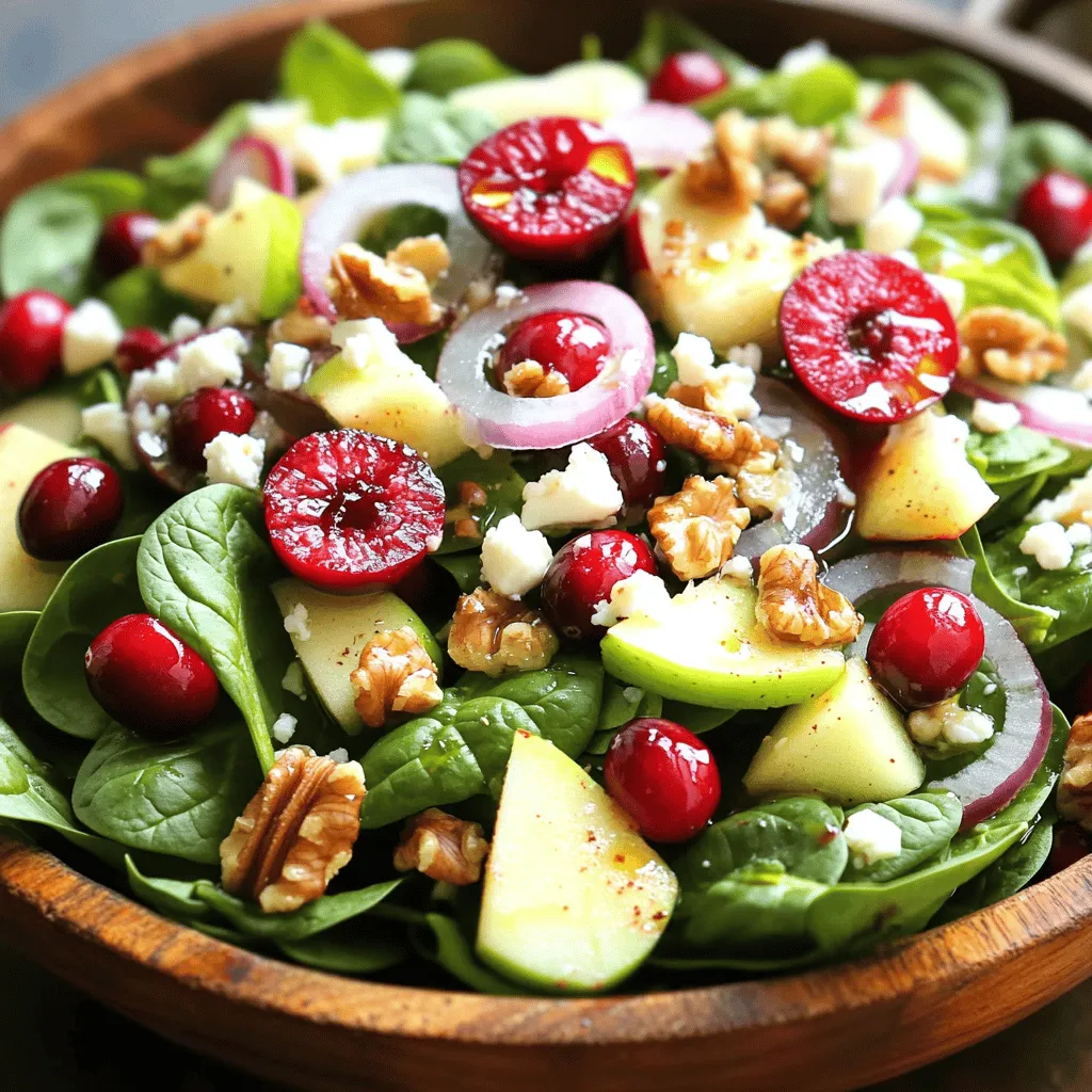 To make a delicious Apple Cranberry Walnut Salad, gather these fresh ingredients: - 2 cups fresh spinach, washed and dried - 1 apple (Granny Smith or Honeycrisp), cored and diced - 1 cup fresh cranberries, halved (or dried cranberries if fresh aren't available) - 1/2 cup walnuts, roughly chopped - 1/2 cup feta cheese, crumbled - 1/4 red onion, thinly sliced - 1/4 cup olive oil - 2 tablespoons apple cider vinegar - 1 tablespoon honey - Salt and pepper to taste This recipe serves four people. You can adjust the portion sizes to suit your needs. If you want a bigger salad, just double the ingredients. For a smaller salad, cut the amounts in half. If you prefer a nut-free version, skip the walnuts or swap them for seeds, like sunflower seeds. You may use any apple you like, but I recommend Granny Smith for a tart taste. If cranberries are out of season, dried cranberries work well too. Each ingredient in this salad brings health benefits: - Spinach is rich in iron, which is good for your blood. - Apples provide fiber, which helps with digestion. - Cranberries are packed with antioxidants, helping to fight illness. - Walnuts contain healthy fats that are good for your heart. - Feta cheese adds calcium, which is great for strong bones. - Red onion contains quercetin, which may boost your immune system. - Olive oil is a source of healthy fats, promoting heart health. - Apple cider vinegar may help with blood sugar control. - Honey adds natural sweetness and has antibacterial properties. - Salt and pepper enhance flavors but should be used in moderation. This salad not only tastes amazing but also nourishes your body with each bite! To start, gather your dressing ingredients. You need olive oil, apple cider vinegar, honey, salt, and pepper. In a small bowl, combine 1/4 cup olive oil, 2 tablespoons apple cider vinegar, and 1 tablespoon honey. Add a pinch of salt and a dash of pepper. Whisk everything together until smooth. This dressing adds a nice tang and sweetness to the salad. Now, let’s build the salad. Take a large salad bowl and add 2 cups of fresh spinach. This spinach forms the base. Next, dice 1 apple, either Granny Smith or Honeycrisp. Sprinkle the diced apple over the spinach. Then, take 1 cup of fresh cranberries, halved, and add them to the bowl. If you’re using dried cranberries, that works too. Next, add 1/2 cup of roughly chopped walnuts. These nuts give a great crunch. Now, slice 1/4 of a red onion very thin. Add the onion slices to the mix. Once all ingredients are in the bowl, it’s time to dress the salad. Drizzle the dressing over the top. Using tongs, toss the salad gently. Make sure all the ingredients are coated well. Finally, sprinkle 1/2 cup of crumbled feta cheese on top for extra flavor. You can serve the salad right away or chill it for 15 minutes. Chilling lets the flavors blend nicely. Serve it in large bowls or on individual plates. Garnish with a few extra cranberries and a walnut for a nice touch. Enjoy your fresh and flavorful Apple Cranberry Walnut Salad! To make a great Apple Cranberry Walnut Salad, use fresh ingredients. Here are some tips: - Spinach: Choose bright green, crisp leaves. Avoid any wilting or browning. - Apples: Go for Granny Smith or Honeycrisp apples. These add a nice crunch and tartness. - Cranberries: Fresh cranberries are best, but dried ones work too. If using dried, choose unsweetened. - Walnuts: Buy raw or lightly toasted walnuts for a richer taste. - Feta Cheese: Use high-quality feta for the best flavor. Crumbled cheese blends well with the salad. You can make this salad your own with a few simple changes. Try these ideas: - Add Protein: Toss in grilled chicken or chickpeas for a heartier meal. - Mix in Other Fruits: Consider adding pears, oranges, or pomegranate seeds for extra flavor. - Change the Nuts: Swap walnuts for pecans, almonds, or even sunflower seeds. - Use Different Cheese: Try goat cheese or blue cheese for a new twist. - Vary the Dressing: Experiment with balsamic vinegar or citrus juices for a tangy change. Serving your salad well makes it more inviting. Here’s how to present it nicely: - Use Colorful Bowls: Bright bowls can make the salad pop. - Layer Ingredients: For a beautiful look, layer the spinach, apples, and cranberries. - Garnish: Add a few extra cranberries and walnuts on top. A sprinkle of feta adds elegance. - Serve Individual Portions: Present on individual plates for a fancy touch. - Chill Before Serving: Let the salad sit in the fridge for 15 minutes to enhance flavors. {{image_2}} You can mix the apples with other fruits. In summer, try peaches or strawberries. They add sweetness and color. In fall, pears work well too. Each fruit gives a new taste. This keeps your salad fresh and exciting. It’s fun to experiment with different flavors. To make this salad vegan, skip the feta cheese. Instead, use avocado for creaminess. You can also add nutritional yeast for a cheesy flavor. For the dressing, use maple syrup instead of honey. This keeps the salad tasty and friendly for everyone. If walnuts are not your favorite, use pecans or almonds. Both add crunch and flavor. For cheese, try goat cheese or skip it altogether. This lets you adjust the salad to what you like. Don’t hesitate to be creative! Each swap can change the whole dish. To keep your Apple Cranberry Walnut Salad fresh, store it in an airtight container. This will prevent moisture from getting in and spoiling the salad. If you have leftover dressing, keep it in a separate container. This way, the salad will stay crisp longer. Always refrigerate both the salad and dressing. This salad tastes best fresh, but you can refresh it. If the salad wilts, add fresh spinach or more diced apples. You can also drizzle a bit more dressing to boost flavor. Avoid reheating this salad. It’s not meant to be warm, so serve it cold for the best taste. - Fresh spinach: Lasts about 3 to 5 days in the fridge. - Apples: Can stay fresh for 1 to 2 weeks. - Cranberries: Fresh cranberries last about 2 weeks. Dried cranberries can last months. - Walnuts: Keep for about 6 months if stored in a cool place. - Feta cheese: Usually lasts 5 to 7 days once opened. Use these tips to keep your salad fresh and tasty! Yes, you can use dried cranberries. They add a sweet touch. If you use dried, cut back on the honey in the dressing. Fresh cranberries provide a tart flavor, which balances well with the apple. Both options work, so choose what you have. Granny Smith and Honeycrisp apples are my top picks. Granny Smith gives a nice tartness. Honeycrisp offers a sweet and crisp bite. Both add great flavor and texture. You can also try Fuji or Braeburn apples as tasty alternatives. You can prepare the salad a few hours in advance. Just wait to add the dressing until you are ready to serve. This keeps the spinach fresh and crisp. Store the salad in an airtight container in the fridge. The flavors will blend nicely while it chills. This blog post covered all you need for a tasty salad. We looked at the key ingredients, how to prepare your dressing, and tips for fresh ingredients. You learned how to customize your salad and store it well. Don’t forget the fun variations you can try! With these steps, you can make salads that are both healthy and delightful. Enjoy creating new flavors and impressing friends with your salad skills!