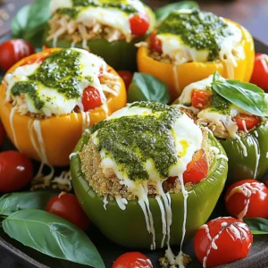 - 4 large bell peppers (any color) - 2 cups cooked chicken, shredded - 1 cup pesto sauce (store-bought or homemade) - 1 cup cooked quinoa or rice - 1 cup cherry tomatoes, halved - 1 cup mozzarella cheese, shredded - 1/4 cup grated Parmesan cheese - Salt and pepper to taste - Fresh basil leaves for garnish You can swap or add ingredients to make this dish your own. Here are some fun ideas: - Add black beans for extra protein. - Mix in corn for a sweet crunch. - Use different cheese like feta or cheddar. - Include olives for a briny flavor. If you have special diets, you can still enjoy this recipe: - Use gluten-free grains like quinoa or rice. - For a vegan option, try plant-based chicken and vegan cheese. - Replace pesto with a nut-free basil sauce for nut allergies. - Swap chicken for lentils or chickpeas for a hearty veggie alternative. These options help everyone enjoy tasty Pesto Chicken Stuffed Peppers! 1. First, preheat your oven to 375°F (190°C). 2. Next, cut the tops off the bell peppers. Remove all the seeds and membranes. Set the peppers aside. 3. In a large bowl, mix the shredded chicken, pesto sauce, cooked quinoa or rice, halved cherry tomatoes, half of the mozzarella cheese, and a pinch of salt and pepper. Stir until it's well mixed. 4. Now, take each pepper and stuff it with the chicken mixture. Press down gently to pack the filling inside. 5. Place the stuffed peppers upright in a baking dish. Make sure they fit snugly. This helps them stay standing while baking. 6. Sprinkle the rest of the mozzarella cheese and the grated Parmesan cheese on top of each pepper. 7. Cover the baking dish with aluminum foil. Bake in the preheated oven for 25 minutes. 8. After 25 minutes, remove the foil. Bake for another 10 to 15 minutes. Look for cheese that is bubbly and golden. 9. Once done, take the dish out of the oven and let it cool for a few minutes. Garnish with fresh basil leaves for a nice touch. - Use large bell peppers for easy stuffing. They hold more filling. - Pack the filling tightly so it does not fall out while baking. - If you want extra flavor, add herbs like oregano or thyme to the filling. - Serve the peppers on a large platter. Drizzle extra pesto around the base for a beautiful look. - For a fun twist, try using different colored peppers for a vibrant display. Choose bell peppers that feel firm and heavy. Look for bright colors with no blemishes. The best peppers have smooth skin. They should also have a nice, fresh smell. Green, red, yellow, or orange work well. Pick the colors you like best for a fun dish. For a juicy filling, use shredded chicken that is moist. You can add a little extra pesto sauce to enhance flavor. Mixing in fresh cherry tomatoes adds moisture, too. Cook the quinoa or rice in broth for added taste. This will help keep your filling soft and tasty. You can prepare the filling a day ahead. Just store it in the fridge until you’re ready to stuff the peppers. If you want to freeze, stuff the peppers and wrap them tightly. They can freeze for up to three months. When ready to eat, bake from frozen. Just add extra time to the cooking. {{image_2}} You can make a tasty vegetarian version of these stuffed peppers. Swap out the chicken for firm tofu. Start by pressing the tofu to remove extra water. Then, cut it into small cubes. Sauté the tofu in a pan until it’s golden brown. Mix it with pesto, quinoa, tomatoes, and cheese. Stuff the peppers just like in the main recipe. This option is full of flavor and protein. If you love heat, add jalapeños to the mix. Slice fresh jalapeños and add them to the chicken mixture. You can also stuff some jalapeño slices inside the peppers. This gives a spicy kick that pairs well with the creamy cheese and pesto. Adjust the amount based on your heat preference. It’s a fun way to make the dish more exciting! You can use different grains to change the texture. Quinoa offers a nutty flavor and is packed with protein. White or brown rice is a classic choice and fills the peppers nicely. Couscous is another great option; it cooks quickly and has a light texture. Choose one based on what you have in your pantry. Each grain will bring a unique twist to your stuffed peppers! Store leftover pesto chicken stuffed peppers in an airtight container. Keep them in the fridge. They stay fresh for up to three days. If you want to keep them longer, consider freezing. Just make sure they cool down first. This keeps the flavors intact. To reheat, take the peppers out of the fridge. Preheat your oven to 350°F (175°C). Place the peppers in a baking dish. Cover them with foil to keep them moist. Heat for about 20 minutes or until warm. You can also use the microwave. Just heat them on medium power for about 2-3 minutes. Check to ensure they are hot all the way through. To freeze, wrap each stuffed pepper tightly in plastic wrap. Then place them in a freezer-safe bag. They will last for up to three months. When ready to eat, thaw them in the fridge overnight. Reheat them in the oven or microwave as mentioned above. This way, you’ll enjoy this tasty meal again! Yes, you can use store-bought pesto sauce. It saves time and is still tasty. Just make sure to choose a brand you like. I often use a fresh pesto for best flavor. If you want to try making it at home, blend basil, garlic, nuts, cheese, and oil for a simple sauce. To make these stuffed peppers gluten-free, use gluten-free grains like quinoa or rice. Always check your pesto sauce for gluten. Most brands are gluten-free, but it’s good to read labels. This way, everyone can enjoy this dish without worry. You can serve these stuffed peppers with a side salad or some crusty bread. A light dressing on the salad complements the rich flavors of the peppers. You might also try roasted vegetables for a colorful plate. Enjoying these flavors together makes for a great meal! Pesto chicken stuffed peppers are tasty and easy to make. You learned about the key ingredients, and how to customize them to fit your needs. We discussed steps for prepping and baking, along with tips for great results. I shared ways to store leftovers and even different variations to try. Now, you can enjoy this dish in many ways. Get creative in your kitchen and find what you love best. Your dinner can be fun and delicious!
