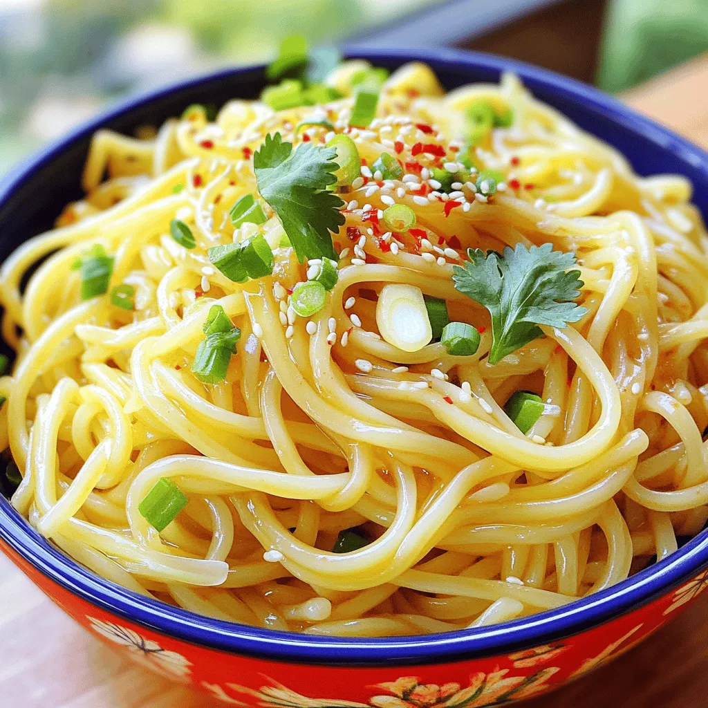 You can use a variety of noodles for this dish. I recommend: - 8 oz udon noodles - 8 oz spaghetti - 8 oz rice noodles Choose the type you love most. Each noodle adds a unique texture. Udon gives a chewy bite, while spaghetti is classic and easy. Here is what you need for the base flavor: - 4 tablespoons olive oil - 6 cloves garlic, minced - 2 tablespoons red chili flakes (adjust to taste) - 2 tablespoons soy sauce - 1 tablespoon sesame oil - 1 tablespoon sugar - 1 tablespoon rice vinegar These ingredients create a spicy, savory sauce. The garlic and chili flakes bring the heat, while the sugar and vinegar balance the flavors. Garnish your dish for added color and taste: - 2 green onions, finely sliced - Fresh cilantro, for garnish - Sesame seeds, for garnish These toppings add freshness and crunch. The green onions give a nice bite, and cilantro adds a fresh pop. Sesame seeds bring a nutty flavor and look great on top. Start by boiling a pot of water. Add salt to the water for flavor. Once boiling, add 8 oz of your favorite noodles, like udon or spaghetti. Cook according to the package instructions until they are al dente. This usually takes about 8 to 10 minutes. Once done, drain the noodles and set them aside. In a small bowl, mix together the soy sauce, sesame oil, sugar, and rice vinegar. Use a whisk to blend these ingredients well. Make sure the sugar fully dissolves. This sauce gives the noodles a rich flavor. Set the sauce aside for later. Heat 4 tablespoons of olive oil in a large skillet or wok over medium heat. Once hot, add 6 cloves of minced garlic. Sauté the garlic for 1 to 2 minutes. You want it fragrant but not browned. Next, stir in 2 tablespoons of red chili flakes. Cook for another minute to let the heat infuse the oil. Now, add the cooked noodles to the skillet. Pour the sauce over the noodles. Toss everything together until the noodles are well-coated. Add sliced green onions and toss again. Remove from heat and let it sit for a minute. This helps the flavors mix well. Enjoy your spicy garlic noodles! To get the best noodle texture, cook them just right. Boil water with salt. Add your noodles and check them often. You want them al dente, which means they should be firm but not hard. After cooking, drain the noodles quickly. Rinse them under cold water to stop the cooking process. This keeps them from getting mushy. If you love heat, add more red chili flakes. Start with two tablespoons, then taste. You can always add more, but you can't take it out. If the spice is too much, add a bit of sugar to balance it. Sugar helps to cool down the heat while adding flavor. To boost flavors, try adding fresh herbs like cilantro. It gives a fresh taste that works great. You can also use lime juice for a zesty kick. Mixing different sauces can create deeper flavors. Consider adding hoisin sauce or a splash of fish sauce for umami. Each small change can make a big difference! {{image_2}} You can easily boost your spicy garlic noodles with protein. Here are some tasty options: - Chicken: Use cooked chicken breast, diced into bite-sized pieces. - Shrimp: Sauté shrimp in the garlic oil until pink and add them to your noodles. - Tofu: Press and cube firm tofu. Sauté until golden before tossing with the noodles. - Beef: Thinly slice steak or flank and stir-fry it before mixing it in. Adding protein not only makes your meal heartier but also adds more flavor. Vegetables can add color and texture to your dish. Consider these options: - Bell Peppers: Slice them thin and stir-fry for a crunchy bite. - Broccoli: Steam or sauté small florets for added nutrition. - Carrots: Julienne or shred carrots for a sweet crunch. - Spinach: Toss in fresh spinach at the end for a pop of green. These vegetables enhance the dish and provide vitamins and minerals. You can switch up the sauce to create different flavor profiles. Try these: - Hoisin Sauce: Replace soy sauce with hoisin for a sweet twist. - Chili Garlic Sauce: Mix this for an extra kick. - Peanut Sauce: Use this for a creamy, nutty flavor. - Teriyaki Sauce: For a sweet and tangy option, this works well too. Experimenting with sauces can lead to exciting new versions of spicy garlic noodles. After you enjoy your spicy garlic noodles, cool any leftovers. Place them in an airtight container. Make sure to store them in the fridge. They will stay fresh for up to three days. Keep the noodles separate from any sauce if possible. This helps maintain their texture. To reheat, you can use the microwave or the stove. If using the microwave, place the noodles in a bowl. Add a splash of water to keep them moist. Heat for one to two minutes. Stir halfway through for even warmth. If using the stove, add the noodles to a pan. Heat on low, adding a bit of oil if needed. Stir often until heated through. You can freeze your spicy garlic noodles for later. First, let them cool completely. Place the noodles in a freezer-safe bag or container. Remove as much air as possible before sealing. They will last for up to two months in the freezer. When ready to eat, thaw them in the fridge overnight. Reheat as mentioned above. Yes, you can use many types of noodles. Udon, spaghetti, or rice noodles all work well. Each type gives a different taste and texture. For instance, udon noodles are thick and chewy. They hold the sauce nicely. Spaghetti gives a more classic feel. It’s fun to try different kinds! To make it spicier, add more red chili flakes. Start with one more tablespoon, then taste. You can also add sliced fresh chilies for extra heat. If you like a kick, try chili oil or hot sauce. Just remember to adjust the spice level to your liking. Garnishing makes your dish pop! Fresh cilantro adds a bright flavor. Thinly sliced green onions bring crunch. Sesame seeds add a nice texture and nutty taste. You can also sprinkle some crushed peanuts for a fun twist. Choose the garnishes you love most! This blog post showed you how to create tasty spicy garlic noodles. We covered noodle choices, key ingredients, and great toppings. You learned to cook the noodles and make a sauce. We shared tips to get the right texture and spice. You also found out how to add protein and veggies. Plus, we explained how to store and reheat your dish. In the end, making spicy garlic noodles is simple and fun. Enjoy your cooking and be creative!