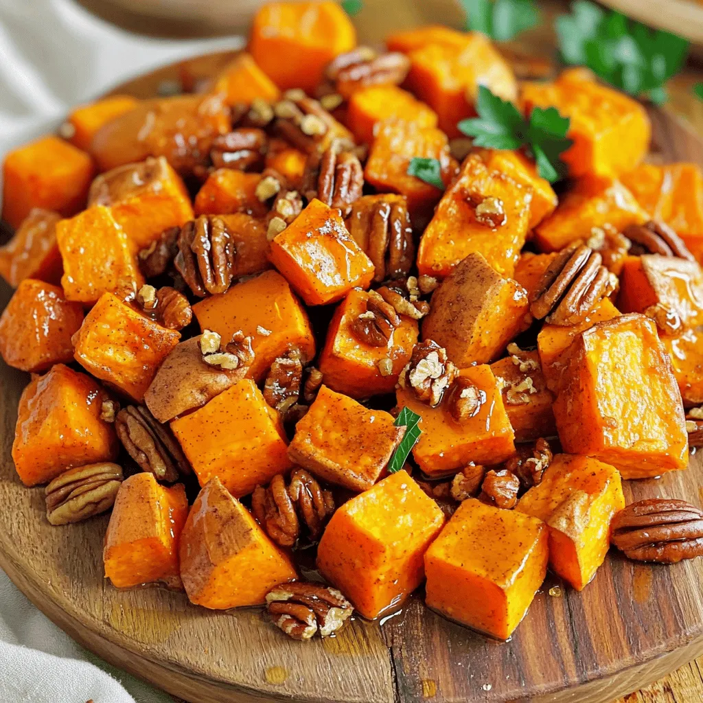 - Sweet potatoes and their preparation - Use 4 medium sweet potatoes. Peel them and cut into 1-inch cubes. This size helps them cook evenly. - Oils and sweeteners - You need 3 tablespoons of olive oil. This oil adds flavor and helps the sweet potatoes roast well. - For sweetness, use 1/4 cup of pure maple syrup. This syrup gives a nice, rich taste. - Spices and seasonings - Add 1 teaspoon of ground cinnamon. This spice brings warmth and depth to the dish. - Use 1/2 teaspoon of nutmeg for a hint of earthiness. - Add 1/2 teaspoon of salt to enhance all the flavors. - Finally, use 1/4 teaspoon of black pepper for a little kick. - If you like, sprinkle chopped pecans or walnuts on top for extra crunch and flavor. First, preheat your oven to 425°F (220°C). This high heat helps caramelize the sweet potatoes, making them tasty. Next, line a baking sheet with parchment paper. This step helps with easy cleanup and ensures the sweet potatoes do not stick. In a large bowl, add the cubed sweet potatoes. Pour in 3 tablespoons of olive oil and 1/4 cup of pure maple syrup. Then, sprinkle in 1 teaspoon of ground cinnamon, 1/2 teaspoon of nutmeg, 1/2 teaspoon of salt, and 1/4 teaspoon of black pepper. Toss the sweet potatoes well. Make sure they are evenly coated with all the flavors. Spread the sweet potatoes in a single layer on the baking sheet. This helps them roast evenly. Roast them in the oven for 25 to 30 minutes. Remember to stir them halfway through. This step ensures they cook evenly and get golden brown. When they are done, they should be tender when you poke them with a fork. Remove them from the oven and let them cool for a few minutes. If you like, sprinkle on some chopped pecans or walnuts for extra crunch and flavor. To roast sweet potatoes perfectly, use a high oven temperature. I recommend 425°F (220°C). This heat helps them caramelize and become tender. Roast them for 25 to 30 minutes. Stir halfway through to ensure even cooking. You will know they are done when they turn golden brown. A fork should easily pierce them. If they are firm or hard, give them a few more minutes. The sweet potatoes should feel soft but not mushy. To boost flavor, try adding extra spices. A pinch of cayenne pepper gives a nice kick. You could also use ginger for a warm touch. For garnishing, sprinkle chopped pecans or walnuts on top for a crunch. Fresh herbs like parsley add color and freshness. Drizzle some maple syrup just before serving for extra sweetness. These simple tips will elevate your dish and impress your guests. {{image_2}} If you want to change things up, there are great options. Instead of olive oil, you can use coconut oil. It adds a nice flavor, too. For maple syrup, try honey or agave nectar. These work well and still taste sweet. Feel free to get creative with spices. You can add ginger for a warm kick. Try a pinch of cayenne for some heat. Mixing in veggies like carrots or parsnips adds color and taste. They roast well and pair nicely with sweet potatoes. If you want to make this dish vegan, it’s already ready! Just use maple syrup. For nut-free, leave out the pecans or walnuts. You can also use seeds like pumpkin seeds instead. They add crunch without nuts. To store your cinnamon maple roasted sweet potatoes, let them cool first. Place them in an airtight container. This will keep them fresh. You can refrigerate them for up to four days. When you're ready to eat, reheat them in the oven or microwave. If using the oven, preheat it to 350°F (175°C). Heat for about 10-15 minutes until warm. In the microwave, use a microwave-safe dish. Heat in short bursts, stirring often, until hot. This helps to keep their flavor and texture. If you want to freeze your sweet potatoes, follow these steps. First, let them cool completely. Next, spread them out on a baking sheet. Freeze them for about one hour. This prevents them from sticking together. After they are frozen, transfer them to a freezer bag. Remove as much air as possible before sealing. You can freeze them for up to three months. When you are ready to eat, thaw them in the fridge overnight. Reheat in the oven or microwave as described before. Enjoy your tasty treat anytime! Yes, you can use other potatoes. However, sweet potatoes offer a unique flavor. Regular potatoes will taste different. You may try Yukon Gold or red potatoes. These will change the dish's sweetness and texture. Sweet potatoes are done when they are fork-tender. To check, simply pierce one with a fork. If it goes in easily, they are ready. You should also look for a golden brown color on the outside. This shows they are caramelized and flavorful. Cinnamon maple roasted sweet potatoes pair well with many dishes. They go great with roasted chicken or pork. You can also serve them with a fresh salad. Adding nuts, like pecans or walnuts, gives extra crunch. For a cozy meal, enjoy them with warm bread or quinoa. In this post, we explored how to make delicious cinnamon maple roasted sweet potatoes. We covered ingredients, step-by-step instructions, and tips for perfect roasting. You learned about variations and how to store leftovers properly. Whether you try new spices or swap ingredients, have fun with this dish. You can enjoy this tasty treat and impress others with it. Happy cooking!