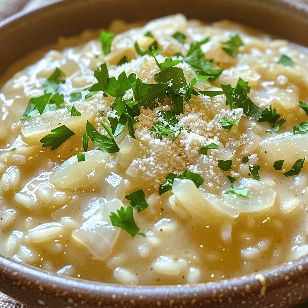 - 1 cup Arborio rice - 4 cups chicken or vegetable broth - 1 tablespoon olive oil - 1 medium onion, finely chopped - 4 cloves garlic, minced - 1 cup freshly grated Parmesan cheese - 1/2 cup heavy cream - 1/4 teaspoon black pepper - Salt, to taste - 2 tablespoons fresh parsley, chopped (for garnish) When it comes to making creamy garlic Parmesan risotto, you need the right ingredients. Each part plays a vital role in the flavor and texture. Arborio rice is key for that creamy texture. It has a high starch content, which helps create the rich sauce. Next, broth is essential. You can use chicken or vegetable broth, depending on your taste. This broth adds depth to the dish. Olive oil adds a smooth flavor and helps sauté the onion. The onion gives a sweet base when cooked. You want it finely chopped for even cooking. Garlic is a must for that aromatic touch. Freshly minced garlic really makes a difference in flavor. Parmesan cheese is the star of the show. Freshly grated cheese melts well and adds a salty kick. Heavy cream adds richness, making the risotto extra creamy. Black pepper and salt are important for seasoning. Adjust these to your taste. Finally, fresh parsley is for garnish. It adds a pop of color and freshness to your dish. With these ingredients, you can create a risotto that is creamy and full of flavor. Start by heating the chicken or vegetable broth in a medium saucepan. Set the heat to low. Keep it warm while you cook the risotto. This step is key for a smooth texture. Next, heat the olive oil in a large skillet over medium heat. Add the finely chopped onion. Cook it until the onion turns translucent, about five minutes. This softens the onion and brings out its natural sweetness. Now, stir in the minced garlic. Cook it for another minute until it smells great. Now it's time to add the Arborio rice. Pour it into the skillet with the onion and garlic. Stir constantly for about two to three minutes. You want the rice to toast lightly. This step helps create a creamy risotto. The grains should look mostly opaque. Begin adding the warm broth. Use a ladle to add one scoop at a time. Stir continuously while the rice absorbs the broth. Wait until most of the liquid is gone before adding more. Keep this up for about 18 to 20 minutes. The rice should be creamy and a little firm in the center. When the rice is ready, take the skillet off the heat. Now, stir in the heavy cream and freshly grated Parmesan cheese. Mix well until everything is combined. Season your risotto with black pepper and salt, to taste. Let it sit for two to three minutes. This will allow it to thicken slightly. To get that perfect creamy texture, you must stir constantly. This action helps release the starch from the Arborio rice, which makes the dish rich and smooth. Add the warm broth slowly, one ladle at a time. Wait until the rice absorbs most of the broth before adding more. This method allows the rice to cook evenly and achieve that dreamy creaminess. When it comes to cheese, not all Parmesan is the same. You can use Parmigiano-Reggiano for a nutty flavor. Grana Padano is another excellent choice, with a milder taste. Freshly grated cheese melts better than pre-grated options. The right cheese adds depth and richness to your risotto. For a beautiful presentation, serve the risotto in warm bowls. Top it with fresh parsley for color and a sprinkle of extra Parmesan for added flavor. You can even drizzle a bit of olive oil on top for a glossy finish. This simple touch transforms your dish into a restaurant-quality meal that looks as good as it tastes. {{image_2}} You can make your risotto even better with fun add-ins. Try adding sautéed mushrooms. They give a rich, earthy taste. Just cook the mushrooms in olive oil before you mix them in. You can also add fresh spinach for color and nutrients. Stir it in at the end for a bright touch. Garlic herbs can enhance the flavor too. This makes the risotto more exciting and tasty. If you want a vegan option, swap chicken broth for vegetable broth. This keeps the dish rich and delicious while being plant-based. Make sure the broth you pick is full of flavor. This way, your risotto stays creamy and satisfying without any meat. To keep your risotto gluten-free, check all your ingredients. Arborio rice is naturally gluten-free, which is great. Just ensure your broth and any add-ins are also gluten-free. You can enjoy this dish without worry if you pay attention to your choices. To store leftover risotto, let it cool to room temperature. Once cool, place it in an airtight container. This keeps it fresh for about three to four days in the fridge. Remember to label the container with the date. This helps you know when to use it up. When you’re ready to eat, check for any off smells or changes in texture. For reheating, use a skillet for the best results. Add a splash of broth or cream to keep it creamy. Heat over low to medium heat, stirring gently. This helps prevent sticking and keeps the risotto smooth. You can also use a microwave. Just add a little liquid and cover it. Heat in short bursts and stir often. This way, you avoid drying it out. If you want to freeze risotto, pack it in portions. Use freezer-safe containers or bags. Be sure to leave some space for expansion. When ready to eat, thaw it in the fridge overnight. Reheat it slowly on the stove, adding broth or cream as needed. This helps restore the creamy texture. Freezing can change the texture a bit, so expect it to be less creamy than fresh. Cooking risotto usually takes about 18 to 20 minutes. You start by toasting the Arborio rice for a few minutes. Then, add warm broth one ladle at a time. Stir often until the rice is creamy and tender. You can make risotto ahead of time, but it’s best when fresh. If you make it early, cool it down quickly and store it in the fridge. When you are ready to serve, reheat with a bit of broth to bring back the creaminess. Creamy Garlic Parmesan Risotto pairs well with many dishes. Try serving it with grilled chicken or sautéed shrimp. A side salad with fresh greens also enhances the meal. You can even enjoy it with roasted vegetables for a healthy touch. Yes, risotto is generally gluten-free. The main ingredient, Arborio rice, contains no gluten. Just be sure that your broth and any added ingredients are also gluten-free. This way, you can enjoy a delicious meal without worry. This blog post outlined how to make creamy garlic Parmesan risotto. You learned about each ingredient and its role. I shared step-by-step instructions to make the process easy. Tips helped you perfect the creamy texture and suggested tasty variations. Finally, I explained how to store and reheat your dish. Risotto is versatile and can adapt to your taste. Enjoy experimenting with flavors and sharing this dish with friends!