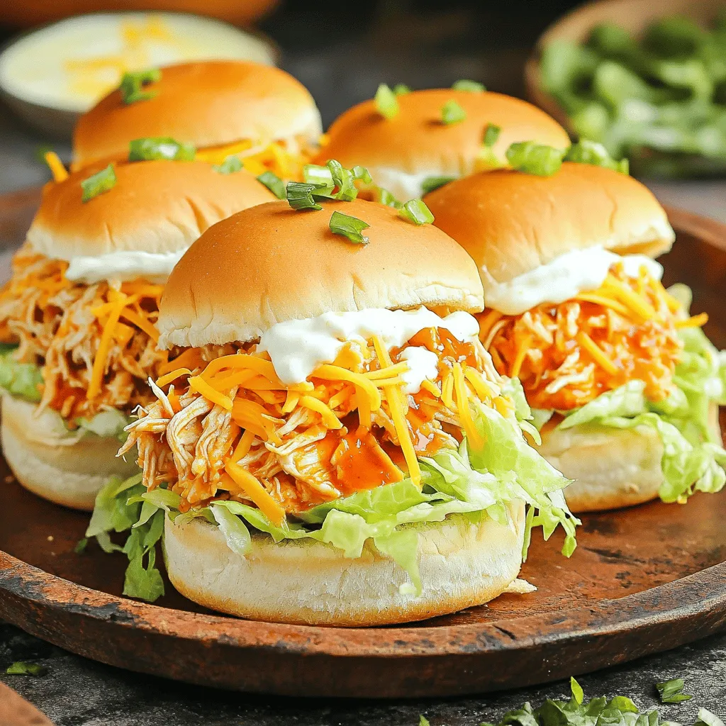 - 1 pound boneless, skinless chicken thighs - 1/2 cup buffalo sauce - 1 tablespoon olive oil - 1 teaspoon garlic powder - 1 teaspoon onion powder - Salt and pepper to taste - 1 cup shredded cheddar cheese - 12 slider buns - 1/2 cup lettuce, shredded - 1/4 cup ranch or blue cheese dressing When I make Air Fryer Buffalo Chicken Sliders, I start with the main ingredients. Boneless, skinless chicken thighs work best. They are juicy and tender. I also use buffalo sauce for that spicy kick. A bit of olive oil helps the sauce stick. Next, I add simple seasonings. Garlic powder and onion powder boost the flavor. I finish with salt and pepper to taste. These seasonings make the chicken pop. For the assembly, I grab shredded cheddar cheese. It melts beautifully on the hot chicken. Slider buns are perfect for holding all the goodness. I also prepare shredded lettuce for crunch. Finally, I pick ranch or blue cheese dressing for a creamy finish. This mix of ingredients creates a tasty, easy meal. Each bite is full of flavor and joy. To start, grab a large bowl. Add the chicken thighs, olive oil, buffalo sauce, garlic powder, onion powder, salt, and pepper. Mix well until the chicken is coated. You want every piece to soak in those flavors. Next, marinate the chicken. Let it sit in the fridge for at least 15 minutes. If you can, aim for two hours. This gives the chicken a deeper flavor. Now, it’s time to preheat your air fryer. Set it to 375°F (190°C). This step helps cook the chicken evenly. Once preheated, place the marinated chicken in the air fryer basket. Don’t stack the pieces; keep them in a single layer. Cook for 12 to 15 minutes. Remember to flip the chicken halfway through. This ensures all sides cook well. The chicken should reach an internal temperature of 165°F (75°C). After cooking, take the chicken out and let it rest for a few minutes. Use two forks to shred it. If you have leftover buffalo sauce, mix it with the shredded chicken for extra flavor. Cut the slider buns in half. On the bottom half of each bun, add a good amount of shredded buffalo chicken. Then, sprinkle shredded cheddar cheese on top. Next, add shredded lettuce for crunch. For extra flavor, drizzle ranch or blue cheese dressing over the lettuce. Finally, place the top half of the buns on each slider. If you want a crispy finish, put the assembled sliders back in the air fryer. Cook them for 3 to 5 minutes at 375°F (190°C). This will melt the cheese and toast the buns just right. To get the best flavor from your buffalo sauce, you can adjust the spice. If you like heat, add more sauce. For a milder taste, use less. Marinating the chicken is key. I suggest letting it sit for at least 15 minutes. For deeper flavor, try marinating for up to 2 hours. Avoid dry chicken by watching the cooking time. Overcooking makes it tough. Use a meat thermometer to check for doneness. The chicken should reach an internal temperature of 165°F (75°C). This ensures it stays juicy and tender. For toppings, shredded lettuce works great. I also love to add ranch or blue cheese dressing. It complements the spicy chicken well. For a fun presentation, serve sliders on a large platter. Add extra dressing on the side for dipping. Include crunchy celery sticks for a fresh bite. {{image_2}} You can switch up the chicken cuts if you want. Instead of boneless, skinless chicken thighs, use chicken breasts. They are leaner but will still taste great. You can also try shredded rotisserie chicken. It's a quick option that saves time. Simply mix the shredded chicken with buffalo sauce before assembling the sliders. Want to change the flavor? You can use different sauces. Try BBQ sauce for a sweet twist or honey mustard for a tangy kick. Cheese is another way to mix things up. Pepper jack adds heat, while blue cheese gives a rich flavor. Experiment with these options to find your favorite combo. If you need gluten-free options, look for gluten-free slider buns. Many brands offer tasty choices. For a vegan version, skip the chicken and use plant-based chicken substitutes. You can still use buffalo sauce and top with vegan cheese for a delicious meal that everyone can enjoy. To keep your buffalo chicken sliders fresh, cool them quickly. Place any leftovers in a shallow container. Make sure to cover it tightly with a lid or plastic wrap. This helps keep moisture in and air out. Store the sliders in the fridge for up to three days. If you want to save sliders for later, freezing is great. Wrap each slider in plastic wrap or foil. Then, place them in a freezer-safe bag. Make sure to squeeze out as much air as possible. You can freeze them for up to three months. When ready to eat, thaw them in the fridge overnight. Reheat in the air fryer at 350°F (175°C) for about 8-10 minutes. Buffalo chicken sliders last about three days in the fridge. However, they taste best fresh. If frozen, they can last three months. Always check for any signs of spoilage before serving. Enjoy your sliders while they taste their best! Yes, you can use frozen chicken thighs. Just remember to thaw them first. You can do this in the fridge overnight. If you're in a hurry, use the microwave's defrost setting. Once thawed, season and coat them as per the recipe. To make buffalo chicken sliders ahead, cook the chicken and shred it. Store the shredded chicken in the fridge for up to two days. Assemble the sliders right before serving. This keeps the buns fresh and tasty. Ranch dressing is a top choice for dipping. Its coolness pairs well with spicy buffalo chicken. Blue cheese dressing is another great option for those who love bold flavors. Both add an extra layer of taste. - Other common questions: - What if I want to make these sliders spicier? Add more buffalo sauce to the chicken mixture. - Can I use other types of buns? Yes, feel free to use whole grain or gluten-free buns. - How can I keep the sliders warm while serving? Use a slow cooker on low to keep them warm. In this post, we covered how to make buffalo chicken sliders using simple ingredients like chicken thighs and buffalo sauce. We explored how to prepare the chicken, cook it in the air fryer, and assemble the sliders with tasty toppings. I shared tips to enhance flavor and ensure the chicken stays moist. We also discussed fun variations and proper storage methods. With these easy steps, you can make sliders that impress your family and friends. Enjoy your cooking adventure!