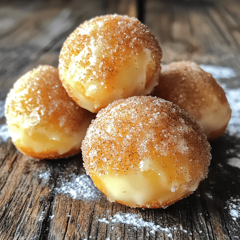 - 1 ½ cups all-purpose flour - ½ cup granulated sugar - 2 teaspoons baking powder - ½ teaspoon baking soda - ¼ teaspoon salt - ½ teaspoon ground cinnamon (plus extra for coating) - 1 large egg - ¾ cup buttermilk - 2 tablespoons vegetable oil To make baked cinnamon sugar donut holes, you need the right ingredients. All-purpose flour gives the donut holes their structure. Granulated sugar adds sweetness. Baking powder and baking soda help them rise. A little salt enhances the flavor. Ground cinnamon is key for that warm, cozy taste. Buttermilk keeps the donut holes moist. The egg binds everything together, while vegetable oil adds richness. - ½ cup melted butter - ½ cup granulated sugar (for coating) - 2 teaspoons ground cinnamon (for coating) After baking, the donut holes get a tasty coating. Melted butter helps the sugar and cinnamon stick. A mix of granulated sugar and extra cinnamon makes them irresistible. This coating gives each donut hole a sweet crunch. It's the finishing touch that turns them into a delightful treat. First, preheat your oven to 350°F (175°C). This step warms the oven for even baking. Next, get your mini muffin pan ready by greasing it with non-stick cooking spray. This keeps the donut holes from sticking. In a mixing bowl, combine the following dry ingredients: - 1 ½ cups all-purpose flour - ½ cup granulated sugar - 2 teaspoons baking powder - ½ teaspoon baking soda - ¼ teaspoon salt - ½ teaspoon ground cinnamon Whisk these together until they blend well. This step ensures you have a good rise in your donut holes. In a separate bowl, whisk together: - 1 large egg - ¾ cup buttermilk - 2 tablespoons vegetable oil - 1 teaspoon vanilla extract Make sure the mixture is smooth. This adds moisture and flavor to your donut holes. Now, pour the wet mixture into the dry ingredients. Stir gently until just combined. Be careful not to overmix. You want the batter to be thick but smooth for the best texture. Using a tablespoon, fill each well of the mini muffin pan about ¾ full with the batter. Bake these in your preheated oven for about 10-12 minutes. They should turn golden brown. To check if they are done, insert a toothpick into the center. If it comes out clean, they are ready! While the donut holes bake, prepare the cinnamon sugar coating. Mix together: - ½ cup granulated sugar - 2 teaspoons ground cinnamon Once the donut holes cool for about 5 minutes, carefully remove them from the pan. Dip each one in melted butter, then roll it in the cinnamon sugar mixture until fully coated. This adds that sweet, crunchy finish that makes them irresistible! To get the best texture, avoid overmixing the batter. When you combine the wet and dry ingredients, stir just until you see no dry flour. If you mix too much, your donut holes become dense and tough. To know when your donut holes are done, look for a golden brown color. A toothpick test works well. Insert it into the center; if it comes out clean, they are ready. Bake them for 10-12 minutes for the best result. You can enhance the flavor by adding spices like nutmeg or ginger. These spices add warmth and depth to your donut holes. You might also try a pinch of cardamom for a unique twist. Experimenting with flavored extracts can bring new life to your treats. Instead of vanilla, use almond or lemon extract for a different taste. Just remember to keep the amount small, as extracts are potent. These donut holes pair perfectly with coffee or tea. Their sweet, warm flavor complements a rich cup of coffee. For tea lovers, a nice chai or herbal tea works well, too. For special occasions, consider a fun presentation. Arrange them on a tiered cake stand. You can also dust them with powdered sugar for a festive look. A simple plate with a colorful napkin can make them shine, too. {{image_2}} You can create fun twists on your baked cinnamon sugar donut holes! - Adding chocolate or nut flavors: Mix in chocolate chips or chopped nuts to the batter. This adds more texture and richness. Try walnuts or pecans for a nutty crunch. For a chocolate lover's dream, use dark or milk chocolate chips. - Utilizing different spices: You can switch up the spices for unique flavors. Try nutmeg or cardamom for a warm taste. A pinch of allspice will also add depth to your donut holes. If you're looking to make a lighter version, consider these swaps. - Substituting whole wheat flour: You can replace all-purpose flour with whole wheat flour. This adds fiber and nutrients while keeping the texture delightful. - Reducing sugar and adding fruits: Cut the sugar in half and add mashed bananas or applesauce. This adds natural sweetness and moisture to your donut holes. You can easily adapt this recipe to fit different diets. - Ingredient swaps for vegan diet: Replace the egg with a flaxseed meal. Mix one tablespoon of flaxseed with three tablespoons of water. Let it sit for a few minutes until it thickens. Use almond or soy milk instead of buttermilk. - Flour alternatives for gluten-free: Use a gluten-free all-purpose flour blend. This works great in most baked goods. Just be sure it has a binding agent like xanthan gum for the best results. To keep your baked cinnamon sugar donut holes fresh, store them in an airtight container. Place a piece of parchment paper between layers to avoid sticking. These sweet treats stay fresh for up to three days at room temperature. If you want to save them for later, freezing is a great option. To freeze, first let the donut holes cool completely. Then, place them in a single layer on a baking sheet. Freeze for about an hour, then transfer them to a freezer-safe bag. This method prevents them from clumping together. They can stay in the freezer for up to three months. To reheat your donut holes, the oven is your best friend. Preheat it to 350°F (175°C). Place the donut holes on a baking sheet and heat for about 5-7 minutes. This method keeps them soft and warm without losing their texture. If you're in a hurry, you can also use the microwave. Heat them for about 10-15 seconds. Just be careful not to overheat them, or they may become tough. Once reheated, serve them warm with a sprinkle of extra cinnamon sugar for a delightful treat. Baked cinnamon sugar donut holes stay fresh for about three days. Store them in an airtight container at room temperature. This helps keep them soft and tasty. If you want them to last longer, you can freeze them. Just wrap them well in plastic wrap and place them in a freezer bag. Yes, you can make these donut holes ahead of time. Bake them and let them cool completely. Then, store them in an airtight container. You can enjoy them the next day or even freeze them for later. Just thaw and reheat when you want a sweet treat. If you don't have buttermilk, you can make a substitute. Mix ¾ cup of milk with 1 tablespoon of lemon juice or vinegar. Let it sit for about five minutes. This will give you a similar tangy flavor and texture. You can also use plain yogurt or sour cream, thinned with a little milk. Yes, baked donut holes are generally healthier than fried ones. Baking uses less oil, which reduces calories and fat. Baked versions also tend to have fewer unhealthy fats. You still get the sweet and tasty flavor, but with fewer worries about extra calories. Absolutely! You can add toppings or glazes to make them even more special. Try a simple glaze made from powdered sugar and milk. You can also sprinkle chocolate chips, nuts, or sprinkles on top. Get creative and have fun with different flavors! You learned the key ingredients for delicious baked cinnamon sugar donut holes, from flour to buttermilk. We covered each step to create these treats, including helpful tips for texture and flavor. Explore variations to tailor the recipe to your tastes or dietary needs. With proper storage and reheating, you can enjoy them longer. Baking these donut holes is simple and rewarding. Enjoy your baking adventure and share these delights with friends and family!