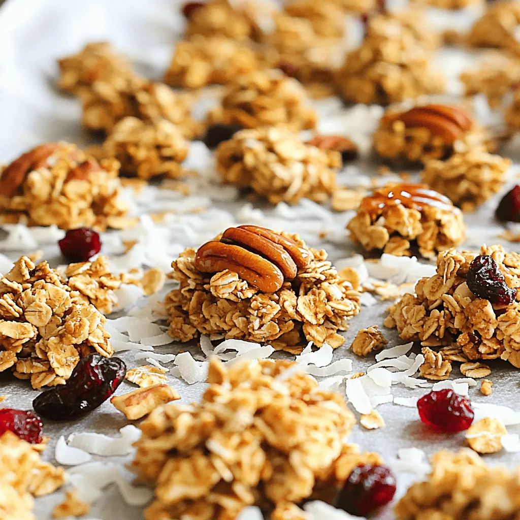- 2 cups rolled oats - 1 cup pecans, roughly chopped - 1/2 cup unsweetened shredded coconut - 1/3 cup maple syrup - 1/4 cup almond butter (or peanut butter) - 1/4 teaspoon salt - 1 teaspoon cinnamon - 1/2 cup dried cranberries (or any dried fruit of choice) - 1/4 cup chocolate chips (optional) These ingredients create a tasty and crunchy snack. The oats give the granola its base. They add fiber and a nice texture. Pecan nuts provide healthy fats and a rich flavor. The shredded coconut brings a tropical twist. The maple syrup acts as a natural sweetener. It adds a warm, sweet taste. The almond butter helps bind the mixture, making it chewy. You can use peanut butter if you prefer. Salt and cinnamon add depth to the flavor. They balance the sweetness and make each bite special. You can add dried cranberries or any dried fruit you like. They boost the sweetness and add chewiness. Finally, chocolate chips are optional but always a delight. They melt slightly and add a sweet touch. With these ingredients, you will create delicious granola clusters you can enjoy anytime. 1. Start by preheating your oven to 350°F (175°C). This temperature ensures that our granola gets crispy. 2. Line a baking sheet with parchment paper. This will help the granola not stick. 3. In a large mixing bowl, combine 2 cups of rolled oats, 1 cup of roughly chopped pecans, and 1/2 cup of unsweetened shredded coconut. Make sure to mix these ingredients well for an even flavor. 1. In a separate bowl, heat 1/3 cup of maple syrup and 1/4 cup of almond butter in the microwave for about 30 seconds. This makes it easier to mix. 2. After heating, stir in 1/4 teaspoon of salt and 1 teaspoon of cinnamon. This will add a warm flavor to your granola. 1. Pour the maple mixture over the oat mixture. Stir until all the dry ingredients are coated well. 2. Let this mixture sit for about 10 minutes. This gives it time to thicken a bit. 3. Transfer the combined mixture to your prepared baking sheet. Press it down firmly into an even layer to create clusters. 4. Bake for 20 minutes. Look for a golden color and a nice aroma. 5. After baking, remove it from the oven and let it cool for about 10 minutes. While still warm, sprinkle 1/2 cup of dried cranberries and 1/4 cup of chocolate chips on top for added sweetness. 6. Once cooled, break the granola into clusters or bars. Store them in an airtight container for freshness. To make great clusters, binding is key. First, mix the wet ingredients well. When you pour the maple syrup and almond butter blend over the dry mix, stir until every oat and nut is coated. This helps them stick together. Next, use a pressing technique. After you spread the mixture on the baking sheet, press it down firmly. This creates a solid layer and makes sure the clusters bake evenly. Want to boost the flavor? Add a pinch of nutmeg or ginger for warmth. These spices can add a nice kick to your granola. For different tastes, mix in seeds like chia or pumpkin seeds. You can also use almonds or walnuts instead of pecans. Dried fruits like apricots or cherries can replace cranberries. Get creative with what you have! Overbaking is a common issue. Keep an eye on your granola after 15 minutes. Once it turns golden, take it out. Burnt granola loses its taste and crunch. Cooling time is crucial too. Let it cool for at least 10 minutes. If you break it into clusters too soon, it may crumble. Patience pays off in tasty, crunchy granola! {{image_2}} You can change up the nuts in your granola. If you can’t find pecans, try walnuts or almonds. Both have great flavors and textures. You can also use mixed nuts for variety. If you want a nut-free option, you can use seeds like sunflower seeds or pumpkin seeds. They add crunch and are healthy too. You can also try using oats and coconut only for a nut-free treat. Want to cut back on sugar? You can use less maple syrup. Start with 1/4 cup and see how it tastes. You can also use fruit puree, like mashed banana, for natural sweetness. For a different sweetener, try honey or agave syrup. Each gives a unique taste to the granola. You can even use stevia or monk fruit for a low-calorie option. Just remember, not all sweeteners are equal, so adjust to your taste. Add seasonal fruits to your granola. In summer, try fresh berries. In fall, diced apples or pears work well. You can add them right before baking to keep them fresh. For the holidays, think about adding spices. Nutmeg or ginger can give a warm taste. You can also add dried fruits like raisins or figs for a festive touch. These changes make your granola fun and new all year round! To keep your Maple Pecan Granola Clusters fresh, use the right container. An airtight container is best. Glass jars or plastic bins work well. Avoid using paper bags, as they allow air in. This can make your granola lose its crunch. If stored properly, your granola lasts about two weeks. After this, it may lose flavor and texture. Signs that your granola has gone bad include a stale smell or a change in color. If it looks or smells off, it’s best to toss it. To freeze your granola clusters, first, let them cool completely. Then, place them in a freezer-safe bag. Remove as much air as possible before sealing. For thawing, take them out and let them sit at room temperature. This helps keep their crunchy texture. To boost nutrition, you can add protein sources like nuts or seeds. Try adding: - 1/2 cup pumpkin seeds - 1/2 cup sunflower seeds These not only add crunch but also healthy fats. You can also use chia seeds or flaxseeds. These tiny seeds pack a big punch. They provide fiber and omega-3 fatty acids. Just a couple of tablespoons can enhance your clusters. Yes, you can! For gluten-free options, choose certified gluten-free oats. These oats are processed in a way that avoids cross-contamination. You can also use quinoa flakes or buckwheat flakes. Both are great alternatives that keep the texture you want. Make sure all other ingredients are gluten-free as well. You can pair these clusters with yogurt for a tasty snack. Try Greek yogurt for added protein. They also work well in breakfast bowls. Add fresh fruit and a drizzle of honey for a sweet touch. You can even sprinkle them on oatmeal or smoothie bowls for extra texture. Making Maple Pecan Granola Clusters is simple and fun. You learned about key ingredients, how to bake them, and ways to customize. Use your favorite nuts, fruits, and spices for variety. Remember to store them properly for long-lasting freshness. With these tips, you can enjoy tasty snacks or breakfasts anytime. Experiment with flavors and have fun creating your own unique clusters. Enjoy your granola journey!