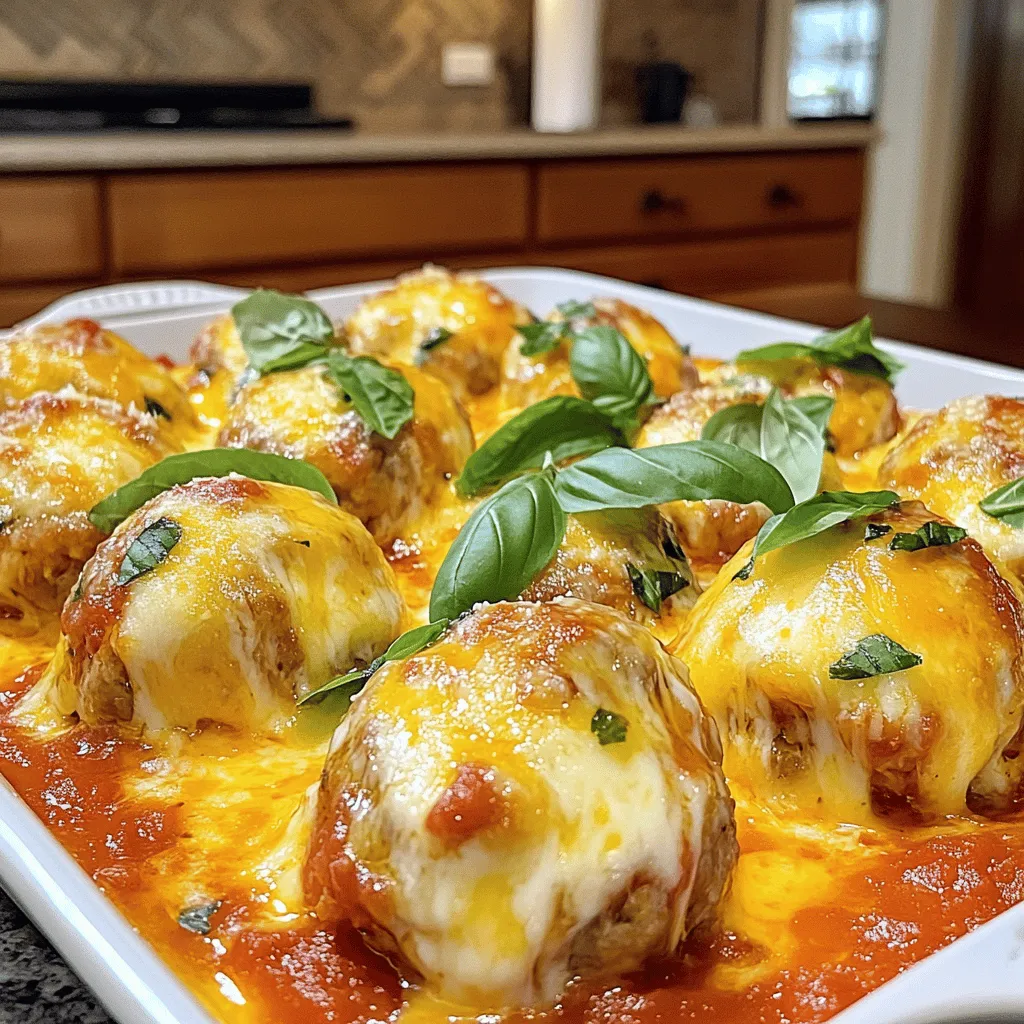 - 1 lb ground chicken - 1/2 cup breadcrumbs (preferably Italian seasoned) - 1/4 cup grated Parmesan cheese - 1/2 cup shredded mozzarella cheese - 2 cloves garlic, minced - 1/4 cup fresh basil, chopped (or 1 tablespoon dried basil) - 1 teaspoon oregano - 1/2 teaspoon salt - 1/4 teaspoon black pepper - 2 cups marinara sauce (store-bought or homemade) - Extra cheese for topping (mozzarella and Parmesan) - Olive oil for frying Gather these ingredients before you start cooking. The ground chicken forms the base of the meatballs. Breadcrumbs add texture and help bind everything together. Parmesan cheese brings a rich, savory flavor. Mozzarella cheese melts beautifully, giving that gooey finish we all love. The minced garlic, fresh basil, and oregano add layers of flavor. You can use dried basil if fresh is not available. Salt and black pepper enhance the taste without overpowering the dish. For the marinara sauce, you can choose a store-bought option for speed or make your own for a fresh touch. Top your meatballs with extra cheese before baking. This creates a delicious, cheesy crust. Finally, olive oil helps fry the meatballs to a golden brown. With these ingredients, you can create a tasty and simple meal that everyone will enjoy! Start by gathering all your ingredients. In a large bowl, combine the ground chicken, breadcrumbs, grated Parmesan cheese, shredded mozzarella, and the egg. Next, add the minced garlic, chopped basil, oregano, salt, and black pepper to the bowl. Mix everything well, but be careful not to overmix. Overmixing can make your meatballs tough. Aim for a nice, even mix without squishing the meat too much. Now, it’s time to shape the meatballs. Use your hands to form the mixture into golf ball-sized balls. Place them on a baking sheet lined with parchment paper. Heat a large skillet over medium heat and drizzle in some olive oil. Once the oil is hot, add the meatballs in batches. Do not overcrowd the skillet; this helps them brown nicely. Cook them for about 4 to 5 minutes on each side, until they are golden brown and cooked through. Next, preheat your oven to 400°F (200°C). Once your meatballs are browned, transfer them to a baking dish. Pour the marinara sauce over the top and sprinkle the extra mozzarella and Parmesan cheese on each meatball. Bake the meatballs in the oven for 15 to 20 minutes. This will melt the cheese and bring out all the flavors. You’ll know they are ready when the cheese is bubbly and slightly golden. To make great meatballs, measuring your ingredients is key. Accurate amounts help keep the right texture. If you like it spicier, adjust the seasonings to fit your taste. Try adding more garlic or herbs for a kick. One common mistake is overcooking or undercooking the meatballs. Aim for a nice brown color on the outside. Also, using the wrong size skillet can cause problems. A small skillet can crowd the meatballs, making it hard to brown them. When serving, presentation matters. Place the meatballs on a clean platter. Top them with fresh basil for color. You can also offer a small bowl of extra marinara sauce for dipping. For a complete meal, serve with spaghetti or a fresh salad. This adds balance and flavor to your dish. {{image_2}} You can switch the ground chicken for other meats. Try ground turkey or lean beef. These options work well for different tastes. If you want a lighter meal, use ground turkey. For a richer flavor, beef is a great choice. If you need gluten-free options, use gluten-free breadcrumbs. You can find these at most stores. For a dairy-free version, skip the cheese or use a dairy-free alternative. Adding veggies can boost flavor and nutrition. Try mixing in finely chopped spinach or bell peppers. This adds color and taste to your meatballs. You can also mix in grated zucchini for extra moisture. Changing the type of cheese can make a big difference. Instead of mozzarella, try provolone or gouda. Each cheese adds a unique flavor that can spice up your meatballs. You can serve meatballs in many ways. For a hearty meal, make a meatball sub. Just place meatballs in a toasted bun, add marinara, and sprinkle cheese on top. If you want a quick appetizer, serve meatballs on toothpicks. Add a small bowl of marinara for dipping. They make a fun party snack that's easy to eat. To store your tasty meatballs, place them in an airtight container. Keep them in the fridge. They stay fresh for about three to four days. When it's time to enjoy them again, reheat in a skillet. Heat them over medium-low heat. This makes them warm and tasty without drying them out. If you want to save meatballs for later, freezing is the way to go. First, let them cool completely. Then, place them in a freezer-safe bag or container. They last for up to three months in the freezer. When you're ready to eat, thaw them overnight in the fridge. To cook, heat them straight from the freezer in a skillet or bake them in the oven. Cooked meatballs last in the fridge for about three to four days. After that, it's best to toss them. Signs of spoilage include a strange smell or a change in color. If they look slimy or feel off, it's time to say goodbye. Always trust your senses when checking for spoilage. You can serve Chicken Parmesan Meatballs with several tasty options. - Best pasta pairings: Spaghetti is a classic choice. You can also try fettuccine or penne. These pastas soak up the sauce well and add to the meal. - Side dishes that complement the meatballs: A fresh green salad works great. You can also serve garlic bread or roasted vegetables. These sides add flavor and balance to the dish. Making Chicken Parmesan Meatballs healthier is easy with small changes. - Suggestions for low-fat alternatives: Use ground turkey instead of ground chicken. You can also choose whole wheat breadcrumbs. This keeps the flavor while adding more fiber. - Tips for reducing calories: Cut back on cheese or use low-fat options. You can also bake the meatballs instead of frying them. This keeps them lighter but still delicious. Yes, you can make Chicken Parmesan Meatballs ahead of time. - Making meatballs in advance: Prepare the meatballs and shape them. You can store them in the fridge for one day. If you want to keep them longer, freeze them. - Best storage and reheating methods: Store meatballs in an airtight container. For reheating, place them in the oven or microwave. This keeps them moist and tasty. We covered how to make flavorful Chicken Parmesan meatballs from scratch. You learned about the best ingredients, cooking techniques, and serving ideas. Remember to mix ingredients well but avoid overmixing for the best texture. Don’t forget to season to your taste and explore variations. Store them wisely to keep them fresh. Enjoy trying new pairings and adjusting recipes to suit your needs. With these tips, you can make a meal that delights everyone. Happy cooking!