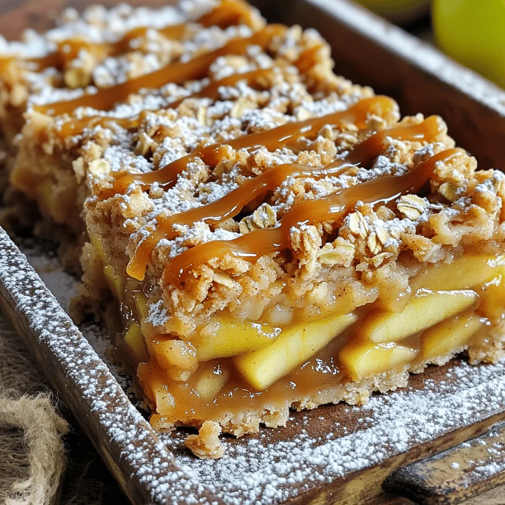 To make the Caramel Apple Oatmeal Crumble Bars, gather these key items: - 2 cups rolled oats - 1 cup all-purpose flour - 1/2 cup brown sugar, packed - 1/2 teaspoon ground cinnamon - 2 medium apples, peeled and diced (preferably Granny Smith) - 1 cup caramel sauce (store-bought or homemade) - 1/2 cup unsalted butter, melted You can enhance your bars with these extras: - 1 tablespoon lemon juice - 1/2 cup chopped walnuts or pecans Here are the specific amounts you need for the recipe: - Rolled oats: 2 cups (about 180 grams) - All-purpose flour: 1 cup (about 125 grams) - Brown sugar: 1/2 cup packed (about 100 grams) - Ground cinnamon: 1/2 teaspoon - Salt: 1/4 teaspoon - Unsalted butter: 1/2 cup melted (about 115 grams) - Apples: 2 medium (about 300 grams total) - Caramel sauce: 1 cup (about 240 milliliters) - Lemon juice (optional): 1 tablespoon - Chopped walnuts or pecans (optional): 1/2 cup (about 60 grams) These ingredients create a sweet and rich flavor balance. The oats and apples blend well, while the caramel adds a delightful touch. 1. First, preheat your oven to 350°F (175°C). This is the right temperature for baking. 2. Next, grease a 9x9-inch baking pan. You can also use parchment paper. This helps with easy removal. 3. In a large bowl, mix together the rolled oats, all-purpose flour, brown sugar, ground cinnamon, and salt. Make sure everything is combined well. 1. Pour in the melted butter. Stir until the mixture looks like coarse crumbs. 2. Take about 2/3 of this crumble mix and press it into the bottom of your pan. Make sure the layer is even. 1. Now, prepare your apples. Peel and dice them into small pieces. Toss these pieces with lemon juice to stop them from browning. 2. Spread the diced apples evenly over the crust layer. 3. Drizzle half of the caramel sauce over the apples. This will coat them nicely. 4. Sprinkle the rest of the crumble mixture over the caramelized apples. Ensure even coverage. 5. Bake in your preheated oven for 25-30 minutes. You want the top to be golden brown and bubbly. 6. When you take it out of the oven, drizzle the remaining caramel sauce over the top while it is warm. 7. Let the bars cool in the pan for at least 20 minutes before cutting them into squares. To get the right crumble, mix oats, flour, brown sugar, and butter well. The mix should look like coarse crumbs. You want some small clumps for a nice texture. Bake for 25 to 30 minutes. Look for a golden brown top. It should bubble slightly to show it’s done. Spices can make a big impact. Try adding nutmeg or ginger for warmth. You can also mix in vanilla extract for extra depth. When serving, consider drizzling more caramel on top. A sprinkle of sea salt can enhance the caramel flavor nicely. These bars are great with a scoop of vanilla ice cream. The cold ice cream melts into the warm bars. You can also serve them with whipped cream for a light touch. For a beautiful look, dust the bars with powdered sugar. This adds a nice contrast to the caramel. {{image_2}} If you need gluten-free options, use gluten-free oats and flour. Many brands offer great choices. For dairy-free alternatives, swap unsalted butter for coconut oil or dairy-free butter. This keeps the bars rich and tasty. You can change the fruit in these bars. Try using ripe pears or mixed berries for a twist. They bring a unique taste and texture. You can also add nuts like almonds or hazelnuts for crunch. For chocolate lovers, sprinkle in some chocolate chips for a sweet surprise. If you want more bars, double the recipe. Use a larger pan, like a 9x13-inch size. For fewer bars, halve the ingredients and bake in a smaller pan. Adjust the baking time as needed. Enjoy these bars however you like! To keep your Caramel Apple Oatmeal Crumble Bars fresh, store them in an airtight container. Place parchment paper between layers to prevent sticking. These bars stay best at room temperature for up to four days. If you want to keep them longer, the fridge works well too. You can freeze these delicious bars for later. Wrap each bar in plastic wrap, then place them in a freezer-safe bag. They can stay in the freezer for up to three months. When you are ready to eat them, let them thaw in the fridge overnight. This helps keep their soft texture. These bars are great for up to four days at room temperature. In the fridge, they last about a week. Look for signs of spoilage like a change in smell or color. If they feel too hard or dry, it's best to toss them out. Enjoy your treats while they’re fresh! Can I use quick oats instead of rolled oats? Yes, you can use quick oats. They will change the texture a bit. Quick oats make the bars softer. Rolled oats give you a chewier bite and a better crumble. How do I prevent the apples from turning brown? Toss the diced apples with lemon juice. This simple step stops oxidation. The juice keeps them fresh and bright for your bars. Can I make this recipe vegan? Yes, you can. Use plant-based butter instead of regular butter. For caramel, pick a vegan option or make your own. What can I substitute for caramel sauce? You can use honey, maple syrup, or even a fruit sauce. Each option gives a unique twist to the flavor. Why is my crumble not crispy? If your crumble is not crispy, it may need more baking time. Make sure you mix the butter in well. Also, check your oven temperature for accuracy. How do I know when the bars are fully baked? The bars are done when the top is golden brown. You can also check for bubbling around the edges. A toothpick should come out clean from the center. This blog post detailed making delicious apple crumble bars. We covered key ingredients, like rolled oats and Granny Smith apples. I shared simple steps to prepare, layer, and bake the bars. With tips for perfect texture and flavor, you're set for success. Remember, you can tweak ingredients for dietary needs or personal taste. Store these treats properly or freeze them for later. Enjoy baking and savoring your apple crumble bars!