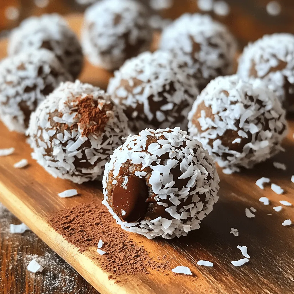 - 1 cup pitted Medjool dates - 1/2 cup raw almonds - 1/2 cup unsweetened shredded coconut - 1/4 cup cocoa powder - 2 tablespoons almond butter - 1 teaspoon vanilla extract - Pinch of sea salt - 2 tablespoons chia seeds (optional) - 1/4 cup dark chocolate chips (dairy-free if desired) You need simple, healthy ingredients to make these tasty bites. Start with pitted Medjool dates. They add natural sweetness and stickiness. Next, grab raw almonds for a nice crunch and some protein. Unsweetened shredded coconut gives a fun texture and tropical flavor. Cocoa powder adds that rich chocolate taste we all love. Almond butter makes the mixture creamy and ties everything together. A dash of vanilla extract boosts the flavor, while a pinch of sea salt balances the sweetness. If you want extra nutrition, add chia seeds. Finally, dark chocolate chips will bring bursts of chocolate joy in every bite. These ingredients create a perfect blend of taste and nutrition. They form a delicious snack that fuels your day! 1. Start by pulsing 1 cup of pitted Medjool dates and 1/2 cup of raw almonds in a food processor. This should form a sticky mix, almost like dough. 2. Next, add the rest of the ingredients: 1/2 cup of unsweetened shredded coconut, 1/4 cup of cocoa powder, 2 tablespoons of almond butter, 1 teaspoon of vanilla extract, a pinch of sea salt, and 2 tablespoons of chia seeds if you want an extra boost. Mix until everything combines into a thick paste. 3. At this point, gently stir in 1/4 cup of dark chocolate chips by hand. Ensure they spread evenly throughout the mixture. 4. Now, it’s time to roll. Use your hands to form the mix into small balls, about 1 inch wide. If your hands get too sticky, dampen them with a bit of water or oil. 5. For an extra touch, roll each energy bite in more shredded coconut or cocoa powder. This adds flavor and texture. 6. Finally, place the bites on a parchment-lined tray and refrigerate them for at least 30 minutes. This helps them firm up perfectly. Chilling your energy bites is key. It helps them hold their shape and enhances the flavors. I recommend refrigerating them for 30 minutes as a minimum. If you can wait longer, they’ll taste even better! You can serve these energy bites in a cute jar or on a wooden board. For a nice look, sprinkle some more shredded coconut or cocoa powder on top. This makes them not just tasty but also pretty! To get the perfect texture in your energy bites, pulse the dates and almonds until they resemble a sticky dough. This helps bind the ingredients. If your mix feels too dry, add a bit more almond butter. For a softer bite, use extra Medjool dates. If the mixture is sticky, dampen your hands with a little water or oil. This prevents the mix from sticking to your hands while you roll them. You can also chill the mixture for 10 minutes before rolling to make it easier to handle. For different coatings, try rolling your bites in unsweetened shredded coconut or cocoa powder. This adds flavor and a fun texture. You can also use crushed nuts for an added crunch. To boost the flavor, add spices like cinnamon or a dash of sea salt. A few drops of mint or almond extract can also make a big difference. These small additions can elevate the taste of your energy bites. Consider adding superfoods like chia seeds or hemp seeds. These can increase the fiber and protein content. Chia seeds are a great choice because they expand when wet, adding a nice texture. To increase protein, swap some almonds for protein powder or add nut butter. You can even mix in some ground flaxseed for added health benefits. These small changes can help you create a snack that fuels your body even more. {{image_2}} You can change nuts and seeds in your energy bites. If you want a crunch, try walnuts or pecans. For seeds, try sunflower seeds or pumpkin seeds. Each swap adds a unique taste and texture. Using different nut butters can also change the flavor. You can use peanut butter for a classic taste. Cashew butter gives a creamy feel. Each nut butter brings its own twist to the bites. These energy bites are easy to make vegan-friendly. Just ensure the chocolate chips are dairy-free. The main ingredients are already vegan, so you are set! Need them gluten-free? No problem! All the ingredients in this recipe are gluten-free. You can enjoy these bites without worry. Try adding different dried fruits to change the flavor. Chopped apricots, cranberries, or raisins work well. They add sweetness and chewiness. You can also use flavored protein powders. Vanilla or chocolate protein powder can enhance the taste. This adds extra protein, making the bites even better for you. To keep your Chocolate Coconut Energy Bites fresh, store them in an airtight container. This helps them stay moist and flavorful. I recommend using glass containers or high-quality plastic ones. Avoid leaving them in open bowls, as air can dry them out. You can freeze these energy bites easily. To freeze, place them in a single layer on a tray. Once they are firm, transfer them to an airtight container or freezer bag. They can last up to three months in the freezer. When you want to eat them, just take out the number you need. Let them thaw in the fridge for a few hours or at room temperature for about 30 minutes. In the fridge, these energy bites last about one week. If you freeze them, they can stay good for up to three months. Just make sure they are stored properly to keep their taste and texture. How many calories are in Chocolate Coconut Energy Bites? Each energy bite has about 100 calories. The total can vary based on the size and ingredients used. These bites pack a tasty punch with healthy energy. Can I make these energy bites nut-free? Yes, you can make these nut-free. Use sunflower seeds instead of almonds. Sunflower seed butter can replace almond butter too. This keeps the flavor and texture enjoyable. What can I substitute for cocoa powder? You can use carob powder instead of cocoa powder. This adds a unique taste while keeping the bites sweet. It’s a great option for those avoiding chocolate. Can I prepare these ahead of time? Absolutely! You can make them a few days in advance. Just store them in the fridge in an airtight container. They stay fresh and tasty for up to a week. How should I serve them for a party? For a party, display them in a fun jar or on a wooden board. You can sprinkle extra shredded coconut on top for a nice touch. They make a great snack for guests! In this post, we explored how to make delicious Chocolate Coconut Energy Bites. We covered ingredients, step-by-step instructions, and important tips for success. You can customize these bites to suit your taste and dietary needs. Remember to chill them for the best texture and flavor. These bites are easy to store or freeze for later. Enjoy creating your own variations, and share them with friends! Your energy levels will thank you for these tasty snacks. Happy cooking!