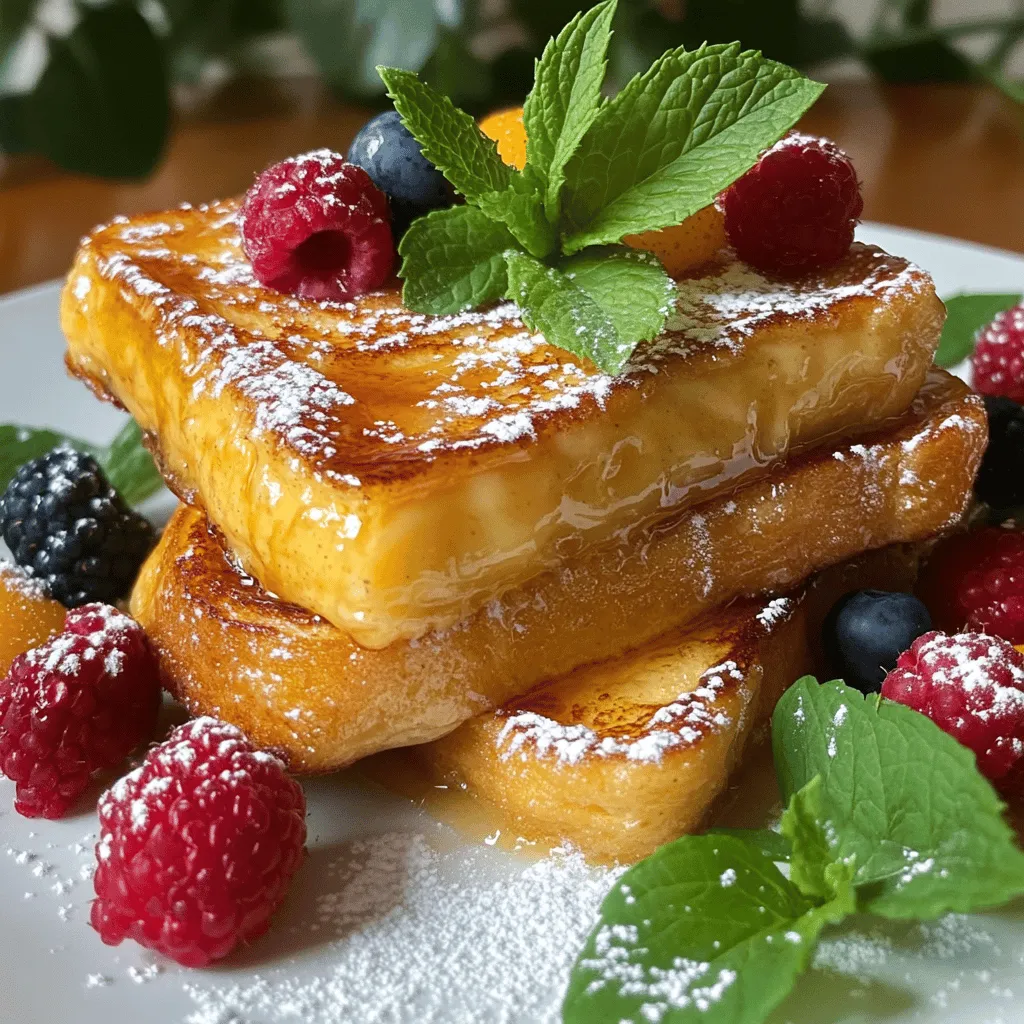 - 1 loaf of brioche bread, sliced thick - 4 large eggs - 1 cup heavy cream - 1/2 cup whole milk - 1/4 cup granulated sugar - 1 tablespoon vanilla extract - 1 vanilla bean, seeds scraped - 1 teaspoon ground cinnamon - 1/2 teaspoon nutmeg - Pinch of salt - Extra sugar for caramelizing To make Vanilla Bean Crème Brûlée French Toast, you need simple but rich ingredients. Brioche bread is key. It gives the French toast a soft and fluffy texture. You also need eggs to make the custard. They help the bread soak up all the flavor. For the custard, heavy cream and whole milk blend together. This mix makes the dish creamy and rich. You add granulated sugar for sweetness. Vanilla extract and scraped vanilla bean seeds give it that lovely vanilla taste. Ground cinnamon and nutmeg add warmth and spice. A pinch of salt balances the flavors. Finally, don’t forget the extra sugar for caramelizing. This creates a lovely, crispy top that makes the dish shine. Gather these ingredients before you start cooking. The magic of this French toast awaits! Start by whisking the eggs in a big bowl. Add heavy cream, whole milk, and granulated sugar. Stir in the vanilla extract and scrape the seeds from the vanilla bean. Mix in ground cinnamon, nutmeg, and a pinch of salt. Whisk until everything blends well. This custard will give your French toast a rich flavor. Take your thick brioche slices and lay them in a baking dish. Make sure they fit in a single layer. Pour the custard mixture over the bread. Use a spoon to press down the slices so they soak up the custard. Cover the dish with plastic wrap. Store it in the fridge for at least one hour. For the best taste, let it sit overnight. Preheat your oven to 375°F (190°C). After the bread has soaked, take the baking dish from the fridge. Place it in the oven and bake for about 25 to 30 minutes. You want the custard to set and the top to turn golden brown. Watch it closely to get that perfect look. Once baked, take the dish out of the oven. Sprinkle a thin layer of granulated sugar on top. Use a kitchen torch to caramelize the sugar until it turns golden and crispy. If you don’t have a torch, put the dish under the broiler for a few minutes. Keep an eye on it to avoid burning. This step adds a delightful crunch. Let the French toast cool for a moment. Cut it into portions and plate it up. Top with fresh berries, maple syrup, or a dollop of whipped cream. For a fancy touch, dust with powdered sugar and add a mint leaf on top. This makes your dish look as good as it tastes! Choose the right bread for this recipe. I love brioche for its soft texture. You can also use challah, which is rich and fluffy. Both choices soak up the custard well. Avoid bread that is too dense or dry, as it won’t soak properly. Fresh bread gives the best results, but day-old bread works too. Caramelizing the sugar is key to a great finish. Use a kitchen torch for best results. Sprinkle a thin layer of sugar over the baked French toast. Aim for an even coating to avoid burning. If you don’t have a torch, broil it in the oven. Keep a close eye on it, as it can burn quickly. The goal is a crispy, golden layer on top. You can prepare this dish in advance. Soak the bread overnight for deeper flavor. Just cover it well in the fridge. When you’re ready to bake, preheat your oven and follow the instructions. For reheating, warm the French toast in the oven at a low temperature. This keeps it soft and tasty without drying it out. {{image_2}} You can tweak this recipe to make it your own. Try adding orange zest for a citrus twist. You could also mix in some cocoa powder for a chocolate touch. If you love spices, add cardamom or ginger. For a nutty flavor, sprinkle in chopped nuts like pecans or almonds. Each change brings a new taste and makes it fun. Need a lighter option? Swap heavy cream for almond milk. You can also use egg substitutes for a vegan version. Silken tofu works well as a binder. If you want gluten-free, use gluten-free bread. These options can help everyone enjoy this treat. Fresh fruit can elevate your French toast. In spring, berries like strawberries or blueberries are perfect. Summer calls for peaches or nectarines for a juicy bite. In fall, think about apples or pears, and add cinnamon for warmth. Winter is great for citrus fruits like oranges or grapefruits. These fruits add color and flavor to your dish. You can store leftover Vanilla Bean Crème Brûlée French Toast in the fridge. Place the French toast in an airtight container. It stays fresh for about 2 to 3 days. Before you eat it, you may want to reheat it. For long-term storage, you can freeze the French toast. Wrap each slice in plastic wrap, then place them in a freezer bag. This way, they will keep for up to 2 months. When you want to enjoy it again, take it out and thaw in the fridge. To reheat, you can use the oven or a skillet. If using an oven, set it to 350°F (175°C). Place the French toast on a baking sheet and heat for about 10-15 minutes. If you use a skillet, heat each slice over medium heat for a few minutes on each side. This method keeps it crispy. Remember to caramelize the sugar again for that perfect crunchy top! The best bread for French toast is brioche. Its rich, soft texture soaks up the custard well. You can also use challah or sourdough. These breads add great flavor and hold up nicely when soaked. Yes, you can use milk alternatives! Almond milk or oat milk works well in this recipe. Just make sure to choose a plain flavor. This keeps the tasty vanilla bean flavor front and center. To prevent soggy French toast, soak the bread for a shorter time. Just a few minutes is enough. Also, ensure each slice is well-coated but not drowned. Baking at the right temperature also helps achieve a nice crisp. Homemade French toast lasts about 3 to 4 days in the fridge. Store it in an airtight container to keep it fresh. You can reheat it in the oven or on a skillet for a quick meal. In this blog post, we covered how to make delicious French toast. We explored ingredients like brioche bread, rich custard, and tasty toppings. Then, we detailed each step, from preparing the custard to caramelizing sugar. You learned tips to choose the best bread and ways to store your toast. Finally, we looked at fun variations and answered common questions. French toast is easy to make and always a hit. Try out these ideas and enjoy your meal!