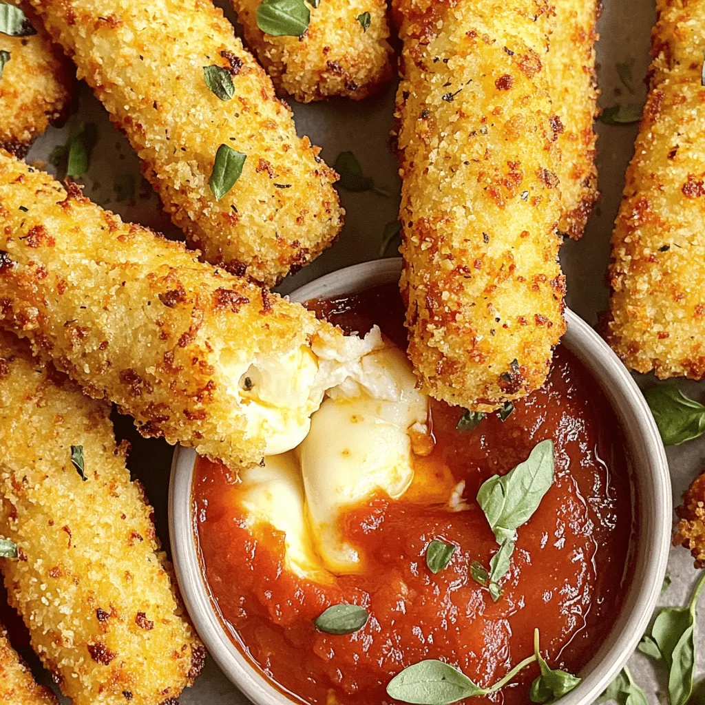- 12 mozzarella string cheese sticks - 1 cup all-purpose flour - 2 large eggs - 1 cup breadcrumbs (preferably Panko for extra crunch) - 1 teaspoon garlic powder - 1 teaspoon dried oregano - 1 teaspoon paprika - Salt and pepper to taste - Cooking spray - Marinara sauce (for dipping) To make these air fryer mozzarella sticks, you need simple ingredients. Start with string cheese sticks. They give you that melty cheese you crave. Panko breadcrumbs add a nice crunch. This is key for texture. Use fresh spices like garlic powder, oregano, and paprika. They boost flavor without too much effort. Remember to have some cooking spray on hand. It helps the sticks become golden and crispy. Finally, grab some marinara sauce for dipping. It balances the cheesy goodness perfectly. Start by cutting each mozzarella stick in half. This helps them cook faster and makes them easier to handle. Use string cheese for the best melt and stretch. You need three shallow bowls for the breading. In the first bowl, mix flour with a pinch of salt and pepper. In the second bowl, beat two large eggs. For the third bowl, combine breadcrumbs with garlic powder, oregano, paprika, and a pinch of salt and pepper. This mix gives great flavor and crunch. Now, take each cheese piece. Dip it in the flour, covering it fully. Shake off any extra flour. Next, dip it in the beaten eggs, letting the excess drip off. Finally, coat it with the breadcrumb mix, pressing lightly so it sticks well. Place the breaded sticks on a lined baking sheet. Freeze them for at least 30 minutes. This step keeps their shape while cooking. Preheat your air fryer to 390°F (200°C) for about 5 minutes. Take the frozen mozzarella sticks and spray them lightly with cooking spray. This helps them brown nicely. Arrange them in a single layer in the air fryer basket. If needed, cook in batches. Cook for 6-8 minutes, flipping halfway, until golden brown and crispy. Enjoy your crunchy mozzarella sticks! To get that perfect crunch, I recommend using Panko breadcrumbs. They are lighter and crispier than regular ones. This gives your mozzarella sticks a delightful texture. Another key is to freeze the breaded sticks for at least 30 minutes. This step helps them hold their shape in the air fryer. Don't skip this part! For even more crunch, lightly spray the sticks with cooking spray before cooking. This helps them brown nicely. One common mistake is not seasoning enough. Always add salt and pepper to both your flour and breadcrumb mixture. This adds flavor all around. Also, be careful not to overcrowd the air fryer basket. Give enough space for air to circulate. If you stack them too close, they won’t cook evenly. Lastly, don’t skip flipping them halfway. This ensures both sides get golden brown and crispy. Serve your mozzarella sticks hot for the best taste. Let them cool for a minute but serve them warm. Pair them with marinara sauce for dipping. This combo makes for a great snack or appetizer. You can also add a sprinkle of fresh herbs on top for a fun twist. Enjoy them fresh out of the air fryer for that cheesy goodness! {{image_2}} To add some heat, make spicy mozzarella sticks. Use pepper jack cheese instead of regular mozzarella. This cheese melts well and adds a kick. For even more spice, mix cayenne pepper or crushed red pepper flakes in the breadcrumb mix. Just a little will make a big difference. You can also serve them with a spicy dipping sauce, like sriracha mixed with mayo. While mozzarella is classic, you can try other cheeses too. Cheddar offers a sharp flavor that many love. Gouda adds a nutty taste, while provolone gives a smooth, creamy bite. Mix two or more cheeses for a fun twist. Each type melts differently, so experiment to find your favorite combo. You don’t have to stick to the usual breading. Try using crushed tortilla chips for a crunchy layer. They add flavor and a fun texture. You can also use almond flour for a gluten-free option. Just remember to season it well. It’s all about finding what you enjoy most. If you have leftover mozzarella sticks, store them in an airtight container. Use parchment paper between layers to prevent sticking. They will stay fresh for up to three days in the fridge. When ready to eat, check for signs of spoilage. If they smell off or look strange, it’s best to toss them. You can freeze mozzarella sticks before or after cooking. If freezing raw, place the breaded sticks on a baking sheet first. Freeze them for about 30 minutes until firm. Then, transfer them to a freezer bag. They will last up to three months. If you freeze cooked sticks, let them cool first. Follow the same steps and enjoy them later. Reheating mozzarella sticks is easy. For best results, use the air fryer. Preheat the air fryer to 350°F (175°C). Place the sticks in a single layer, and reheat for about 4-5 minutes. You can also use the oven. Bake them at 375°F (190°C) for about 8-10 minutes. Avoid the microwave; it makes them soggy. Always check the temperature before serving. Enjoy! You cook mozzarella sticks in an air fryer for 6 to 8 minutes. Preheat the air fryer to 390°F (200°C) first. Place the sticks in a single layer. Flip them halfway through for even cooking. They should turn golden brown and crispy when done. Yes, you can freeze mozzarella sticks before air frying. Freezing helps them hold their shape. After breading, lay them on a baking sheet and freeze for at least 30 minutes. This step is key for getting that perfect crunchy texture. Marinara sauce is the classic choice for dipping. You can also try ranch dressing for a creamy option. Spicy buffalo sauce adds heat if you like a kick. Honey mustard is a sweet and tangy alternative that works well too. To make mozzarella sticks without eggs, use milk or a dairy-free substitute. Dip the cheese sticks in the milk, then coat them in flour. After the flour, roll them in breadcrumbs. This method still gives a nice crunch without the eggs. Making mozzarella sticks at home is easy and fun. We discussed ingredients, step-by-step preparation, and cooking in an air fryer. I shared tips for a perfect crunch and ways to avoid mistakes. Plus, you learned about tasty variations and how to store leftovers. Use this guide to whip up delicious mozzarella sticks that everyone will love. Remember, practice makes perfect, so keep experimenting with flavors and techniques. Enjoy your cheesy creation!