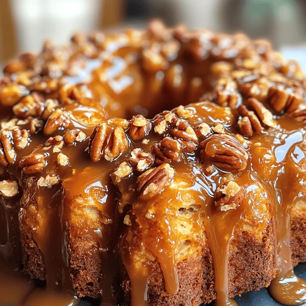 - 2 cans (16 oz each) refrigerated biscuit dough - 1 cup pecans, roughly chopped - 1/2 cup unsalted butter - 3/4 cup brown sugar, packed - 1/4 cup granulated sugar - 2 teaspoons ground cinnamon - 1/2 cup caramel sauce (store-bought or homemade) - Optional: 1 teaspoon vanilla extract Gathering the right ingredients makes all the difference. First, we need refrigerated biscuit dough. This is the base of our monkey bread. You can find it in any grocery store. Next, we have pecans. They add a nice crunch and flavor. You can chop them roughly for better bites. Unsalted butter is next. It helps bring all the flavors together. Brown sugar adds that rich, sweet taste. Granulated sugar gives a nice sweetness too. Ground cinnamon brings warmth and spice to our dish. For the gooey part, we use caramel sauce. You can buy it or make your own. If you want a little extra flavor, consider adding vanilla extract. This is optional but gives a nice touch. With these ingredients, we are ready to create a tasty treat! 1. Preheat your oven to 350°F (175°C). Grease a bundt pan with cooking spray or butter. This helps the monkey bread come out easily. 2. Open the biscuit dough cans. Cut each biscuit into quarters. This makes them easier to layer. 3. In a large bowl, mix the granulated sugar and cinnamon together. Toss the biscuit pieces in this mix. Make sure they are well-coated for maximum flavor. 4. Sprinkle half of the chopped pecans at the bottom of the prepared bundt pan. This adds a nice crunch. 5. Layer half of the coated biscuit pieces over the pecans. Add the remaining pecans on top of this layer. This creates a tasty filling. 1. Melt the butter in a saucepan over medium heat. Stir it gently to avoid burning. 2. Mix in the brown sugar and, if you want, the vanilla extract. Cook until the mixture bubbles and thickens, about 2-3 minutes. This will create a rich flavor. 3. Pour the caramel sauce into the butter mix. Stir constantly until well combined. This will give you a smooth caramel sauce. 1. Pour half of the caramel mixture over the biscuit layers in the bundt pan. Spread it evenly to cover all pieces. 2. Add the rest of the biscuit pieces on top and pour the remaining caramel mixture over them. Make sure every piece gets some caramel. 3. Bake in the preheated oven for 30-35 minutes. The top should be golden and the biscuits cooked through. 4. After baking, remove it from the oven. Let it cool for about 10 minutes. Then, invert it onto a serving plate. This step is key to showing off your delicious creation. - Ensuring even cooking: When baking, place your bundt pan in the center of the oven. This helps the heat spread well. Rotate your pan halfway through baking for uniform heat. - Checking for doneness: Use a toothpick to test the bread. Insert it into the thickest part. If it comes out clean, your monkey bread is ready. - Avoiding over-baking: Keep an eye on the time. If you bake too long, the bread can dry out. Aim for a golden top and firm texture. - Drizzling additional caramel: Drizzle some caramel sauce on top after baking. This adds a sweet finish and makes it look stunning. - Sprucing up with pecans: Sprinkle extra chopped pecans over the top. This gives a nice crunch and enhances the flavor. - Serving suggestions: Serve your monkey bread warm. It’s fun for guests to pull apart pieces. Pair it with coffee or tea for a delightful treat. - Alternatives to biscuit dough: You can use crescent roll dough if you prefer a flakier texture. It adds a different taste but works well. - Nut substitutions: If you have nut allergies, try sunflower seeds or pumpkin seeds. They add crunch without the allergens. - Sugar alternatives: Use coconut sugar or a sugar substitute like stevia. These options can lower the sweetness while keeping the texture. {{image_2}} You can change the flavor of caramel pecan monkey bread in fun ways. Here are a few ideas: - Chocolate caramel pecan monkey bread: Add chocolate chips to the biscuit layers. The chocolate melts and mixes with the caramel, creating a rich treat. - Pumpkin spice version: Mix in pumpkin puree and pumpkin pie spice. This gives the monkey bread a warm, fall flavor that is perfect for autumn. - Cinnamon roll monkey bread twist: Use cinnamon rolls instead of biscuits. The cinnamon rolls add a soft texture and a classic taste to the dish. You can also switch up the ingredients to fit your taste: - Using different nuts: Try walnuts or almonds instead of pecans. Each nut brings a unique flavor and crunch to the bread. - Adding fruits: Mix in bananas or apples. Diced fruits add sweetness and moisture to the monkey bread. - Exploring gluten-free options: Look for gluten-free biscuit dough. This way, everyone can enjoy this tasty treat, regardless of dietary needs. To keep your caramel pecan monkey bread fresh, store it properly. - Refrigeration techniques: Place the leftover monkey bread in an airtight container. You can also cover it tightly with plastic wrap or aluminum foil. This will help prevent it from drying out. Store it in the fridge for up to three days. - Freezing instructions: If you want to keep it longer, freeze the monkey bread. Wrap it tightly with plastic wrap, then place it in a freezer-safe bag. It can last for up to three months in the freezer. When you're ready to enjoy it, thaw it in the fridge overnight. When you're ready to dig in, reheating is key to keeping it tasty. - Best methods to reheat: The oven works best. Preheat it to 350°F (175°C). Place the monkey bread on a baking sheet. Cover it with foil to keep it moist. Heat for about 10-15 minutes until warm. - Maintaining texture and flavor: You can also reheat it in the microwave. Heat individual portions for about 20-30 seconds. This method may make it a bit softer, but it still tastes great. Knowing how long your monkey bread lasts helps avoid waste. - Storing leftovers: If kept in the fridge, your monkey bread stays fresh for about three days. After that, it may dry out. - Signs of spoilage: Look for mold or an off smell. If it feels hard or dry, it's time to toss it. Always trust your senses! How to make monkey bread from scratch? To make monkey bread from scratch, you start by making the dough. Mix flour, sugar, salt, yeast, and warm water. Knead the dough and let it rise. Cut it into pieces, coat them in cinnamon sugar, and layer them in a pan with nuts and caramel. Can I use frozen biscuit dough? Yes, you can use frozen biscuit dough. Just let it thaw before cutting it into pieces. Follow the same steps for mixing and layering. What is the best way to reheat monkey bread? To reheat monkey bread, place it in the oven at 350°F (175°C) for about 10 minutes. This keeps it warm and soft. How long does monkey bread stay fresh? Monkey bread stays fresh for about 2 to 3 days if stored in an airtight container at room temperature. Can I make caramel sauce at home? Yes, you can make caramel sauce at home. Just heat sugar in a pan until it melts and turns golden. Add butter and cream, stirring until smooth. Where to find key ingredients? You can find all key ingredients at your local grocery store. Look for biscuits in the refrigerated section and pecans in the baking aisle. Substitutions for dietary restrictions For gluten-free options, use gluten-free biscuit dough. If you're nut-free, leave out the pecans or use seeds instead. Is it possible to reduce sugar in the recipe? Yes, you can reduce sugar by cutting back on both the brown and granulated sugar. The flavor will change a bit but will still be tasty. Caloric content of monkey bread Monkey bread is high in calories due to butter and sugar. A serving can have around 300-400 calories. Can I make this recipe healthier? You can make monkey bread healthier by using less sugar and whole wheat flour. Adding fruits like apples can also boost nutrition. This blog post covered how to make delicious caramel pecan monkey bread. You learned about the main ingredients and step-by-step instructions to create it. I shared tips to make your baking a success and offered variations to spice things up. Don't forget to store your leftovers properly for later enjoyment. With all this information, you can create your own sweet masterpiece. Enjoy the fun of baking and the joy it brings to your table!
