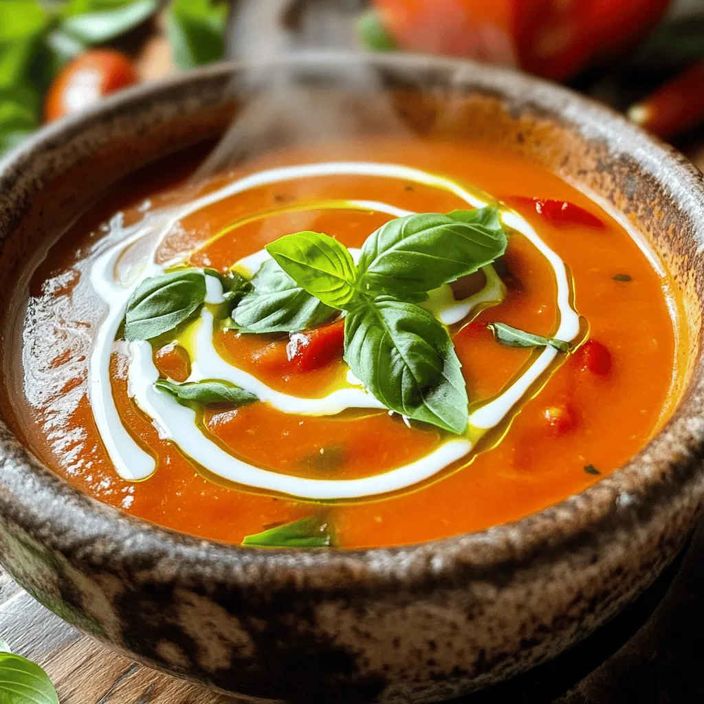 - 4 large red bell peppers - 6 ripe tomatoes - 1 large onion - 4 cloves garlic - 3 tablespoons olive oil - 2 cups vegetable broth - 1 teaspoon dried basil - 1 teaspoon dried oregano - Salt and pepper - ½ cup heavy cream (or coconut cream) - Fresh basil leaves for garnish The key to a great Cozy Roasted Red Pepper Tomato Soup starts with fresh ingredients. I love using ripe, juicy tomatoes and vibrant red bell peppers. These ingredients create a rich and tasty base. Start with 4 large red bell peppers. Halve them, and remove the seeds. Their sweet flavor shines when roasted. Next, grab 6 ripe tomatoes. Quarter them, as they add acidity and balance to the soup. You will need 1 large onion, chopped. Onion adds depth to the soup. Use 4 cloves of minced garlic for a fragrant touch. Garlic brings warmth and flavor. For cooking, use 3 tablespoons of olive oil. It helps the vegetables roast beautifully. You need 2 cups of vegetable broth for a smooth consistency. Don’t forget your spices! A teaspoon each of dried basil and oregano adds aromatic notes. Lastly, season with salt and pepper to taste. For a creamy finish, add ½ cup of heavy cream or coconut cream for a vegan option. Finally, fresh basil leaves make a lovely garnish. This mix of ingredients makes a comforting and tasty soup. Enjoy cooking with these ingredients and explore the rich flavors they create! First, preheat your oven to 400°F (200°C). This step is key for roasting. Next, take 4 large red bell peppers. Cut them in half and remove the seeds. Also, get 6 ripe tomatoes and quarter them. They will add sweetness to the soup. Now, place the halved peppers and quartered tomatoes on a baking sheet. Drizzle 2 tablespoons of olive oil over them. Then, sprinkle salt and pepper to taste. Roast everything in your preheated oven for about 25 to 30 minutes. Watch for the peppers to char and the tomatoes to soften. This brings out their rich flavors. While the vegetables roast, heat 1 tablespoon of olive oil in a large pot over medium heat. Add the chopped onion and sauté for about 5 minutes. You want them to be soft and translucent. Next, stir in 4 cloves of minced garlic. Cook for another 1 to 2 minutes until it smells great. Remove the roasted vegetables from the oven and let them cool a bit. Peel the skins off the peppers. Now, add the roasted veggies to the pot. Pour in 2 cups of vegetable broth. Also, add 1 teaspoon each of dried basil and oregano, along with salt and pepper. Bring this mix to a gentle simmer for about 10 minutes. To puree the soup, you can use an immersion blender. This tool makes it easy. If you don’t have one, carefully transfer the soup to a traditional blender in batches. Blend until smooth, then return it to the pot. Now, stir in ½ cup of heavy cream, or coconut cream for a vegan option. Heat the soup gently for a few minutes. Taste your soup and adjust the seasoning with more salt and pepper if needed. When serving, garnish with fresh basil leaves for a touch of color and flavor. Enjoy your cozy roasted red pepper tomato soup! To get the best flavor, roast red peppers and tomatoes for about 25-30 minutes at 400°F (200°C). This high heat brings out their natural sweetness and gives them a nice char. I suggest checking them halfway through. If they look dry, drizzle a bit more olive oil. For a flavor boost, sprinkle some smoked paprika before roasting. It adds a lovely depth to the soup. If you want a creamy texture without heavy cream, try using coconut cream. It blends well and gives a hint of sweetness. You can also use cashew cream for a nutty taste. To make cashew cream, soak cashews in water for a few hours and blend until smooth. This makes a great vegan option that everyone will enjoy. This soup pairs well with crusty bread or crunchy crackers. A grilled cheese sandwich is a classic choice. The gooey cheese complements the soup's warmth. For a fresh twist, serve it with a simple side salad. A light arugula salad adds a peppery kick that balances the soup's rich flavors. {{image_2}} You can easily change the taste of your Cozy Roasted Red Pepper Tomato Soup. To add spice or heat, consider using red pepper flakes or cayenne pepper. Start with a pinch and taste as you go. This way, you can control the spice level. If you want to play with herbs, try fresh thyme or parsley. Fresh herbs add bright flavor. You can mix them in at the end for a fresh note. If you have dietary restrictions, there are easy swaps. You can use vegetable broth for a vegan option. If you want to skip the cream, coconut cream works great too. It's rich but dairy-free. You can also add seasonal vegetables. Try zucchini or carrots in the soup. Both add a nice texture and sweetness. Did you know you can serve this soup chilled? Chilled soup is perfect for hot days. Simply cool it in the fridge for a few hours before serving. Garnish with basil for a fresh touch. For a creative serving idea, use bread bowls. Hollow out small bread loaves. Pour the soup inside for a fun and tasty presentation. This can be a hit at parties! How long does the soup last in the fridge? This cozy roasted red pepper tomato soup lasts about 4 to 5 days in the fridge. Make sure it cools before storing. Best containers for storage Use airtight containers. Glass jars or plastic containers work well. They keep the soup fresh and safe from odors. Proper freezing techniques To freeze the soup, let it cool completely. Then, pour it into freezer-safe bags or containers. Leave some space at the top for expansion. Label each bag with the date. Reheating tips after freezing When you're ready to enjoy the soup, thaw it in the fridge overnight. You can also heat it directly from frozen on the stove. Just stir often to avoid sticking. Yes, you can use canned tomatoes. They are a great time-saver. Look for whole or diced tomatoes in juice. Use about 2 cans (14.5 ounces each) for this recipe. Drain them for a thicker soup. Canned tomatoes still offer good flavor and texture. You can adjust the spiciness easily. For a mild soup, skip the spicy additions. If you like heat, add red pepper flakes or cayenne pepper. Start with a pinch and taste as you go. This way, you control the spice level to your liking. You can swap vegetable broth for chicken broth or even water. For a rich taste, try using wine instead of some broth. Coconut milk can add a unique flavor too. Just remember that each option changes the soup’s taste, so choose what you like best. Yes, this soup is perfect for freezing. Let it cool completely before transferring it to a freezer-safe container. Label it with the date and store it for up to 3 months. When you're ready, thaw it in the fridge overnight before reheating. Absolutely! You can add cooked chicken, beans, or lentils for extra protein. For a vegetarian option, chickpeas work well too. Stir in the protein during the last few minutes of cooking to warm it up. This makes the soup heartier and more filling. This blog post covered a delicious roasted red pepper and tomato soup. You learned the key ingredients, step-by-step instructions, and helpful tips to make it perfect. You also discovered ways to customize the flavor and adapt to dietary needs. Remember to store it properly to enjoy later. This soup is not only tasty but also easy to make. Enjoy making this dish and sharing it with friends or family. You’ll impress everyone with your skills and creativity. Happy cooking!