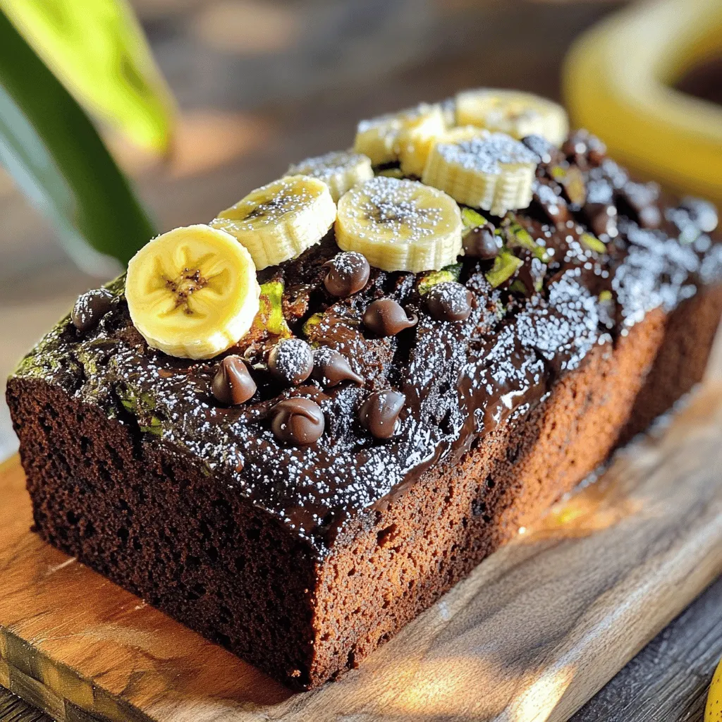 To make Zucchini Banana Chocolate Bread, you need a mix of wet and dry items. Here’s what you will use: - 1 cup grated zucchini (about 1 medium zucchini) - 1 ripe banana, mashed - 1/2 cup unsweetened applesauce - 3/4 cup brown sugar - 1/4 cup granulated sugar - 1/4 cup vegetable oil or melted coconut oil - 2 large eggs - 1 teaspoon vanilla extract - 1 1/2 cups all-purpose flour - 1/2 cup cocoa powder - 1 teaspoon baking soda - 1/2 teaspoon baking powder - 1/2 teaspoon salt - 1/2 cup semi-sweet chocolate chips - Optional: 1/4 cup chopped walnuts or pecans Each ingredient plays a key role in the taste and texture of the bread. Using specific amounts helps ensure your result is rich and moist. For example, the zucchini keeps the bread soft, while the cocoa powder adds deep chocolate flavor. The banana adds sweetness, and the sugars balance it all. You can swap some ingredients to fit your taste. For example, use almond flour instead of all-purpose flour for a gluten-free option. If you want less sugar, you can reduce the brown and granulated sugar. If you don’t have walnuts, try pecans instead. You can even leave them out entirely if you prefer a smoother texture. Each change gives your bread a personal touch! 1. Preheat your oven to 350°F (175°C). Grease a 9x5 inch loaf pan or line it with parchment paper. 2. In a large mixing bowl, combine 1 cup of grated zucchini, 1 ripe mashed banana, and 1/2 cup unsweetened applesauce. 3. Add 3/4 cup brown sugar, 1/4 cup granulated sugar, and 1/4 cup vegetable oil or melted coconut oil. Mix until smooth. 4. Crack in 2 large eggs and pour in 1 teaspoon vanilla extract. Whisk until the mixture is fully blended. 5. In another bowl, sift 1 1/2 cups all-purpose flour, 1/2 cup cocoa powder, 1 teaspoon baking soda, 1/2 teaspoon baking powder, and 1/2 teaspoon salt. 6. Gradually add the dry ingredients to the wet mixture. Stir gently until just combined. Avoid overmixing. 7. Fold in 1/2 cup semi-sweet chocolate chips and 1/4 cup chopped nuts if you like. 1. Pour the batter into the prepared loaf pan. Smooth the top with a spatula. 2. Bake in the preheated oven for 55-65 minutes. Check if a toothpick inserted in the center comes out clean. A few melted chocolate chips are fine. 3. Once done, remove the pan from the oven. 1. Let the bread cool in the pan for 10 minutes. 2. Carefully transfer the bread to a wire rack to cool fully. 3. Serve it warm or at room temperature. Slice it up and top with whipped cream or powdered sugar for an extra treat. Add banana slices or chocolate shavings for a fun garnish! To make your zucchini banana chocolate bread shine, start with fresh ingredients. Use a ripe banana. The riper the banana, the sweeter your bread will be. Grate the zucchini finely. This helps it blend well. You want the moisture from the zucchini to make the bread rich. Use unsweetened applesauce instead of oil for a lighter version. If you want more chocolate flavor, add extra cocoa powder. A pinch of cinnamon can also enhance the taste. One mistake is overmixing the batter. Mix just until combined for a soft texture. Another error is not measuring the flour correctly. Too much flour will make the bread dense. Always spoon the flour into the measuring cup and level it off. Avoid using old or stale ingredients. Fresh eggs and leavening agents ensure your bread rises well. Lastly, do not skip the cooling step. Letting it cool in the pan for ten minutes helps it set properly. For this recipe, grab a 9x5 inch loaf pan. You can use metal or glass, but metal bakes better. A mixing bowl is essential for combining wet ingredients. Use another bowl for dry ingredients. A whisk helps mix the wet ingredients well. A spatula is great for folding in chocolate chips. Finally, a toothpick is handy for testing doneness. These tools will make your baking experience smooth and fun! {{image_2}} You can make this bread even tastier with simple twists. Try adding spices like cinnamon or nutmeg for warmth. A pinch of sea salt can boost the sweet flavors too. If you want a fruitier taste, mix in dried fruit like raisins or cranberries. For a hint of citrus, add some lemon or orange zest. These small changes can make a big difference. For a gluten-free version, swap all-purpose flour with a gluten-free blend. Ensure the blend has a good rise for the best texture. To make this bread vegan, replace the eggs with flaxseed meal or applesauce. Use plant-based yogurt in place of applesauce if you want more moisture. These swaps let everyone enjoy this delicious treat. Adding extra bits can give your bread a fun crunch. Chopped nuts like walnuts or pecans add a nice bite. You can also try seeds, like sunflower or pumpkin seeds, for a healthy twist. If you love chocolate, mix in more chocolate chips or chunks. These add-ins make every slice exciting and keep things interesting! To keep your Zucchini Banana Chocolate Bread fresh, wrap it tightly in plastic wrap. You can also place it in an airtight container. This helps keep it moist. Store it at room temperature for up to three days. If you want it to last longer, consider freezing it. If you have extra bread, freezing is a great option. First, let the bread cool completely. Then, slice it for easy serving. Wrap each slice tightly in plastic wrap or foil. Place the wrapped slices in a freezer bag. You can freeze them for up to three months. When ready to enjoy, simply thaw at room temperature or pop it in the microwave. Reheating your Zucchini Banana Chocolate Bread is simple. For best results, use an oven. Preheat it to 350°F (175°C). Place the bread on a baking sheet and heat for about 10-15 minutes. You can also use a microwave. Heat slices for about 20-30 seconds. This warms them up and keeps them soft. Enjoy your delicious treat! If you need a substitute for zucchini, try shredded carrots. They add moisture and sweetness. You can also use apples, grated finely. Apples bring a nice flavor and great texture. Another option is summer squash; it works well, too. Each substitute will change the taste a bit, but they will still keep the bread moist. Yes, you can use different types of chocolate! Dark chocolate gives a rich flavor. Milk chocolate adds sweetness and creaminess. You can even mix chocolate types for more depth. Just remember that the amount of sugar might change. Adjust the sugar if your chocolate is sweet or bitter. This zucchini banana chocolate bread lasts about 4 to 5 days at room temperature. Keep it in an airtight container to keep it fresh. If you want it to last longer, store it in the fridge; it can stay good for about a week. You can also freeze it for up to 3 months. Just slice it first for easy thawing. This article covered every detail to bake a great bread. I shared the right ingredients, measurements, and even fun options. I explained clear steps for mixing, baking, and cooling. You learned tips to avoid errors and perfect your recipe. I added ideas for flavors and dietary needs. Plus, you now know how to store and reheat properly. This guide is your key to making bread that satisfies. Use these steps and tips to impress your friends and family with your baking skills.