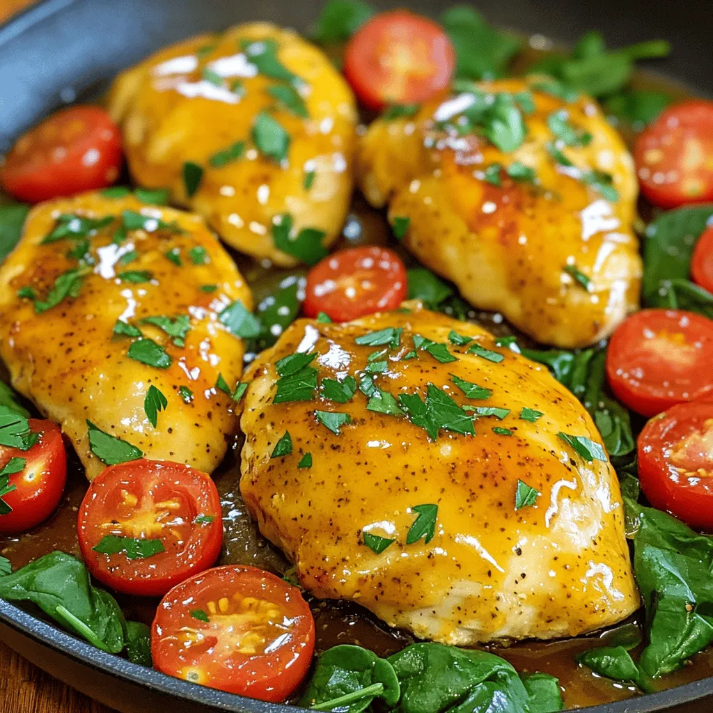 - 4 boneless, skinless chicken breasts - 1/4 cup honey - 1/4 cup Dijon mustard - 2 tablespoons olive oil - 2 cloves garlic, minced - 1 teaspoon dried thyme - 1 teaspoon paprika - Salt and pepper to taste - 1 cup cherry tomatoes, halved - 2 cups baby spinach - Fresh parsley, chopped for garnish For this honey mustard chicken skillet, the main ingredients bring great flavor. First, the chicken breasts serve as a lean protein base. They absorb the sweet and tangy marinade well. The honey and Dijon mustard form a rich sauce that makes every bite tasty. Next, the garlic, thyme, and paprika add depth. Garlic gives a warm, savory note. Thyme adds an earthy element, while paprika brings a hint of smokiness. Together, these ingredients create a balanced flavor profile. The cherry tomatoes add freshness and a pop of color. As they cook, they soften and enhance the sauce. The baby spinach is not just vibrant but also nutritious. It wilts quickly and adds a nice green touch to the dish. Lastly, fresh parsley acts as a lovely garnish. It brightens the dish and adds a hint of freshness. All these ingredients work together to create a meal that is both simple and satisfying. First, grab a small bowl. In this bowl, you will whisk together a few tasty ingredients. Mix 1/4 cup of honey and 1/4 cup of Dijon mustard. Then, add 2 cloves of minced garlic, 1 teaspoon of dried thyme, and 1 teaspoon of paprika. Finally, sprinkle in some salt and pepper to taste. This mixture makes a sweet and tangy sauce. After whisking, set the marinade aside. Letting it sit helps the flavors blend. Next, heat a large skillet over medium heat. Pour in 2 tablespoons of olive oil. Allow the oil to get hot. While waiting, season both sides of the 4 chicken breasts with salt and pepper. When the oil is ready, place the chicken in the skillet. Cook one side for 5 to 6 minutes until it turns golden brown. Once cooked, flip the chicken over. At this point, pour the honey mustard marinade over the chicken. Cook for another 5 to 6 minutes. Baste the chicken with the sauce as it cooks. This keeps the chicken moist and flavorful. Now, let’s add some color and nutrition. Toss in 1 cup of halved cherry tomatoes to the skillet. Stir them into the sauce. Cook for 2 to 3 minutes until the tomatoes soften a bit. After that, add 2 cups of baby spinach. Stir until the spinach wilts, which should take about 1 to 2 minutes. Make sure to taste the dish and adjust the seasoning if needed. When everything looks ready, remove the skillet from heat. Enjoy your honey mustard chicken, topped with the sauce and veggies! To ensure even cooking, start with chicken breasts of the same size. This helps them cook at the same rate. I like to pound them lightly to even out the thickness. It makes a big difference! To test for doneness, use a meat thermometer. Chicken should reach a safe internal temperature of 165°F. If you don’t have one, cut into the thickest part. The meat should be white, not pink. Adjusting the sweetness and tanginess is easy. If you like it sweeter, add more honey. For more tang, mix in extra Dijon mustard. Taste as you go to find your perfect balance. Adding spices can bring an extra kick. Try a pinch of cayenne pepper or red pepper flakes. This will give your honey mustard chicken some heat and depth. You can also toss in fresh herbs like basil or oregano for a fresh twist! {{image_2}} You can change things up by adding more veggies. Try bell peppers, zucchini, or broccoli. They all add great flavor and color. If you want to switch proteins, use turkey or pork instead of chicken. Each choice brings a new taste to the dish. Feel free to switch the sweetener in the sauce. Maple syrup or agave can work well. They add a different sweetness. You can also play with mustard types. Yellow mustard brings a milder taste, while whole grain adds texture. Each option changes the sauce's flavor while keeping it delicious. To store leftover honey mustard chicken, place it in an airtight container. Make sure the chicken cools down first. This keeps it fresh and safe. You can store it in the fridge for up to three days. If you want to keep it longer, consider freezing it. In the freezer, it lasts for about three months. Just remember to label the container with the date. When reheating, you have a few good methods. The oven is my favorite choice. Preheat it to 350°F. Place the chicken on a baking dish and cover it with foil. This helps keep the chicken moist. Heat for about 20 minutes or until it warms through. You can also use a microwave for quick reheating. Place the chicken on a microwave-safe plate. Add a splash of water to keep it juicy. Cover and heat in short intervals, checking often to avoid overcooking. Whichever method you choose, always check the chicken is heated completely. Juicy chicken makes the meal even better! Yes, you can use bone-in chicken. It adds more flavor. Just adjust the cooking time. Bone-in pieces take longer to cook than boneless. Aim for an internal temperature of 165°F to ensure it's safe to eat. This dish pairs well with many sides. Here are some ideas: - Steamed rice - Mashed potatoes - Quinoa - Roasted vegetables - A fresh green salad These options balance the sweetness of the chicken. Yes, this recipe is perfect for meal prep. Cook a batch and store it. Divide into containers and refrigerate. It will last about three to four days. Reheat it in the microwave for a quick meal. Enjoy a tasty dinner even on busy nights! This blog post covers how to make a tasty honey mustard chicken dish. You learned about the important ingredients, including chicken, marinade, and fresh veggies. The step-by-step instructions guide you on how to prepare, cook, and combine everything perfectly. Plus, I shared helpful tips for flavor and storage options. In the end, making this meal is simple and fun. With a few tweaks, your dish can be unique each time. Enjoy cooking and sharing this delightful recipe with others!