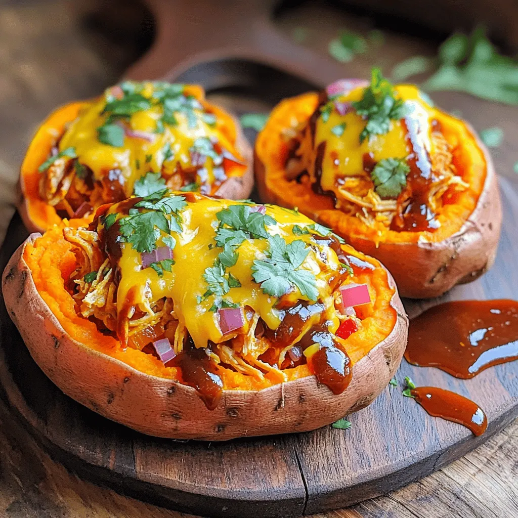 - 4 medium sweet potatoes - 2 cups cooked chicken, shredded - 1 cup BBQ sauce (your choice) - 1/2 cup red bell pepper, diced - 1/2 cup red onion, diced Sweet potatoes are the star of this dish. They offer a sweet and creamy base. I love using medium-sized ones for the perfect balance. Shredded chicken adds protein and flavor. You can use any cooked chicken, like rotisserie or grilled. The BBQ sauce brings a smoky sweetness. Choose your favorite brand for the best taste. Diced red bell pepper and red onion add crunch and color. - 1 cup shredded cheddar cheese - 1/4 cup fresh cilantro, chopped - Salt and pepper to taste Shredded cheddar cheese melts beautifully on top. It adds creaminess and richness to each bite. Fresh cilantro gives a pop of color and fresh flavor. Season with salt and pepper to enhance all the tastes. - Baking sheet - Skillet - Fork You will need a baking sheet for roasting the sweet potatoes. A skillet is great for heating the chicken and veggies. Grab a fork for fluffing the sweet potato insides. These tools make cooking simple and fun. 1. First, preheat your oven to 400°F (200°C). This step is key for even cooking. 2. Next, wash each sweet potato. Use clean water to remove any dirt. Then, poke holes in each potato with a fork. This helps steam escape while baking. 3. Now, rub each sweet potato with a bit of olive oil and sprinkle with salt. This adds flavor and helps the skin crisp up nicely. 1. While the sweet potatoes bake, heat your cooked chicken in a skillet over medium heat. 2. Pour in your favorite BBQ sauce. Stir in the diced red bell pepper and red onion. 3. Mix everything well and cook for about 5-7 minutes. Make sure it is heated through. Season with salt and pepper to taste. 1. When the sweet potatoes are done, take them out and let them cool for a few minutes. 2. Cut a slit down the center of each potato to create an opening. Be careful; they will be hot. 3. Gently fluff the insides of the sweet potatoes with a fork. This creates space for your filling. 4. Spoon the BBQ chicken mixture into each sweet potato generously. 5. Top each stuffed potato with shredded cheddar cheese. If you want it extra melty, return them to the oven for 5-10 more minutes. 6. Once the cheese melts and bubbles, take them out and garnish with fresh cilantro. This adds a nice touch! - Best way to bake sweet potatoes: Start by preheating your oven to 400°F (200°C). Wash the sweet potatoes well. Poke holes in them with a fork to let steam escape. Rub each one with olive oil and sprinkle salt. Bake them on a baking sheet for 45-60 minutes. They should be soft when poked. - How to prevent drying out: To keep sweet potatoes moist, avoid overcooking them. Check for tenderness after 45 minutes. Wrapping them in foil before baking also helps lock in moisture. - Additional spices to try: You can add a pinch of smoked paprika or cumin to your BBQ chicken mix. Garlic powder or onion powder also works well. These spices boost the flavor without overpowering the dish. - Alternative BBQ sauces: If you want to mix it up, consider using honey BBQ for sweetness or spicy chipotle BBQ for heat. Each sauce gives a unique twist to the dish. - Serving suggestions: Serve the stuffed sweet potatoes on a big platter. You can drizzle extra BBQ sauce on top for a beautiful touch. This also lets guests add more sauce if they like. - Garnishing tips: Fresh cilantro adds color and freshness. You can sprinkle it on top right before serving. Adding a few slices of lime next to the potatoes can brighten the dish too. {{image_2}} You can switch up the protein in BBQ chicken stuffed sweet potatoes. Try using pulled pork or beef brisket for a different taste. If you want a lighter option, shredded turkey works well too. For a vegetarian or vegan version, use jackfruit. Cook it with the same BBQ sauce and spices for a hearty filling. Another great option is to use black beans. They add protein and flavor, making a filling meal. Exploring different sauces can change the whole dish. You can try a spicy chipotle BBQ sauce for a kick. A honey mustard BBQ sauce gives a sweet twist. If you like Asian flavors, a teriyaki sauce can work great too. If you prefer a sauce-less version, just season the chicken with spices. Use a mix of garlic powder, paprika, and pepper for a tasty filling. This method lets the sweet potato shine through. Adding more veggies can boost flavor and nutrition. You can mix in corn, spinach, or zucchini for extra color and crunch. Roasted broccoli or mushrooms also work well. For cheese lovers, try different types of cheese. Pepper jack adds a spicy kick, while cream cheese gives a creamy texture. Feta cheese can add a tangy flavor that pairs nicely with the BBQ chicken. To keep raw sweet potatoes fresh, store them in a cool, dark place. A pantry or cupboard works best. Avoid the fridge, as cold can harm their taste and texture. - Best practices for storage: Place them in a breathable bag or basket. This allows air circulation. - Shelf life tips: Properly stored, uncooked sweet potatoes can last 2 to 3 weeks. Check for soft spots or sprouting. After enjoying BBQ chicken stuffed sweet potatoes, you’ll want to store leftovers correctly. - Refrigeration guidelines: Place leftovers in an airtight container. They stay fresh in the fridge for 3 to 5 days. - Freezing instructions: For longer storage, freeze stuffed sweet potatoes. Wrap each one in plastic wrap and place them in a freezer bag. They can last up to 3 months. When it’s time to enjoy your leftovers, reheating is key for keeping flavors and texture. - Best methods for reheating: Use the oven for best results. Preheat to 350°F (175°C) and bake for 15-20 minutes. - Maintaining texture and flavor: Cover with foil while reheating. This keeps the sweet potatoes from drying out. If using a microwave, heat in short bursts to avoid mushiness. Yes, you can prep BBQ chicken stuffed sweet potatoes in advance. Start by baking the sweet potatoes. After they cool, store them in the fridge. You can also make the BBQ chicken filling. Keep it in a separate container. When ready to eat, reheat the filling and stuff the potatoes. This saves time and makes meal prep easy. Leftovers of BBQ chicken stuffed sweet potatoes last about three to four days in the fridge. Make sure to store them in an airtight container. If you want to keep them longer, you can freeze the stuffed sweet potatoes. They can stay fresh in the freezer for up to three months. Just make sure to thaw them in the fridge before reheating. BBQ chicken stuffed sweet potatoes pair well with a few side dishes. You can serve them with a fresh salad for crunch. Coleslaw adds creaminess and a nice contrast. Grilled corn on the cob or roasted veggies also make great sides. These pairings add flavor and balance to your meal. For the complete recipe guide, check out the full details [here](#). BBQ chicken stuffed sweet potatoes are a fun and tasty meal. We explored the key ingredients, from sweet potatoes to toppings, and the best kitchen tools needed. I guided you through simple steps to prepare and assemble these delicious stuffed potatoes. Remember the tips to enhance flavor and presentation. You can also try fun variations and learn how to store leftovers. This dish is versatile and can fit any taste! Enjoy experimenting with new flavors and serving these satisfying meals with friends and family.