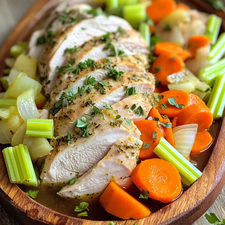 - 2.5-3 pounds boneless turkey breast - 1 tablespoon olive oil - 1 cup low-sodium chicken broth - 1 teaspoon garlic powder - 1 teaspoon onion powder - 1 teaspoon dried thyme - 1 teaspoon dried rosemary - 1 teaspoon dried sage - 1 teaspoon salt - 1/2 teaspoon black pepper - 1 large onion, sliced - 3 carrots, cut into large pieces - 2 stalks celery, cut into large pieces For this savory herb turkey breast, you start with a few key ingredients. First, choose a boneless turkey breast weighing between 2.5 to 3 pounds. It cooks well in the slow cooker. Next, you need olive oil to help the herbs stick to the turkey. The flavor comes from a mix of herbs. You will need garlic powder, onion powder, dried thyme, dried rosemary, dried sage, salt, and black pepper. Each herb adds its own unique taste. To boost the flavor, we add vegetables. Slice up one large onion and chop three carrots and two stalks of celery. These veggies add depth and sweetness to the dish. You will also need one cup of low-sodium chicken broth. This broth keeps the turkey moist and adds great flavor. Now, you have everything you need to create a delicious, savory herb turkey breast in your slow cooker. - In a small bowl, combine: - 1 teaspoon garlic powder - 1 teaspoon onion powder - 1 teaspoon dried thyme - 1 teaspoon dried rosemary - 1 teaspoon dried sage - 1 teaspoon salt - 1/2 teaspoon black pepper Mix these dry herbs and spices well. This blend gives the turkey its savory flavor. - Pat the turkey breast dry with paper towels. This helps the rub stick better. - Coat the turkey breast with 1 tablespoon of olive oil. This adds moisture and flavor. - Generously apply the herb mixture all over the turkey. Make sure to cover every side. - Take the slow cooker and layer the bottom with vegetables: - 1 large onion, sliced - 3 carrots, cut into large pieces - 2 stalks celery, cut into large pieces - Pour in 1 cup of low-sodium chicken broth. This broth will keep the turkey moist and add flavor. - Place the seasoned turkey breast on top of the vegetables. - Cover the slow cooker with its lid. - Set it to low and cook for 6-8 hours. The turkey is ready when it reaches 165°F (75°C). - Once cooked, carefully remove the turkey breast from the slow cooker. - Let it rest for about 10 minutes before slicing. This helps the juices stay in the meat. - Use the cooking liquid and vegetables as a tasty side or sauce. To check the internal temperature of your turkey, use a meat thermometer. Insert it into the thickest part of the breast. The turkey is safe to eat when it reaches 165°F (75°C). This ensures it is cooked well but still juicy. Let it rest for ten minutes after cooking. This helps the juices settle and keeps the meat moist. When serving the turkey, slice it on a large platter. Arrange the cooked vegetables around the turkey for color and texture. Drizzle some of the cooking broth over the turkey. This adds flavor and moisture. Garnish with fresh herbs like parsley or rosemary for a nice touch. Pair it with mashed potatoes or a green salad for a complete meal. To keep your turkey moist during cooking, start with a good rub of olive oil. This helps lock in moisture. Using low-sodium chicken broth also adds flavor and keeps the meat tender. Cooking on low heat for 6-8 hours allows the turkey to absorb the broth’s flavors. Avoid lifting the lid while cooking, as this can let heat escape and dry out the meat. {{image_2}} You can change the herbs for a new taste. Try these options: - Oregano: A great choice for a Mediterranean flair. - Basil: Adds a sweet, fragrant touch. - Cumin: For a warm, earthy flavor. - Paprika: Gives a mild heat and color. - Chili powder: If you like a spicy kick. Mix and match these herbs to find your favorite blend. Each will bring its own unique twist to your savory herb turkey breast. You can also use different cuts of turkey. A bone-in turkey breast works well. The bone adds flavor and moisture. Other meats, like chicken or pork, can fit into this recipe too. Just adjust cooking time based on the size and type of meat. For chicken, aim for 4-6 hours on low. For pork, follow similar times as turkey. Make sure the meat reaches 165°F (75°C) for safety. Add more vegetables to make it a full meal. You can include: - Potatoes: Cut into chunks for heartiness. - Green beans: Adds color and crunch. - Mushrooms: For an earthy flavor. These veggies cook well with the turkey. They soak up all the tasty juices. You can also serve with rice or quinoa on the side for a filling dish. The options are endless! To store leftovers safely, let the turkey cool down first. After cooling, wrap it tightly in plastic wrap or foil. Place it in an airtight container. This keeps it fresh and avoids spoilage. Leftover turkey can stay in the fridge for up to four days. Always label your container with the date. This way, you know when it’s best to eat it. To freeze cooked turkey, first slice it into smaller pieces. This helps it freeze faster and thaw easier. Place the slices in a freezer-safe bag or container. Remove as much air as possible to prevent freezer burn. Frozen turkey can last for up to six months. When you’re ready to use it, thaw it overnight in the fridge. To reheat the turkey, the oven is your best friend. Preheat it to 325°F (160°C). Place the turkey in a baking dish and add a bit of broth or water. This keeps it moist as it heats. Cover the dish with foil to trap in steam. Heat it for about 20-30 minutes. If you want a quick option, use the microwave. Heat in short bursts, stirring between each. This helps avoid hot spots and keeps the turkey tasty. Cook the turkey breast for 6 to 8 hours on low heat. You want it to reach 165°F (75°C). Always check the thickest part of the meat. If you cook it longer, it will become more tender. Yes, you can cook the turkey on high. If you choose high, it will take about 3 to 4 hours. Make sure to check the internal temperature at the 3-hour mark. This ensures it cooks evenly and stays juicy. If the turkey is dry, try serving it with the broth from the cooker. You can also shred the turkey to keep it moist. Adding a sauce or gravy can help mask dryness too. Using frozen turkey breast is possible, but it will need extra cooking time. Plan for about 8 to 10 hours on low. Always ensure the meat reaches that safe internal temperature. Yes, it is safe to leave the slow cooker on overnight. Just make sure it’s set to low. This will keep the turkey at a safe temperature while it cooks. Leaving it unattended is fine as long as you use a reliable slow cooker. In this post, we explored how to cook a tasty slow cooker turkey. We covered the main ingredients, step-by-step instructions, and tips to ensure a moist turkey. You can also adapt the flavors and create a complete meal with this recipe. Remember to store leftovers properly and use the reheating tips for the best taste. With these easy steps, you'll be on your way to a delicious meal anyone can enjoy. Happy cooking!