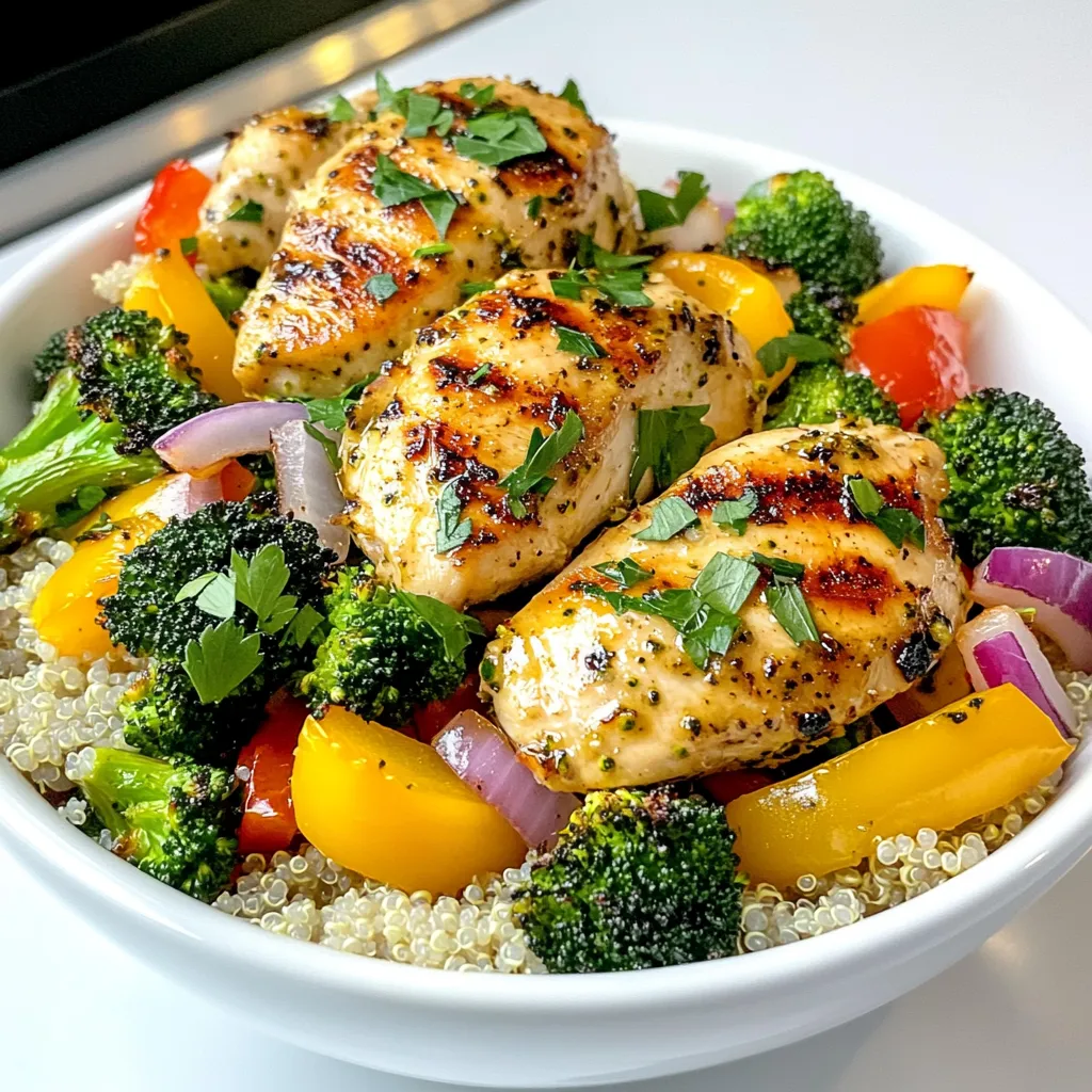 To make the Garlic Herb Chicken Bowls, you will need: - 4 boneless, skinless chicken breasts - 2 cups broccoli florets - 2 cups bell peppers (red, yellow, and green), sliced - 1 red onion, sliced - 4 cloves garlic, minced - 1 teaspoon dried oregano - 1 teaspoon dried thyme - 1 teaspoon paprika - 3 tablespoons olive oil - Salt and pepper to taste - 1 cup cooked quinoa or brown rice (for serving) - Fresh parsley, chopped (for garnish) If you want to boost the taste, try these extras: - Lemon juice for brightness - Crushed red pepper for heat - Fresh herbs like basil or cilantro - Feta cheese for a salty kick Gather these tools to make the process smooth: - Large mixing bowl - Sheet pan - Parchment paper - Measuring spoons - Knife and cutting board - Meat thermometer (for checking chicken doneness) - Serving bowls to plate the meal Start by preheating your oven to 400°F (200°C). This step is key to cooking the chicken and veggies evenly. I also recommend lining a large sheet pan with parchment paper. It makes cleanup super easy. In a mixing bowl, combine these ingredients: - 3 tablespoons olive oil - 4 cloves garlic, minced - 1 teaspoon dried oregano - 1 teaspoon dried thyme - 1 teaspoon paprika - Salt and pepper to taste Add the chicken breasts to the bowl. Make sure each piece gets coated well with the marinade. Let it sit for about 15 minutes. This will help the flavors soak in. While the chicken marinates, prepare your veggies. Take 2 cups of broccoli florets, 2 cups of sliced bell peppers, and 1 sliced red onion. Spread them evenly on the sheet pan. Drizzle with olive oil and sprinkle with salt and pepper. Toss the veggies to coat them well. Once the chicken is ready, it's time to combine. Place the marinated chicken breasts on top of the veggies on the sheet pan. This lets the chicken juices flavor the vegetables as they cook. Put the sheet pan in your preheated oven. Bake for 25-30 minutes. Check that the chicken is cooked through. It should reach an internal temperature of 165°F (75°C). The vegetables should also be tender and ready to enjoy. After baking, remove the pan from the oven. Let it cool for a few minutes. Serve the chicken and veggies over 1 cup of cooked quinoa or brown rice. For a nice touch, sprinkle some chopped fresh parsley on top. You can also drizzle a little olive oil and lemon juice for extra flavor. Enjoy your meal! To get the best taste from your chicken, marinate it well. Mix olive oil, minced garlic, oregano, thyme, paprika, salt, and pepper. Place your chicken in this mix for at least 15 minutes. This short time helps the chicken soak up all the flavors. If you have more time, let it marinate longer in the fridge. The longer it sits, the more flavor it gains. For tasty vegetables, cut them into even sizes. This helps them cook the same way. Spread broccoli, bell peppers, and red onion on the sheet pan. Drizzle with olive oil and sprinkle with salt and pepper. Toss them well to coat. Bake alongside the chicken for about 25-30 minutes. They should be tender and bright in color when done. You can change up the recipe with different proteins or veggies. Try using shrimp or tofu instead of chicken. This gives you new tastes and textures. For veggies, consider zucchini, asparagus, or sweet potatoes. These can add a fun twist to your bowl. Adjust the spices based on your choice. This recipe is flexible and lets you explore flavors that you love. {{image_2}} You can switch the chicken for other proteins. Try turkey, pork, or tofu. Each option brings its own taste. Turkey gives a leaner choice. Pork adds a bit of sweetness. Tofu is great for a plant-based meal. Just cut it into cubes and marinate as you do with chicken. Keep the cooking time similar. Using seasonal veggies makes this dish fresh and fun. In spring, add asparagus or snap peas. Summer is perfect for zucchini or corn. Fall calls for sweet potatoes or Brussels sprouts. In winter, use carrots or cauliflower. You can mix and match veggies for a colorful bowl. Just make sure to cut them evenly for even cooking. You can boost the flavors with spices and herbs. Add cumin for warmth or red pepper flakes for heat. Fresh herbs like basil or cilantro can brighten the dish. You can also drizzle sauce on top. A squeeze of lemon juice or a balsamic glaze adds a nice touch. Experiment to find your favorite flavor combinations! Once your garlic herb chicken bowls are cool, store them in an airtight container. This helps keep them fresh. You can keep them in the fridge for up to three days. Make sure to separate the chicken from the veggies if you want to keep them at their best. To reheat, place the leftovers on a microwave-safe plate. Cover them with a damp paper towel to keep moisture in. Heat for about 2-3 minutes or until hot. You can also reheat in the oven. Set it to 350°F (175°C) and warm the chicken bowls for about 15 minutes. This helps keep them crispy. You can freeze the chicken and veggies together for up to three months. Use freezer-safe bags or containers for best results. When ready to eat, thaw them in the fridge overnight. Reheat as mentioned above. This way, you enjoy the same great taste later! Yes, you can use frozen chicken. First, thaw it completely. Then, follow the recipe as usual. Cooking times may change, so check the chicken for doneness. It needs to reach 165°F (75°C) inside. Thawing in the fridge overnight is best for safety. To make it low-carb, skip the quinoa or brown rice. Instead, serve the chicken and veggies over a bed of leafy greens. You can use spinach or arugula for a fresh taste. Adding avocado slices gives healthy fats and creaminess. Many side dishes go well with garlic herb chicken bowls. Here are some options: - Roasted asparagus - Garlic mashed cauliflower - Zucchini noodles - A fresh garden salad These sides add color and flavor to your meal. Yes, you can prep this meal in advance. Marinate the chicken and chop the veggies the night before. Store them in the fridge. When you are ready to cook, just follow the baking steps. You can also store leftovers for quick meals later. This blog post guided you through making a tasty garlic herb chicken bowl. We covered necessary and optional ingredients, the right tools, and easy steps from prep to baking. I offered tips for marinating and cooking, plus variations to mix things up. Finally, I shared storage tips to keep leftovers fresh. With these details, you can enjoy great meals and impress your family. Happy cooking!