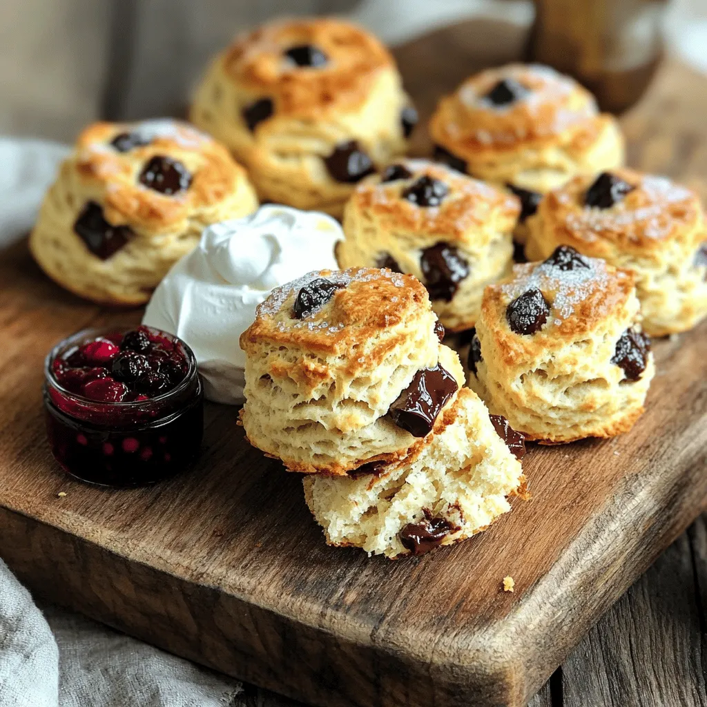 - 2 cups all-purpose flour - 1/3 cup granulated sugar - 1 tablespoon baking powder - 1/2 teaspoon salt - 1/2 cup cold unsalted butter, cubed - 3/4 cup heavy cream - 1 teaspoon vanilla extract - 1 cup chocolate chunks (dark or milk chocolate, your choice) - 1 egg (for egg wash) - Extra sugar for sprinkling on top I love to use simple, fresh ingredients for my scones. First, I grab all-purpose flour, which gives the right texture. Then, I add granulated sugar for sweetness. Baking powder helps the scones rise, while a pinch of salt balances the flavors. Next, cold unsalted butter is key. I cube it and mix it in to create a crumbly mix. Heavy cream makes the dough rich and moist, and a dash of vanilla adds depth. For the star, I choose chocolate chunks—dark or milk, depending on my mood. Finally, I prepare an egg wash for a golden, shiny top. I also sprinkle a bit of extra sugar on the scones for that bakery touch. These ingredients come together to create a delightful treat that fills your kitchen with warmth and joy. Set your oven to 400°F (200°C). This temperature ensures that your scones rise well and get that nice golden color. Next, line a baking sheet with parchment paper. This paper keeps the scones from sticking and helps with easy cleanup. First, take a big bowl. In it, whisk together 2 cups of flour, 1/3 cup of sugar, 1 tablespoon of baking powder, and 1/2 teaspoon of salt. This mix gives the scones a good base. Next, add 1/2 cup of cold, cubed butter. Use a pastry cutter or your fingers to mix the butter into the flour until it looks like coarse crumbs. This step keeps the scones flaky. Now, stir in 1 cup of chocolate chunks. You can use dark or milk chocolate, based on your taste. In a separate bowl, mix 3/4 cup of heavy cream with 1 teaspoon of vanilla extract. Pour this cream mixture into the flour mix. Gently stir until just combined. The dough should feel slightly sticky but not too wet. Turn the dough onto a floured surface. Knead it gently just a few times to bring it together. Then, pat it into a circle that is about 1 inch thick. Cut the dough into 8 wedges, like a pizza. Place each wedge on your lined baking sheet. Now, beat 1 egg and brush it over the top of each scone. This egg wash gives a nice shine. Sprinkle a bit of extra sugar on top for added sweetness. Bake the scones for 15 to 20 minutes. Look for a golden-brown color on top. Once done, take them out and let them cool for a few minutes before serving. Enjoy your fresh and tasty chocolate chunk scones! To make the best chocolate chunk scones, you must focus on two key things: avoiding overmixing and keeping your ingredients cold. - Avoiding Overmixing: When you mix, do it gently. If you overmix, your scones can turn tough. Mix just until the dough comes together. It’s okay if it looks a bit lumpy. The secret lies in letting the flour and cream work together without too much fuss. - Keeping Ingredients Cold: Cold butter is essential. It helps create flaky layers. Before you start, chill your butter in the freezer for about 15 minutes. Also, use cold heavy cream. This helps keep the dough from warming up too much. To achieve the ideal thickness, pat your dough into a circle about 1-inch thick. This thickness ensures your scones rise well and bake evenly. If they're too thin, they won’t be as fluffy. Pair your scones with clotted cream or berry jam. Both options add a rich flavor that complements the chocolate. Clotted cream gives a creamy texture, while berry jam adds a sweet, fruity touch. For a lovely presentation, arrange the scones on a wooden board. This gives a rustic bakery feel. You can also dust them lightly with powdered sugar before serving. This touch makes them look extra special. {{image_2}} Using different types of chocolate can change your scones. Dark chocolate gives a rich taste, while milk chocolate adds sweetness. You can try a mix of both for a balanced flavor. If you need to swap ingredients for dietary needs, it’s easy. For gluten-free scones, use a gluten-free flour blend. You can find many options at the store. To make these scones vegan, replace the heavy cream with a plant-based cream. Use a flax egg instead of a regular egg to brush on top. You can add nuts or dried fruit to your scones for extra flavor. Chopped walnuts or pecans add a nice crunch. Dried cranberries or apricots bring a sweet burst. Try different combos to find your favorite. Adding spices can create unique flavor profiles. A pinch of cinnamon or nutmeg can warm up your scones. You can also add a dash of sea salt to enhance the chocolate flavor. Experiment with these options to make your scones special. To keep your chocolate chunk scones fresh, store them at room temperature. Place them in an airtight container. This way, they stay soft for two days. If you need to keep them longer, refrigerate them. Wrap each scone in plastic wrap and place them in a sealed bag. This keeps them fresh for about a week. For even longer storage, freeze the scones. Use the same wrapping method as before. They can last up to three months in the freezer. Just remember to label the bags with the date! To enjoy that freshly baked taste again, reheating is key. The oven gives the best results. Preheat it to 350°F (175°C). Place the scones directly on the oven rack for about 5 to 10 minutes. This warms them evenly and keeps them crisp. If you're in a hurry, you can use a microwave. Heat them for 10 to 15 seconds. But be careful! Microwaving too long can make them tough. Enjoy your warm scones with a cup of tea or coffee! You know the scones are done when they turn golden brown on top. This usually takes about 15 to 20 minutes in a preheated oven at 400°F (200°C). You can also check by gently tapping the top. If it sounds hollow, they are done. Let them cool slightly before serving to keep them soft and warm. Yes, you can make the dough ahead of time! Just prepare it and wrap it tightly in plastic wrap. You can store it in the fridge for up to 24 hours. When you’re ready to bake, just cut the dough into wedges and follow the baking steps. This saves time and makes it easy for a quick treat. The best way to enjoy chocolate chunk scones is warm with clotted cream or berry jam. Butter also works well if you want something simple. You can even pair them with a nice cup of tea or coffee. This makes for a cozy afternoon snack or a delightful breakfast. Homemade scones last about 2 to 3 days at room temperature. Keep them in an airtight container to stay fresh. You can also freeze them for up to three months. Just thaw at room temperature before enjoying. That way, you can have fresh scones whenever you want! You now have all the ingredients, steps, and tips to make perfect chocolate chunk scones. From prepping the oven to shaping the dough, each detail matters. Remember to keep your ingredients cold for a light texture and try different flavors for a unique twist. You can store these scones to keep them fresh and tasty. Your scone-making journey can bring joy and deliciousness to your kitchen. Enjoy sharing them with others or savoring them alone. Happy baking!