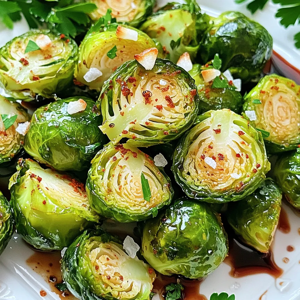 To make Air Fryer Garlic Brussels Sprouts, gather these fresh and tasty ingredients: - 1 lb Brussels sprouts, trimmed and halved - 3 tablespoons olive oil - 4 cloves garlic, minced - 1 teaspoon garlic powder - 1 teaspoon smoked paprika - Salt and pepper to taste - 2 tablespoons balsamic glaze (optional) - Fresh parsley, chopped (for garnish) Each ingredient plays a key role in creating crispy, flavorful Brussels sprouts. The Brussels sprouts give a nice crunch, while the olive oil helps them crisp up in the air fryer. Garlic adds a strong, savory punch that makes these sprouts hard to resist. Garlic powder and smoked paprika enhance the flavor, creating a delightful smoky taste. Lastly, salt and pepper round out the seasoning. If you want a touch of sweetness, the balsamic glaze adds depth. Fresh parsley not only looks great, but it also adds a fresh hint to the dish. Pair these ingredients together, and you’ll have a winning side dish that everyone will love. First, set your air fryer to 375°F (190°C). This step is key for getting that crispy finish. A hot air fryer helps the Brussels sprouts cook evenly. In a large mixing bowl, combine the halved Brussels sprouts with: - 3 tablespoons olive oil - 4 cloves garlic, minced - 1 teaspoon garlic powder - 1 teaspoon smoked paprika - Salt and pepper to taste Toss everything well. You want the sprouts to be coated evenly with the oil and spices. This ensures they will be flavorful and tasty. Now, place the Brussels sprouts in the air fryer basket. Make sure they are in a single layer. This helps them cook crispy. Depending on your air fryer size, you might need to cook in batches. Air fry for 12-15 minutes. Remember to shake the basket halfway through. This action helps them cook evenly and become crispy all around. When finished, the Brussels sprouts should be golden and tender. If you want to add a touch of sweetness, drizzle with balsamic glaze after cooking. Toss gently to mix. Finally, garnish with fresh parsley for a pop of color and flavor. Enjoy your crispy delight! Cooking Brussels sprouts in a single layer is key. This method allows hot air to reach all the sides. When you stack them, some parts steam instead of crisp. If your air fryer is small, cook in batches. This ensures every sprout gets that golden crunch. You can boost the flavor of your Brussels sprouts. Try adding different seasonings like lemon zest or red pepper flakes. For a unique taste, sprinkle some parmesan cheese on top before serving. If you like a sweet touch, drizzle extra balsamic glaze. Fresh herbs like thyme or rosemary also add a lovely aroma. These crispy Brussels sprouts pair well with many dishes. Serve them alongside roasted chicken or grilled fish. They also work great on a salad or as a snack. For a colorful plate, add cherry tomatoes or pomegranate seeds. This makes your meal look as good as it tastes. {{image_2}} You can mix up the taste of your Air Fryer Garlic Brussels Sprouts easily. Try adding spices like cayenne pepper for heat or lemon zest for brightness. Fresh herbs like thyme or rosemary can also enhance the flavor. Just sprinkle them in when mixing your ingredients. The beauty of this dish is you can make it your own. Want to make it vegan? Simply skip the balsamic glaze or use a vegan option. This dish is naturally low-carb, thanks to the Brussels sprouts. You can enjoy them without any guilt while keeping your goals in mind. Just remember to check all labels if you're avoiding certain ingredients. Brussels sprouts come in different sizes. If you have larger ones, they may need extra cooking time. For smaller sprouts, cut the cooking time a bit. Always check for doneness by piercing them with a fork. They should be tender yet crisp. Adjusting the time can help you get the perfect bite every time. To store your leftover air fryer garlic Brussels sprouts, let them cool first. Place them in an airtight container. This keeps them fresh and tasty. Store them in the fridge for up to three days. When you're ready to eat, the flavors will still be great. To reheat your Brussels sprouts, use your air fryer again. Set it to 350°F (175°C). Cook for about 5 to 7 minutes. This method keeps them crispy. You can also use a skillet. Heat on medium heat, stirring often, for about 5 minutes. This way, they stay tasty and crunchy. You can freeze cooked Brussels sprouts, but they may lose some crispiness. First, let them cool completely. Place them in a freezer-safe bag or container. Squeeze out as much air as you can. Label the bag with the date. They can stay in the freezer for up to three months. When you're ready to eat, thaw them overnight in the fridge. Reheat them in the air fryer to bring back some crunch. To reduce the bitterness, try these tips: - Trim off the ends and remove any yellow leaves. - Soak them in cold water for 30 minutes. - Roast with olive oil and garlic for added flavor. - Add a touch of sweet ingredients, like honey or maple syrup. Cooking Brussels sprouts at high heat helps caramelize their natural sugars. This brings out a sweeter taste, balancing the bitterness well. Yes, you can use frozen Brussels sprouts! Here’s how to adjust: - Thaw the sprouts first. This helps them cook evenly. - Pat them dry to avoid excess moisture. - Increase the cooking time by a few minutes. Check for crispness. Frozen sprouts may not get as crispy as fresh, but they still taste great. You can use several tasty alternatives: - A mix of vinegar and honey works well. - Try a simple soy sauce or teriyaki sauce. - Lemon juice can add a nice tang. Each of these options gives your dish a different flavor. Experiment to find your favorite! This article covered the basics of cooking Brussels sprouts in an air fryer. You learned about the key ingredients and the step-by-step process. I shared tips for crispiness and flavor boosts. Variations cater to different tastes or diets, and storage tips help keep extras fresh. In conclusion, these techniques let you enjoy tasty, healthy Brussels sprouts any time. Experiment and find your favorite way to serve them. Happy cooking!