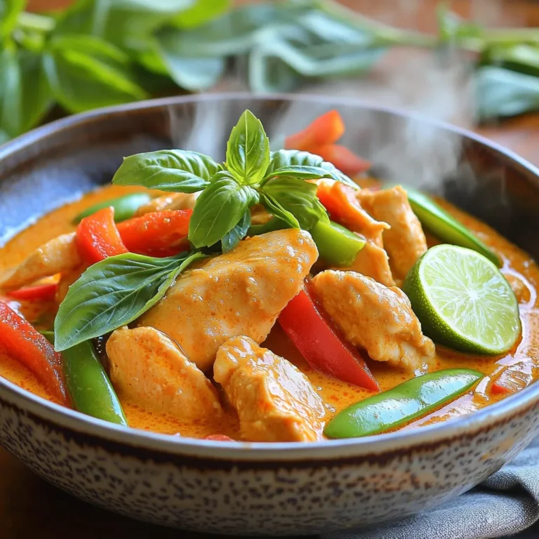 To make Thai red curry chicken, gather these ingredients: - 1 lb (450g) boneless chicken thighs, cut into bite-sized pieces - 1 can (13.5 oz) coconut milk - 3 tablespoons Thai red curry paste - 1 tablespoon fish sauce - 2 tablespoons brown sugar - 1 red bell pepper, sliced - 1 cup snap peas - 1 cup bamboo shoots, drained - 1 tablespoon fresh ginger, grated - 1 tablespoon garlic, minced - 2 tablespoons vegetable oil - Fresh basil leaves, for garnish - Lime wedges, for serving The magic of this dish lies in its rich flavors. The Thai red curry paste adds depth. It mixes spices and herbs like lemongrass, galangal, and chili. Coconut milk brings creaminess and balances the spice. Fish sauce adds umami, while brown sugar gives a hint of sweetness. Fresh ginger and garlic boost the aroma and taste. The vegetables add crunch and color, making each bite exciting. You can swap some ingredients if needed. For chicken, use boneless chicken breasts or tofu for a vegetarian option. If you don't have coconut milk, almond or soy milk can work but may change the flavor. You can use soy sauce instead of fish sauce for a plant-based option. If red bell peppers are out, try yellow or green peppers. Fresh ginger can be replaced with ground ginger, but use less. Gather your ingredients first. This makes cooking smooth and easy. You will need: - 1 lb boneless chicken thighs, cut into bite-sized pieces - 1 can coconut milk - 3 tablespoons Thai red curry paste - 1 tablespoon fish sauce - 2 tablespoons brown sugar - 1 red bell pepper, sliced - 1 cup snap peas - 1 cup bamboo shoots, drained - 1 tablespoon fresh ginger, grated - 1 tablespoon garlic, minced - 2 tablespoons vegetable oil - Fresh basil leaves, for garnish - Lime wedges, for serving Wash and slice the bell pepper. Grate the ginger and mince the garlic. This prep makes the cooking process quick. Start by heating the vegetable oil in a large skillet or wok over medium heat. Once hot, add the minced garlic and grated ginger. Cook for about 30 seconds until fragrant. This step adds great flavor. Next, add the chicken pieces to the skillet. Sauté them for about 5-7 minutes until they brown and nearly cook through. Then, stir in the Thai red curry paste. Make sure it coats the chicken evenly and cook for another minute. Pour in the coconut milk, fish sauce, and brown sugar. Stir well to mix and bring to a gentle simmer. This is where the magic happens! Once simmering, add the sliced red bell pepper, snap peas, and bamboo shoots. Cook for an additional 5-7 minutes. You want the veggies to be tender but still bright. Taste the curry. This is your chance to make it perfect! If it needs more salt, add more fish sauce. If it's too salty, add a bit more brown sugar. You can adjust it to fit your taste. After adjusting, remove the skillet from heat. Sprinkle fresh basil leaves on top. This adds a nice pop of color and flavor. Enjoy your meal! To get that rich taste, use fresh ingredients. Fresh ginger and garlic make a big difference. Choose high-quality coconut milk for creaminess. It adds depth to the dish. When adding the red curry paste, let it cook briefly. This helps release the flavors. Taste as you go. Adjust fish sauce and sugar to balance the dish. For a kick, add a bit of lime juice at the end. Don’t rush your cooking. Sautéing garlic and ginger too fast can burn them. This will make your curry taste bitter. Also, avoid overcooking the chicken. Cook it just until browned and nearly done. This keeps it juicy. Be careful with the vegetables; they should stay bright and crisp. If you add them too early, they can become mushy. A large skillet or wok works best for this recipe. Use a heavy-bottomed pan to ensure even cooking. A good wooden spoon helps to stir everything without scratching your pan. For grating ginger, a microplane is handy and quick. Finally, a sharp knife is key for easy chopping. Having the right tools makes cooking easier and more fun. {{image_2}} You can change the protein in this dish easily. Chicken thighs are great, but try shrimp or tofu. If you want beef, use thinly sliced flank steak. For a lighter option, choose turkey. Each protein adds a unique taste and texture. You can mix up the veggies too. Broccoli, carrots, or zucchini work well. Add them in with the other vegetables. Feel free to use frozen veggies if fresh ones aren't available. Just cook them until they're tender but still bright. To make this dish vegan or vegetarian, swap the chicken for tofu or chickpeas. Use vegetable broth instead of fish sauce. Find a vegan red curry paste to keep the flavors. Coconut milk is already vegan, so you're good to go! Store any leftover Thai red curry chicken in a sealed container. It keeps well in the fridge for up to three days. Let the curry cool down before placing it in the fridge. This helps keep the flavor fresh. To reheat the curry, place it in a saucepan over low heat. Stir often to avoid burning. You can also use the microwave. Heat in short intervals, stirring in between, until it’s warm throughout. Add a splash of coconut milk to revive the creaminess. You can freeze Thai red curry chicken for up to three months. Portion it into airtight containers or freezer bags. Make sure to remove as much air as possible. Thaw the curry in the fridge overnight before reheating. Yes, you can make this dish ahead of time. Cook the curry and let it cool. Store it in the fridge for up to three days. Reheat it gently on the stove before serving. This allows the flavors to blend even more, making it taste even better! You can serve this curry with several sides. Here are some great options: - Jasmine rice - Rice noodles - Quinoa - Steamed vegetables - Fresh salad These sides will soak up the delicious sauce and balance the meal. The spice level varies based on the curry paste you use. Thai red curry is generally mild to medium. If you like it hotter, add more curry paste or fresh chili. If you prefer less heat, use less paste. Adjust it to your taste! Yes, you can use different types of curry paste. Green or yellow curry paste works well too. Each paste has a unique flavor. Green is usually spicier, while yellow is milder. Feel free to explore and find your favorite! This article covered the key ingredients, cooking steps, and tips for making Thai red curry chicken. You learned about flavor components and substitutions. I shared easy steps for perfecting your dish and avoiding common mistakes. You also saw variations for proteins and vegetables, plus how to store leftovers. Cooking this dish can be fun and rewarding. Use these tips to enjoy great flavors and impress everyone at your table. Enjoy your time in the kitchen!
